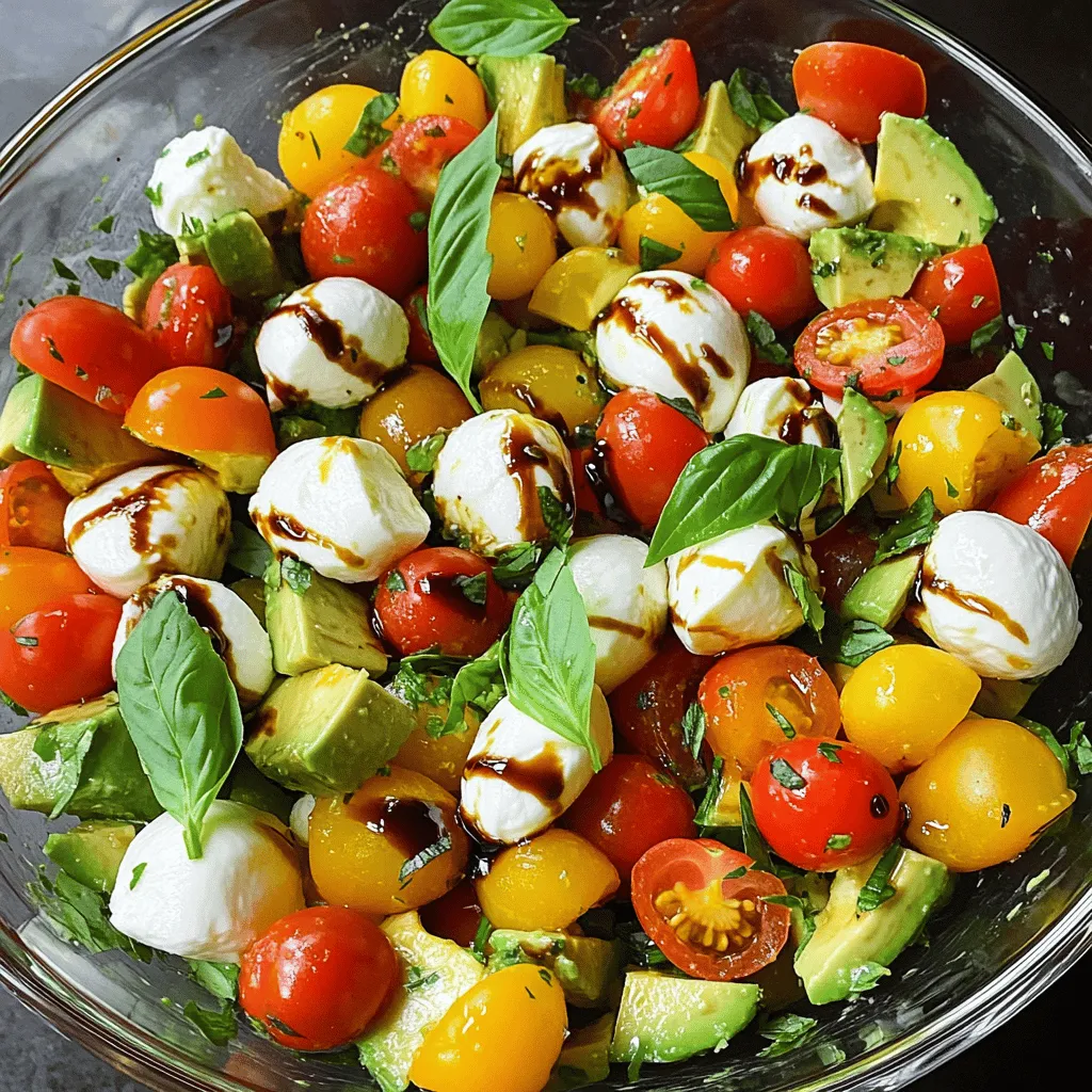 - 2 ripe avocados, diced - 2 cups cherry tomatoes, halved - 1 cup fresh mozzarella balls (bocconcini) - 1 cup fresh basil leaves, torn - 3 tablespoons extra virgin olive oil - 1 tablespoon balsamic glaze - Salt and pepper to taste - Large mixing bowl - Serving plates When you make a Caprese Avocado Salad, focus on freshness. Use ripe avocados for a creamy texture. Cherry tomatoes should be sweet and bright. Fresh mozzarella adds a delightful chewiness. The torn basil leaves bring a fragrant note. The dressing is simple yet flavorful. Extra virgin olive oil offers richness. Balsamic glaze adds sweetness and tang. Salt and pepper enhance all the flavors. To mix everything, grab a large bowl. This helps toss the ingredients gently. Make sure not to mash the avocados. Serve it on plates to show off the colors. For the full recipe, refer to the Caprese Avocado Salad instructions. 1. In a large bowl, combine diced avocados and halved cherry tomatoes. 2. Add fresh mozzarella balls to the bowl. 3. Toss gently to mix these ingredients. Be careful not to mash the avocados. 1. Next, add torn basil leaves into the bowl. 2. Drizzle extra virgin olive oil over the salad. 3. Follow with a drizzle of balsamic glaze. 4. Season with salt and pepper to taste. 1. Allow the salad to sit for a few minutes. This helps the flavors meld together. 2. Serve immediately for the best taste. Enjoy this fresh delight! For the full recipe, check out the earlier section! Choosing the right ingredients is key to a tasty Caprese Avocado Salad. Here are some tips: - Ripe avocados: Look for avocados that yield slightly when you press them. They should feel soft, but not mushy. If they are hard, leave them at room temperature for a few days. - Fresh mozzarella: Select mozzarella balls that are plump and moist. If possible, choose the ones packed in water. This keeps them fresh and tasty. - Sweet cherry tomatoes: Pick bright, plump tomatoes with smooth skin. Give them a little squeeze; they should feel firm yet slightly soft. If you can, buy them in a variety of colors for a vibrant salad. How you present your salad can make a big difference. Here’s how to serve it: - Presentation: Use a clear glass bowl to show off the colors. You can also plate the salad individually for a more elegant touch. - Pairings: Serve this salad with grilled chicken or fish for a full meal. It also pairs well with crusty bread or a light pasta dish. - Temperature: Serve the salad fresh and cool. It tastes best at room temperature or slightly chilled. You can boost the flavor of your salad in many ways. Here are some ideas: - Extra herbs: Consider adding fresh herbs like dill or chives for a unique twist. They can elevate the taste and add freshness. - Alternative dressings: Try a citrus vinaigrette or a yogurt-based dressing for a different flavor profile. These options can add a fun new taste. - Optional garnishes: A sprinkle of crushed red pepper or some toasted nuts can add a nice crunch and flavor. These garnishes can make your salad look even more appealing. For the full recipe, check out the Caprese Avocado Salad section. {{image_2}} You can make this salad your own with some simple swaps. Try using heirloom or grape tomatoes for a different taste. Heirloom tomatoes add unique colors and flavors. Grape tomatoes are sweeter and smaller, making them fun to eat. Instead of mozzarella, you can use burrata. Burrata is creamier and adds a rich flavor to the dish. It melts in your mouth and pairs nicely with the other ingredients. Feel free to mix in other greens like arugula or spinach. Arugula has a peppery bite that contrasts well with the creamy avocado. Spinach adds a mild flavor while boosting nutrition. If you want to make this salad dairy-free, just skip the cheese. You can use a dairy-free mozzarella or leave it out completely. The salad will still taste fresh and delicious. For vegan options, replace the mozzarella with grilled zucchini or marinated tofu. Both add great texture and flavor. They keep the salad hearty without any animal products. This salad is naturally gluten-free. You can enjoy it without worry if you are avoiding gluten. Just make sure your balsamic glaze does not contain any gluten. Want to amp up the flavor? Add protein like grilled chicken or shrimp. Both options make the salad more filling and add a savory touch. Nuts or seeds can add a nice crunch. Try adding sliced almonds or pumpkin seeds. They give the salad a delightful texture and boost nutrition. You can also toss in fruits like mango or peaches for a sweet twist. Their juicy flavors complement the creamy avocado and tangy dressing perfectly. To keep your Caprese Avocado Salad fresh, store it in an airtight container. This helps prevent air from making the ingredients soggy. If you have leftover salad, place it in the fridge right away. Use a glass or plastic container with a tight lid. Avoid metal containers, as they can affect the salad's taste. In the fridge, your salad will stay fresh for about one to two days. After that, the avocado may turn brown, and the tomatoes can lose their crunch. Watch for signs that the salad has gone bad. If it smells sour or looks mushy, it's best to throw it out. If you have leftover ingredients, don't waste them! You can make a tasty dip by mashing the avocado with garlic and lime juice. Use leftover mozzarella in a grilled cheese sandwich for a twist. For excess tomatoes, toss them into pasta or mix them into a soup. Get creative and use what you have! For the full recipe, refer to the Caprese Avocado Salad section above. Yes, you can prepare Caprese Avocado Salad ahead of time. I recommend making it no more than two hours before serving. This will keep the avocados fresh and tasty. If you need to store it, cover the salad tightly with plastic wrap. Store it in the fridge. Avoid letting it sit too long, as the avocado may brown. If you don't have balsamic glaze, you can use balsamic vinegar instead. Just drizzle a little more vinegar over the salad. Another option is to mix balsamic vinegar with honey or maple syrup. This adds sweetness and thickness. You can also try lemon juice for a bright, zesty flavor. To stop avocados from browning, use fresh lemon or lime juice. Squeeze the juice over the diced avocados right after cutting them. This helps slow down browning. You can also keep the pit in the salad until serving. It helps keep some of the avocado from turning brown too fast. This blog post covered a fresh Caprese Avocado Salad perfect for any meal. You learned how to choose the best ingredients, from ripe avocados to sweet cherry tomatoes. We walked through easy preparation steps and shared tips for flavor enhancements and storage. In the end, this salad offers endless possibilities for fun variations. Enjoy making it your own and delight in every bite. It's simple to prepare, tasty, and sure to please everyone at the table.