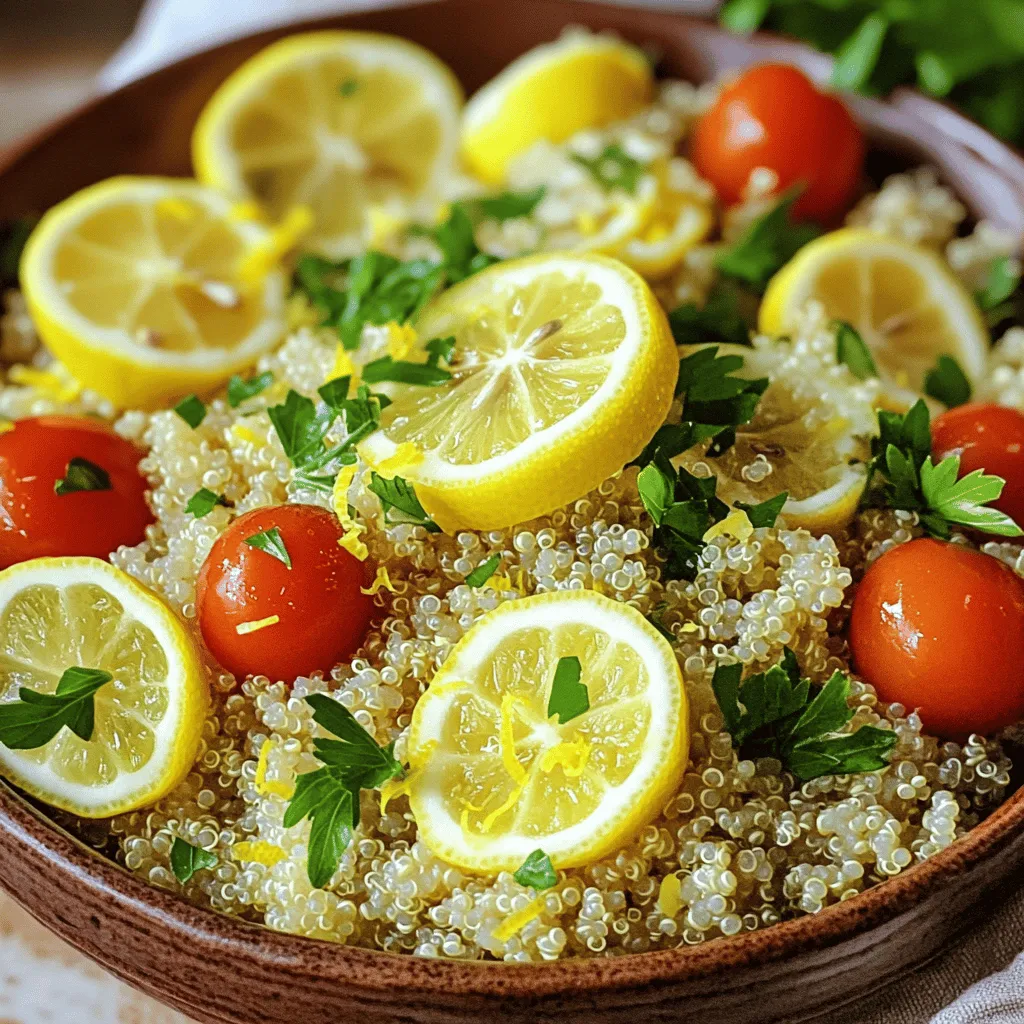 Cooking Lemon Herb Quinoa is easy. You need fresh and simple ingredients. Here’s what you will need: - Quinoa and Broth - 1 cup quinoa, rinsed - 2 cups vegetable broth - Aromatics: Onion and Garlic - 1 small red onion, finely chopped - 2 cloves garlic, minced - Fresh Produce: Lemon, Tomatoes, and Herbs - 1 lemon (zested and juiced) - 1 cup cherry tomatoes, halved - 1/2 cup fresh parsley, chopped - 1/4 cup fresh mint, chopped - Seasoning Essentials - 1 tablespoon olive oil - Salt and pepper to taste Each ingredient adds brightness to the dish. The vegetable broth gives flavor. The lemon adds a zesty touch. Fresh herbs make it fragrant. Cherry tomatoes add sweetness. This mix makes the dish healthy and tasty. You can find the full recipe above for more details. Cooking the Quinoa To cook the quinoa, start with a medium saucepan. Bring 2 cups of vegetable broth to a boil over medium-high heat. Once boiling, add 1 cup of rinsed quinoa. Lower the heat to low, cover, and simmer for about 15 minutes. You will know it’s ready when the liquid is absorbed and the quinoa is fluffy. Steaming and Resting After cooking, remove the saucepan from heat. Let it sit covered for 5 minutes. This helps the quinoa steam and become even more tender. Fluff it gently with a fork before adding it to the dish. Sautéing the Onion and Garlic In a skillet, heat 1 tablespoon of olive oil over medium heat. Add 1 small chopped red onion and cook until it turns translucent, about 5 minutes. Stir in 2 minced garlic cloves and cook for 1-2 minutes until fragrant. This mix adds a nice depth to your dish. Adding Cherry Tomatoes Next, add 1 cup of halved cherry tomatoes to the skillet. Cook them for about 3-4 minutes until they soften a little. These tomatoes bring a burst of flavor and color to the dish. Mixing Quinoa with Vegetables Once the tomatoes are ready, fluff the cooked quinoa again. Add it to the skillet with the onion, garlic, and tomatoes. Stir everything together so the flavors blend well. Adding Lemon Juice and Herbs Next, pour the lemon juice from 1 lemon and add the lemon zest. Toss in 1/2 cup of chopped parsley and 1/4 cup of chopped mint. Mix everything until well combined. Season it with salt and pepper to taste. This step brightens the dish and makes it truly refreshing. For the complete cooking details, check out the Full Recipe. Rinsing Before Cooking Always rinse quinoa before cooking. This step removes bitter saponins from the outer layer. Just place quinoa in a fine mesh strainer. Rinse under cold water for a minute. You’ll notice a cleaner flavor after cooking. Ensuring Proper Water Ratio For great texture, use a 2:1 water-to-quinoa ratio. This means two cups of water for each cup of quinoa. Using vegetable broth instead of water boosts flavor. Let it boil, then reduce the heat and cover. This helps the quinoa cook evenly and makes it fluffy. Using Fresh Herbs vs. Dried Fresh herbs bring a bright taste to your dish. I love using parsley and mint in Lemon Herb Quinoa. If fresh herbs are not available, dried herbs work too, but use less. Dried herbs are more potent, so adjust to taste. Adjusting Lemon Juice to Taste The lemon juice adds zest and brightness. Start with the juice of half a lemon. Taste it, and if you want more tang, add more juice. This way, you control the sourness. Ideal Pairings for Lemon Herb Quinoa Lemon Herb Quinoa pairs well with grilled chicken, fish, or roasted veggies. It’s a great side dish or a light main course. You can also add chickpeas for extra protein. This makes it filling and healthy! Presentation Tips Serve Lemon Herb Quinoa in a large bowl or individual plates. Garnish with lemon slices and a sprinkle of fresh herbs. This adds color and makes the dish look appealing. Your guests will love it! For the full recipe, follow the steps provided earlier. {{image_2}} Adding protein can make your Lemon Herb Quinoa even better. You can use chickpeas or lentils. These plant-based options boost fiber and keep you full. They blend well with the lemon and herbs. You can also add grilled chicken or shrimp. These meats bring a savory taste. The flavors of lemon and herbs work nicely together. Feel free to experiment with your favorite proteins. You can change the flavor profile by using different herbs. Try basil, cilantro, or dill to mix things up. Each herb adds its own unique taste. This keeps the dish exciting and fresh. Replacing lemon with lime is another great option. Lime gives a zesty twist. The bright flavor pairs well with the quinoa. You can adjust the acidity to your liking. For gluten-free options, use quinoa as your base. Quinoa is naturally gluten-free and safe for those with sensitivities. It makes this dish a great choice for everyone. If you want vegan alternatives, keep the recipe as is. It is already plant-based. You can swap out any animal products while keeping it healthy. This dish is versatile and meets various dietary needs. I recommend checking the Full Recipe for more details on preparation. To keep your Lemon Herb Quinoa fresh, store it in the fridge. Place it in a container with a lid. This helps prevent drying out. Quinoa can last for about 3 to 5 days in the fridge. Use glass or plastic containers for storage. Glass containers are great for keeping flavors in. Make sure the container is airtight for best results. When reheating, fluff the quinoa to keep it light. You can use a microwave or stovetop. Add a splash of water before heating. This helps create steam. Fluff gently with a fork after reheating. The microwave is quick and easy. Heat for about 1 to 2 minutes. The stovetop takes longer but offers better texture. Heat on low for about 5 minutes, stirring occasionally. To freeze quinoa, let it cool first. Place it in a freezer-safe bag. Remove as much air as possible before sealing. Label the bag with the date. Quinoa can last up to 3 months in the freezer. Thaw in the fridge overnight for best results. You can also reheat directly from frozen. Use the stovetop method with a little water for best fluffiness. For the Full Recipe, visit the recipe section above! The cooking ratio for quinoa is 1 cup of quinoa to 2 cups of liquid. This liquid can be broth or water. The ratio helps the quinoa cook evenly and absorb the flavors, making it tasty. Cooked quinoa lasts about 5 days in the fridge. Store it in an airtight container. This keeps it fresh and safe to eat later. If you notice any off smells, it’s best to toss it out. Yes, you can use water instead of broth. However, using broth adds more flavor. If you want a milder taste, water is a good choice. Add a pinch of salt to enhance the flavor. Quinoa is a healthy choice. It is high in protein and fiber. It is also gluten-free, making it a great option for many diets. Quinoa contains many vitamins and minerals, which are good for your body. To make quinoa fluffier, rinse it well before cooking. This removes any bitter coating. Use the correct water-to-quinoa ratio. After cooking, let it sit for a few minutes. Fluff it gently with a fork before serving. Lemon Herb Quinoa is a bright and tasty dish. This recipe blends fresh flavors with wholesome ingredients. You will enjoy how easy it is to make this dish. First, you start by rinsing 1 cup of quinoa. This step helps remove any bitterness. Next, bring 2 cups of vegetable broth to a boil. Once it bubbles, add the quinoa. Lower the heat and cover the pot. Let it simmer for about 15 minutes. The quinoa will absorb the broth and become fluffy. While the quinoa cooks, heat 1 tablespoon of olive oil in a skillet. Add 1 small red onion, chopped finely. Sauté it until it turns soft and translucent. Then, add 2 cloves of minced garlic. Cook until you smell the garlic aroma. Now, it’s time to add color! Toss in 1 cup of halved cherry tomatoes. Stir them for about 3 to 4 minutes. They should soften but not turn mushy. Once the quinoa is ready, fluff it with a fork. Combine it with the sautéed veggies in the skillet. Squeeze the juice of 1 lemon and add its zest. Mix in 1/2 cup of chopped parsley and 1/4 cup of chopped mint. These herbs bring a fresh taste to the dish. Lastly, season with salt and pepper. Taste it and adjust as needed. Serve the Lemon Herb Quinoa warm. You can garnish it with lemon slices and extra herbs for a lovely look. This dish is perfect for a healthy meal or a side. Enjoy this easy yet flavorful recipe! This blog post explored how to make delicious Lemon Herb Quinoa. We discussed key ingredients like quinoa, broth, and fresh produce. I provided step-by-step instructions for cooking quinoa and making a tasty vegetable mix. You learned tips for perfecting texture and flavor. We also covered variations to add protein or change flavors, plus how to store leftovers. With these steps, you can create a dish that's healthy and exciting. Enjoy trying new ideas and making this recipe your own!