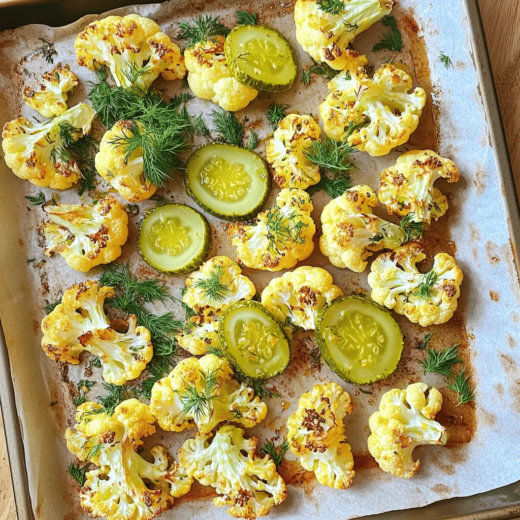 - 1 large head of cauliflower, cut into florets - 1 tablespoon olive oil - 1 tablespoon pickle juice - 1 tablespoon ranch seasoning - 1 teaspoon garlic powder - ½ teaspoon onion powder - Salt and pepper to taste - Fresh dill or parsley for garnish - Optional: Sliced pickles for topping The ingredients for Pickle Ranch Roasted Cauliflower are simple yet flavorful. You start with a large head of cauliflower, cut into bite-sized florets. This form helps the cauliflower cook evenly and become crispy. Next, you’ll need olive oil, which adds a rich flavor and helps the seasonings stick. Pickle juice adds a tangy punch, making this dish unique. Ranch seasoning is the star here. It mixes with garlic powder and onion powder to create a savory base. Salt and pepper add extra flavor, so taste as you go. For a burst of color and freshness, garnish with dill or parsley after roasting. If you want to take it up a notch, add sliced pickles on top for a fun twist. This dish is perfect for a snack or a side. You can find the complete method in the Full Recipe section. - Preheat oven to 425°F (220°C). - Line a baking sheet with parchment paper. Start by heating your oven. The high temperature helps the cauliflower get crispy. Lining the baking sheet makes cleanup easy. You do not want to miss out on that crunchy texture! - Combine olive oil, pickle juice, ranch seasoning, garlic powder, onion powder, salt, and pepper. In a big bowl, mix the olive oil, pickle juice, ranch seasoning, garlic powder, onion powder, salt, and pepper. This marinade gives the cauliflower its tasty kick. The pickle juice adds a nice tang that works so well with the ranch flavor. - Toss cauliflower florets in the pickle ranch mixture. - Spread cauliflower evenly on the baking sheet. Add the cauliflower florets to your bowl. Toss them well in the pickle ranch mixture until they are all coated. Next, spread the florets in a single layer on your baking sheet. This step ensures even roasting and crispiness. - Roast for 25-30 minutes, stirring halfway. - Check for tenderness and golden brown spots. Put the baking sheet in the oven and roast for 25-30 minutes. Stir the cauliflower halfway through. This helps it cook evenly. When done, it should be tender with golden brown spots. That’s when you know it’s ready to enjoy! To boost the taste of your Pickle Ranch Roasted Cauliflower, you can add more ranch seasoning. This gives your dish a stronger, more zesty flavor. You can also try different pickle brines. Each brine adds a unique twist, making your dish interesting and new. Cut the cauliflower florets evenly. This helps them cook at the same rate. A high oven heat is key for a crispy texture. Roast your cauliflower at 425°F (220°C) for the best results. The high heat helps achieve that perfect crunch. This dish works well as a side, snack, or appetizer. You can serve it with dipping sauces like ranch or spicy mayo. The extra sauce enhances the flavor and makes it even more enjoyable. For a fun twist, top with fresh dill or sliced pickles before serving. This adds color and extra taste, making the dish pop. For the complete experience, check out the Full Recipe. {{image_2}} You can change the flavor of your Pickle Ranch Roasted Cauliflower easily. Try adding smoked paprika for a rich, smoky taste. If you like heat, substitute cumin or cayenne pepper. These spices add warmth and depth to the dish. You don’t have to stick with just cauliflower. Broccoli or Brussels sprouts work great too! You can also mix different veggies for a colorful dish. Cut them into similar sizes so they cook evenly. If you need a vegan or gluten-free dish, check your ranch seasoning. Many brands offer gluten-free options. For a plant-based version, use vegan ranch. This way, everyone can enjoy this tasty treat! For the full recipe, click [Full Recipe]. Store any leftover Pickle Ranch Roasted Cauliflower in an airtight container. This keeps it fresh and tasty. Aim to eat it within 3-4 days for the best flavor. After that, it may lose some of its crunch and zest. You can freeze the uncooked coated cauliflower if you want to save it for later. It’s a great way to have a quick snack or side dish ready. Just place the florets on a baking sheet and freeze until solid. Then, transfer them to a freezer bag. When you’re ready to eat, roast them straight from the freezer, adding a few extra minutes to the cooking time. If you have cooked cauliflower left, you can reheat it in the oven or an air fryer. This way, it stays crispy and delicious! Approximately 25-30 minutes at 425°F (220°C). This time gives you a nice, crisp texture. Yes, you can prepare and roast it in advance. Just store it properly in the fridge. You can use a mix of dried herbs such as dill, chives, and garlic powder. This blend gives a fresh taste. Yes, it’s low in carbs. This makes it perfect for your keto-friendly meals. Combine dried herbs, garlic powder, onion powder, and buttermilk powder for a DIY blend. This way, you control the flavor. Yes, you can sprinkle cheese on the cauliflower during the last few minutes of roasting. This gives it a cheesy twist. This recipe showcases how to make roasted cauliflower with a tangy pickle ranch flavor. You learned about key ingredients, how to prepare them, and important tips for the best taste and texture. I encourage you to experiment with seasonings and different vegetables. Whether as a side dish or snack, this dish is fun and easy to make. Enjoy your cooking adventure, and don’t hesitate to share your results!