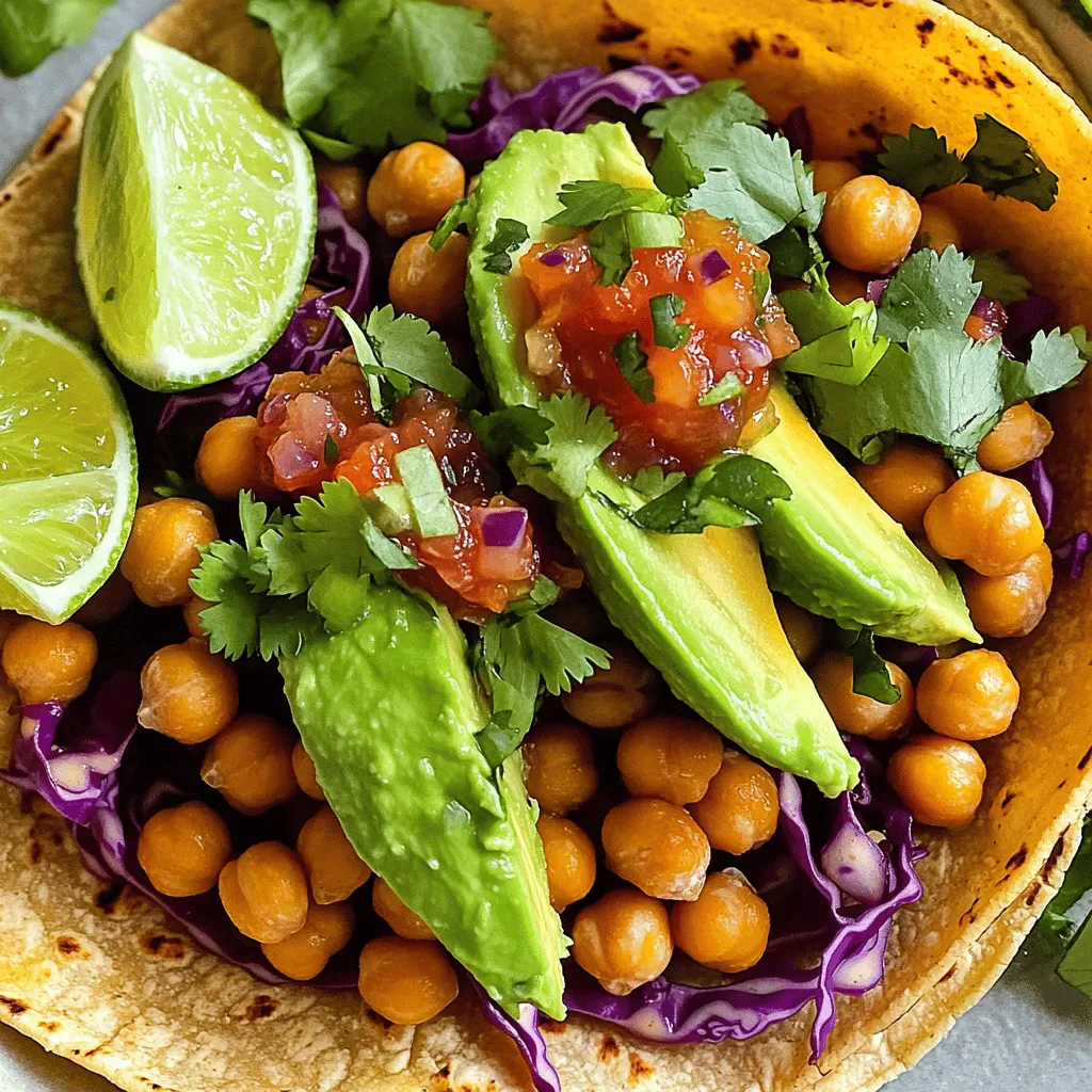 - 1 can (15 oz) chickpeas, drained and rinsed - 1 tablespoon olive oil - 1 teaspoon ground cumin - 1 teaspoon smoked paprika - ½ teaspoon garlic powder - ½ teaspoon onion powder - Salt and pepper to taste - 8 small corn or flour tortillas To make crispy chickpea tacos, start with the chickpeas. They create the base of your taco. Drain and rinse one 15 oz can of chickpeas. This step removes excess sodium and makes them clean. Next, toss them in a bowl with olive oil and spices. I love using ground cumin and smoked paprika for flavor. Garlic and onion powder add depth, while salt and pepper balance the taste. Now, let's talk about tortillas. Choose between corn or flour. They hold the crispy chickpeas and toppings well. Warm them up in a skillet for a few seconds. This makes them soft and easy to fold. - 1 ripe avocado, sliced - 1 cup shredded cabbage (green or purple) - ½ cup fresh cilantro, chopped - ½ cup salsa or pico de gallo Fresh toppings add color and taste. I love ripe avocado for creaminess. It contrasts nicely with the crispy chickpeas. Shredded cabbage adds crunch and freshness. You can use green or purple cabbage, based on your choice. Cilantro brightens up the dish and adds a hint of herbiness. Finally, a spoonful of salsa or pico de gallo brings tangy goodness. - Lime wedges - Alternate protein sources Extras can elevate your tacos even more. Lime wedges add zesty flavor. A squeeze of fresh lime juice on top is a must! If you want alternatives, consider other protein sources. Black beans or lentils work well if you need a change. These options keep the meal healthy and satisfying. For the full recipe, check the [Full Recipe]. First, preheat your oven to 425°F (220°C). Grab a baking sheet and line it with parchment paper. This helps with easy cleanup. Now, let’s season the chickpeas. In a mixing bowl, combine the drained chickpeas, olive oil, ground cumin, smoked paprika, garlic powder, onion powder, salt, and pepper. Toss everything together until the chickpeas are well coated. This step is key for flavor. Next, spread the seasoned chickpeas in a single layer on the prepared baking sheet. Make sure they are not crowded. This helps them get crispy. Roast the chickpeas in the oven for 20-25 minutes. Halfway through, shake the pan to ensure even cooking. You want them golden brown and crunchy. Keep an eye on them to avoid burning! While the chickpeas roast, prepare your tortillas. Warm them in a dry skillet over medium heat for about 30 seconds on each side. This makes them soft and easy to fold. Once the chickpeas are crispy, take them out and let them cool slightly. Now, it’s taco time! Place a generous spoonful of crispy chickpeas on each tortilla. Top with sliced avocado, shredded cabbage, and fresh cilantro. For the final touch, add a spoonful of salsa or pico de gallo and squeeze some fresh lime juice on top. Enjoy your tasty creation! For the complete recipe, check [Full Recipe]. To get crispy chickpeas, start with dry ones. After rinsing, pat them dry. Moisture makes them soft. Use a high heat, around 425°F (220°C). Spread them out on the baking sheet. This helps with even roasting. Shake the pan halfway through to cook all sides. Avoid overcrowding; it makes them steam instead of roast. Common mistakes include not drying the chickpeas well. Another mistake is using low heat. It takes longer and may not crisp them up. Lastly, don’t skip the oil; it helps with browning. Layer your tacos smartly. Start with chickpeas, then add avocado and cabbage. This keeps the toppings from sliding off. Place cilantro on top for a fresh burst of flavor. For extra zing, add salsa last. To make your tacos look great, use colorful ingredients. Mix green cabbage with purple for a pop. Use lime wedges on the side for a nice touch. These tacos can easily fit many diets. For vegans, they are already perfect. Just make sure your tortillas are also vegan. If you need gluten-free options, use corn tortillas. They hold up well and taste great too. You can also try lettuce wraps for a low-carb choice. {{image_2}} You can spice up your chickpeas in fun ways. Adding cayenne pepper gives them a nice kick. You can also mix in chili powder or smoked salt for extra flavor. Fresh herbs like parsley or basil can brighten the taste. Try adding lemon zest for a fresh touch. Mix and match these spices to find your favorite blend. Tortillas come in many types, and each brings its own charm. You can use corn tortillas for a classic taste or flour tortillas for a softer bite. For a twist, try lettuce wraps for a low-carb option. You can also fill your tacos with roasted veggies or black beans for added texture. Consider adding cheese or sour cream for creaminess. Pair your crispy chickpea tacos with tasty side dishes. A simple rice salad or guacamole works well. You can also enjoy them with a side of roasted sweet potatoes. For garnishes, try fresh jalapeños or pickled onions. A sprinkle of feta cheese adds a nice salty bite too. These little touches make your meal even better. For the full recipe, check out the Crispy Chickpea Tacos recipe above. To keep leftover chickpeas fresh, store them in an airtight container. Place them in the fridge. They will stay good for about 3 to 5 days. If you want to keep them longer, freeze them. Spread the chickpeas on a baking sheet and freeze them first. Once frozen, transfer them to a freezer-safe bag. They can last up to 3 months in the freezer. When you are ready to eat, reheat them in the oven for crispness. Set your oven to 400°F (200°C). Bake for about 10 minutes. This will help regain their crunch. You can also use an air fryer for quick reheating. Just cook them for about 5 minutes at 375°F (190°C). Assembled tacos are best eaten fresh. However, if you have leftovers, wrap them tightly in foil. Place them in the fridge to keep them fresh for up to 1 day. Keep in mind that the tortillas may get soggy. To avoid this, store the components separately. For the tortillas, place them in a sealed bag to keep them soft. Store toppings like avocado and cabbage in separate containers. This will help maintain their texture and flavor. Chickpeas can last for years if stored dry. Once you open a can, use them within 3 to 4 days. Fresh veggies like avocado should be used within a few days. Signs of spoilage include browning and mushiness. Check the cabbage and cilantro as well. They last about 5 to 7 days in the fridge. Always inspect for wilting or an off smell. Keeping track of these shelf lives will help you enjoy your crispy chickpea tacos to the fullest. For the full recipe, check out the other sections. You can easily make these tacos gluten-free by choosing the right tortillas. Look for corn tortillas, as they are naturally gluten-free. Some brands also offer gluten-free flour tortillas. Check the labels to ensure they meet your needs. Yes, you can prepare the chickpeas ahead of time. Store them in an airtight container in the fridge for up to three days. To reheat, spread them on a baking sheet and bake them at 350°F (175°C) for about 10 minutes. This keeps them crispy. If you want to switch things up, you can try other legumes. Black beans or lentils work well. You can also use shredded chicken or tofu for a different protein source. Each option adds its own flavor and texture. To spice things up, add hot sauce to your tacos. Sriracha or chipotle sauce are great choices. You can also sprinkle red pepper flakes on top. For a kick, mix jalapeños into your salsa or pico de gallo. Crispy chickpea tacos are easy and fun to make. Start with roasted chickpeas, tasty toppings, and fresh tortillas. Follow the steps we covered for perfect texture and flavor. Don't hesitate to play with spices and fillings to match your taste. Enjoy customizing each taco, whether you're vegan or gluten-free. With these simple tips for storage and reheating, your tacos can stay fresh. Now, get cooking and bring your friends together for a tasty meal!