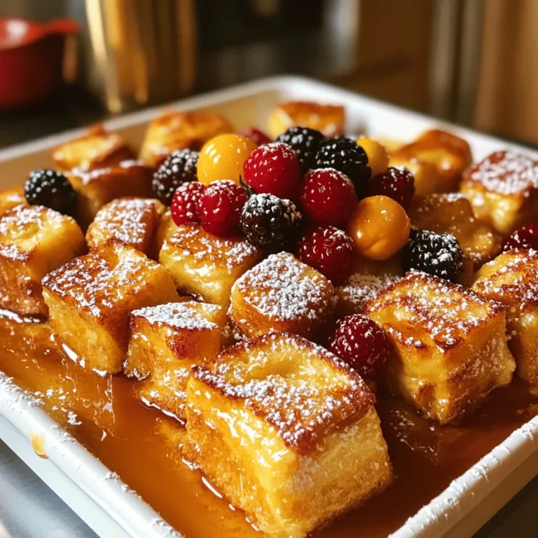 - 1 loaf of brioche bread, cut into 1-inch cubes - 6 large eggs - 2 cups whole milk - 1/2 cup granulated sugar - 1 tablespoon vanilla extract - 1 teaspoon ground cinnamon - 1/4 teaspoon nutmeg - 1/4 teaspoon salt - 1/2 cup maple syrup (for drizzling) - Fresh berries (for garnish) - Powdered sugar (for dusting) You can switch the brioche for challah or whole wheat bread. For a dairy-free version, try almond or oat milk. Use agave or honey instead of sugar if you want a different sweetener. Using fresh and high-quality ingredients makes a big difference. Good brioche gives a soft, rich base. Fresh eggs add creaminess. Whole milk enhances flavor and texture. Quality spices like cinnamon and nutmeg bring warmth. Each ingredient plays a role in making your casserole taste amazing. First, preheat your oven to 350°F (175°C). This temperature helps the casserole cook evenly. While the oven heats, grease a 9x13-inch baking dish. You can use butter or cooking spray. This step stops the bread from sticking. Next, take your loaf of brioche bread and cut it into 1-inch cubes. Spread the bread evenly in the greased dish. This helps every piece get soaked. In a large bowl, whisk together 6 large eggs, 2 cups of whole milk, and 1/2 cup of granulated sugar. Add 1 tablespoon of vanilla extract, 1 teaspoon of ground cinnamon, 1/4 teaspoon of nutmeg, and 1/4 teaspoon of salt. Mix until smooth. Pour this egg mixture over the bread, covering every piece. Press down gently with a spatula to help the bread absorb the liquid. Once everything is soaked, cover the baking dish with plastic wrap or aluminum foil. Refrigerate it for at least 2 hours. If you have time, let it sit overnight. This gives the bread more flavor. When you are ready to bake, take the dish out and let it sit for about 15 minutes to warm up. Then, place it in the oven. Bake uncovered for 35 to 40 minutes. Look for a golden brown top and a set center. Let the casserole cool slightly before serving. Drizzle with maple syrup and add fresh berries and powdered sugar on top. Enjoy this sweet morning treat! For the complete instructions, check the Full Recipe. Soaking your bread overnight is key. This step helps the bread soak up all the egg mixture. It makes each bite rich and flavorful. When bread sits, it absorbs the milk, eggs, and spices fully. This leads to a creamy texture that people love. If you are short on time, soak it for at least 2 hours. However, overnight is best for maximum flavor. To check if your casserole is done, look for two signs. First, the top should be golden brown. Second, the center must be set, not jiggly. You can insert a knife into the middle. If it comes out clean, it's ready. If not, let it bake a bit longer. Keep an eye on it to avoid overbaking. There are many fun ways to serve your French toast casserole. For a festive touch, dust it with powdered sugar. You can also drizzle warm maple syrup over the top. Fresh berries add color and taste, making the dish pop. Want to be fancy? Serve it with whipped cream or yogurt on the side. Each option makes it feel special and delicious! For the full recipe, check this out: [Full Recipe]. {{image_2}} You can make your French toast casserole even more fun. Adding chocolate chips is a sweet option. Mix in some chopped nuts for a great crunch. You can also add citrus zest, like lemon or orange, for a fresh twist. If you need gluten-free options, use gluten-free bread. For a vegan twist, swap eggs with flaxseed and milk with almond or oat milk. You can also reduce sugar or use a sugar-free sweetener for a low-sugar version. In summer, try adding fresh berries like strawberries or blueberries. They add color and flavor. In fall, spices like pumpkin pie spice or even apple slices can give your casserole a warm, cozy feel. These small changes can make each bite a new delight! To keep your French toast casserole fresh, store it in the fridge. Place it in an airtight container. If you want to freeze it, wrap it tightly in plastic wrap, then foil. This helps avoid freezer burn. Make sure to cool it completely before storing. This way, you keep the best taste and texture. When you want to enjoy your leftovers, reheat them in the oven. Preheat your oven to 350°F (175°C). Place the casserole in an oven-safe dish. Cover it with foil to keep it moist. Heat for about 20 minutes, or until hot. You can also use the microwave, but it may change the texture. If you microwave, cover the dish and heat in short bursts. Your French toast casserole lasts about 3-4 days in the fridge. If you freeze it, it can last up to 2-3 months. After that, the taste may change. Always check for any off smells or signs of spoilage before eating. For the best taste, enjoy it sooner rather than later. Yes, you can prepare this casserole the night before. Just follow the steps and cover it well. Place it in the fridge overnight. This gives the bread time to soak in the egg mixture. The next morning, just bake it. You’ll enjoy a tasty breakfast with little effort. Brioche bread is ideal for this casserole. It’s soft and sweet, making it perfect for soaking. You can also try challah or French bread. These types hold up well and give a great texture. Avoid using plain bread, as it may not absorb the flavors as well. Yes, you can use different kinds of milk. Almond, soy, or oat milk are good dairy-free choices. If you want a creamier texture, try whole milk or half-and-half. Just keep in mind that the flavor may change slightly, but it will still taste great. Many toppings work well with this casserole. Fresh berries add color and flavor. You can also use whipped cream for a rich touch. Nuts, like pecans or walnuts, add crunch. For a sweet twist, drizzle honey or chocolate sauce. Feel free to mix and match your favorites! In this blog post, we've covered how to make a delicious French toast casserole. We explored key ingredients like brioche and maple syrup, along with tasty substitutions. Quality ingredients boost flavor, making your dish special. You learned the step-by-step process, from prep to bake, plus tips for perfect results. Variations and storage tips help you customize and preserve your casserole. Remember, a bit of creativity can turn a simple dish into a favorite. Enjoy making this treat!