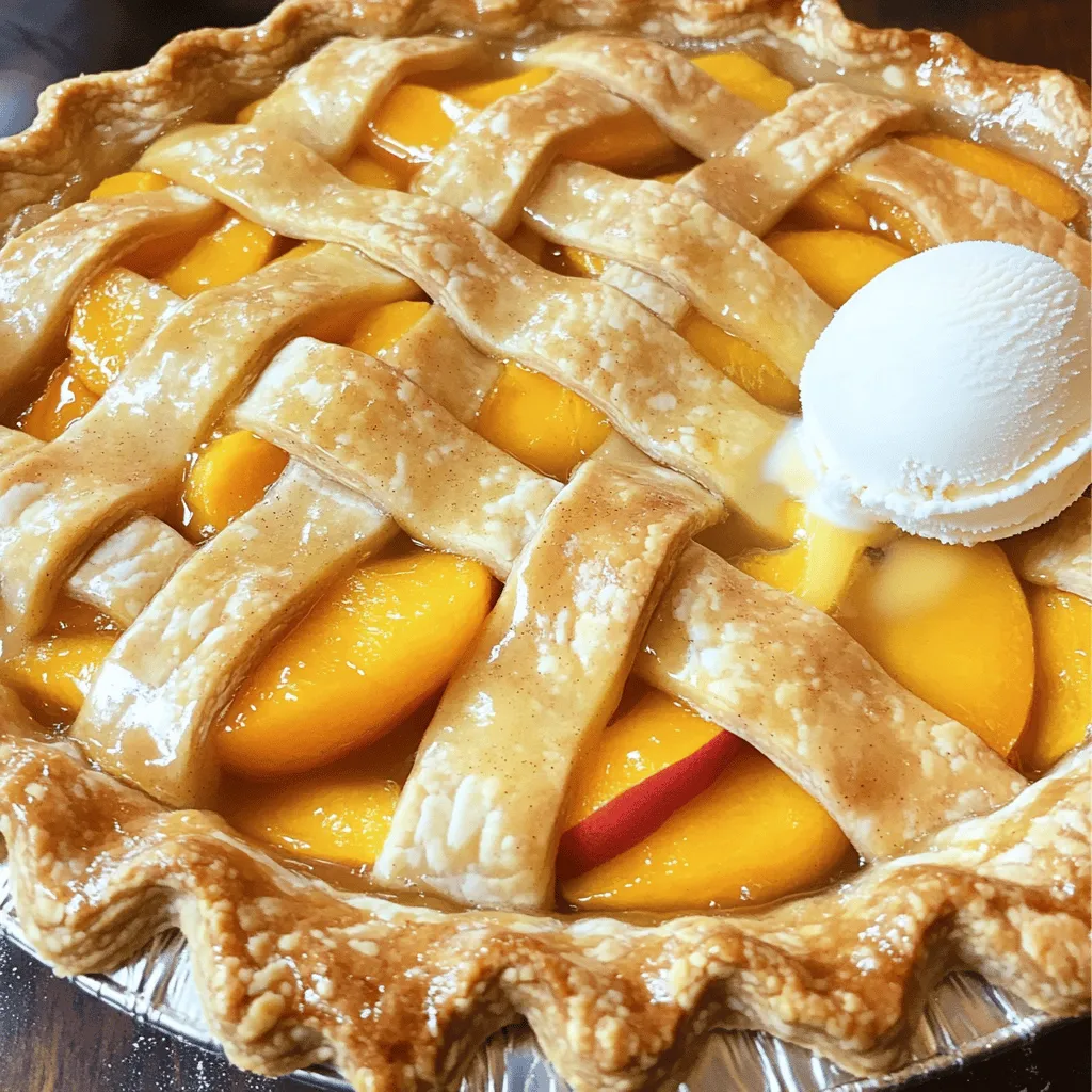 For this pie, you need fresh peaches. I use about 5 cups of ripe peaches. Peel them and slice them thin. Look for peaches that are firm yet slightly soft. This gives the best flavor and texture for your pie. Next, we need sweeteners. I like to use 1 cup of granulated sugar. This makes the peaches sweet and yummy. I add 1/4 cup of all-purpose flour, which helps thicken the filling. A pinch of salt brings out the flavors too. You can also add 1 teaspoon of ground cinnamon for a warm touch. For the crust, I often use a package of refrigerated pie crusts. It comes with 2 crusts, which is perfect for this recipe. You can also make your own crust if you prefer. A homemade crust gives a lovely flaky texture. To add extra flavor, I use 1 tablespoon of lemon juice. It brightens the peach taste. I also dot the filling with 1 tablespoon of unsalted butter, cut into small pieces. This gives the pie a rich flavor. Finally, I brush the top with a beaten egg for a golden finish. You can find the full recipe with detailed steps to make this classic peach pie! Start by washing your fresh peaches. I love using ripe, juicy peaches for the best flavor. Peel and slice them into thin pieces. In a large mixing bowl, add the sliced peaches, granulated sugar, flour, ground cinnamon, lemon juice, and a pinch of salt. Gently toss everything together. Let the mixture sit for about 15-20 minutes. This time allows the peaches to release their sweet juices. While your peaches rest, preheat your oven to 425°F (220°C). A hot oven helps the pie to bake evenly and gives a nice golden crust. It’s key to get this right for the best results. Now, take one of your pie crusts and roll it out. Fit it into a 9-inch pie pan, letting the edges hang over. Pour the peach filling into the crust. Be sure to discard any excess juices to avoid a soggy pie. Dot the filling with small pieces of butter for added richness. Roll out the second crust and place it on top of the filling. Cut slits in the top crust to let steam escape. Trim the excess crust and crimp the edges to seal. Before baking, brush the top crust with a beaten egg. This gives the pie a beautiful golden color. Place your pie in the preheated oven. Bake for 45-50 minutes. Keep an eye on it, and look for a golden crust and bubbling juices. Once done, let it cool on a wire rack for at least 2 hours before slicing. This cooling period helps the filling set, making it easier to serve. Enjoy your peach pie with a scoop of vanilla ice cream for a perfect treat! For the complete recipe, check out the Full Recipe. To make a great peach pie, you need ripe peaches. Look for peaches that feel slightly soft when you squeeze them. They should have a sweet smell. Avoid peaches with bruises or dark spots. The best peaches are in season during summer. Choose yellow or white peaches for the best flavor. A flaky crust makes your pie special. Use cold butter when making your crust. Cold butter creates steam, which helps the crust puff up. Don’t overwork the dough; mix until just combined. Chill the dough for at least 30 minutes before rolling it out. This helps to keep it flaky. A soggy bottom is a common problem. To avoid this, you can use a few tricks. First, pre-bake the bottom crust for about 10 minutes. This helps it start cooking before you add the filling. Second, sprinkle a thin layer of flour or cornmeal on the crust before adding the peaches. This layer absorbs extra juices. Lastly, be sure to drain any excess juice from the peach filling before pouring it in the crust. For the full recipe, follow my detailed steps. {{image_2}} A lattice crust adds charm to your peach pie. It looks fancy but is easy to make. Start by rolling out your dough for the top crust. Cut it into long strips, about an inch wide. Lay half of the strips across the filled bottom crust. Then, weave the other half over and under the first strips. This creates a beautiful pattern. Just remember to seal the edges well. If you prefer a different texture, try a crumble topping. Mix flour, brown sugar, oats, and butter until crumbly. You want it to look like wet sand. Spread this topping over the peach filling instead of using a top crust. Bake as you would with a regular pie. The crumble gives a nice crunch and adds a sweet, buttery flavor. Add some spice for a warm twist on classic peach pie. Try adding nutmeg or cardamom to your filling. Just a pinch can elevate the flavor. You can also mix in some fresh ginger for a zing. These spices pair perfectly with the sweetness of the peaches. Don’t forget to use the Full Recipe for the best results! After you enjoy your peach pie, store any leftovers properly. Let the pie cool completely at room temperature. Cover the pie with plastic wrap or foil. This keeps it fresh and prevents drying out. You can store the pie in the fridge for up to four days. If you have a pie server, use it to slice and serve. If you want to save the pie for later, freezing works great. First, let the pie cool completely. Wrap the entire pie tightly in plastic wrap. Then, wrap it again in aluminum foil. This double-wrapping helps avoid freezer burn. You can freeze the pie for up to three months. When you're ready to eat it, thaw the pie in the fridge overnight. To enjoy your peach pie warm, reheat it in the oven. Preheat your oven to 350°F (175°C). Place the pie on a baking sheet to catch any drips. Heat for about 20 to 30 minutes, or until it’s hot inside. For a quick option, you can microwave a slice. Heat it for 30 seconds, check, then heat more if needed. Enjoy your peachy delight warm, topped with ice cream or whipped cream! Yes, you can use canned peaches. Just make sure they are in light syrup or juice. Drain them well to remove excess liquid. This step keeps your pie from becoming too runny. Canned peaches save time and still taste great. The pie is done when the crust turns golden brown and the juices bubble. You should see steam escaping from the slits on top. A good rule is to bake for 45-50 minutes. Keep an eye on it to avoid burning. Peach pie shines when served warm or at room temperature. I love pairing it with vanilla ice cream. A dollop of whipped cream also adds a nice touch. Fresh mint leaves can brighten the plate and flavor. Yes, you can prepare the filling in advance. Mix the peaches, sugar, flour, and spices, then store it in the fridge. This step saves time on baking day. Just remember to let it sit out for a few minutes before filling your pie crust. Check the full recipe for more details. You now know how to make a delicious peach pie from scratch. We covered fresh ingredients, step-by-step baking instructions, and handy tips for the best results. You can also explore fun variations and smart storage ideas. My final thought? Don’t be afraid to get creative! Enjoy the fruits of your labor and share this treat with others. Your homemade peach pie is sure to impress.