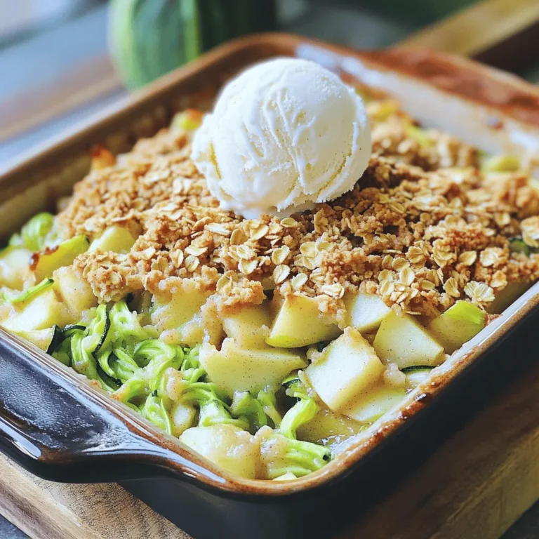 The right ingredients make this dish shine. Here’s what you need for Zucchini Apple Crumble. - 2 medium zucchinis, grated - 2 large apples, peeled, cored, and diced (such as Granny Smith or Honeycrisp) - 1 cup rolled oats - 1/2 cup all-purpose flour - 1/2 cup brown sugar - 1/4 cup granulated sugar - 1 teaspoon ground cinnamon - 1/4 teaspoon nutmeg - 1/2 cup unsalted butter, melted - 1/2 teaspoon vanilla extract - Pinch of salt - Optional: Chopped nuts (walnuts or pecans) for added crunch To take your crumble to the next level, consider these options: - Add a tablespoon of lemon juice for brightness. - Toss in some raisins or dried cranberries for a chewy texture. - Use a splash of maple syrup for extra sweetness. For the best flavor, choose apples with a good balance of sweet and tart. Granny Smith apples offer a nice bite, while Honeycrisp adds sweetness. For zucchini, look for medium-sized ones. They tend to be more tender and flavorful. Fresh, firm zucchinis work best in this dish. You can also try yellow squash for a twist. For the full recipe, check out the detailed instructions on how to prepare this delicious dessert! Start by washing your zucchinis. Grate both zucchinis using a box grater. Place the grated zucchini in a bowl and set it aside. Next, peel and core your apples. Dice them into small pieces. I like using Granny Smith or Honeycrisp apples. They add a nice tart flavor that balances the sweet crumble. In a large mixing bowl, combine the grated zucchini and diced apples. Sprinkle a little cinnamon and sugar over the mixture. Toss the zucchini and apples gently with your hands. This helps them blend well. Once mixed, set the bowl aside. The flavors will start to meld together. In another bowl, mix the rolled oats and flour. Add the brown sugar, granulated sugar, cinnamon, and nutmeg. Pour in the melted butter and vanilla extract. Use a fork or your hands to mix until the mixture looks like coarse crumbs. This will be your delicious crumble topping. Now, grease a baking dish with butter. Spread the zucchini and apple mixture evenly in the dish. Then, sprinkle the oat crumble topping over the fruit layer. If you like, add chopped nuts for extra crunch. Bake in a 350°F (175°C) oven for 30-35 minutes. You want the topping to be golden brown and the fruit to bubble. For the complete recipe, check out the [Full Recipe]. To create a great crumble topping, start with cold butter. Cut it into small pieces and mix it with your dry ingredients. Use your fingers or a fork to blend until it looks like coarse crumbs. Avoid over-mixing. You want some texture in your topping. If you like crunch, add chopped nuts like walnuts or pecans. They enhance the flavor and add a nice bite. One common mistake is using too much liquid from the zucchini. Grated zucchini can hold a lot of water. Make sure to pat it dry before mixing it with the apples. Another mistake is not letting the dish cool before serving. If you dive in too soon, the juices can be very hot. Let it sit for a few minutes for the flavors to settle. Serve your Zucchini Apple Crumble warm for the best taste. A scoop of vanilla ice cream on top adds a creamy touch. You can also sprinkle a bit of cinnamon for extra flavor. For a fun twist, try drizzling caramel sauce over the ice cream. If you have leftovers, they make a great breakfast too! Enjoy it cold or warm, paired with yogurt or milk. {{image_2}} You can easily make Zucchini Apple Crumble gluten-free. Just replace all-purpose flour with gluten-free flour. Many brands offer blends that work well for baking. You can also use almond flour for a nutty taste. Check your oats too; make sure they are certified gluten-free. This helps you enjoy this dessert without worry. Want to change things up? Add a few unique ingredients to your crumble. Try mixing in some chopped nuts, like walnuts or pecans, for extra crunch. You can also add dried fruits, like raisins or cranberries, for sweetness. Spices can make a big difference too. A dash of ginger or cardamom can give your dish a warm twist. Experiment with different flavors until you find your favorite mix! If you want a vegan version, it’s simple to adjust the recipe. Substitute the unsalted butter with coconut oil or a plant-based butter. You can also use maple syrup instead of granulated sugar for a natural sweetener. This keeps the crumble tasty while making it plant-based. Enjoy a delicious dessert that fits your diet with these easy changes! To keep your Zucchini Apple Crumble fresh, store it in an airtight container. Let it cool completely before sealing it. This helps avoid moisture buildup, which can make the crumble soggy. You can also wrap it tightly with plastic wrap or aluminum foil. When stored properly, Zucchini Apple Crumble lasts about 3 to 5 days in the fridge. If you want it to last longer, consider freezing it. In the freezer, it can stay good for about 2 to 3 months. Just make sure to label your container with the date. To reheat your Zucchini Apple Crumble, preheat your oven to 350°F (175°C). Place the crumble in an oven-safe dish, covering it loosely with foil. Bake for about 15 to 20 minutes or until warmed through. You can also microwave individual portions for a quick treat. Heat for 30 seconds to 1 minute, checking regularly. Enjoy your dessert just like the first time! For the complete recipe, check the Full Recipe section. Yes, you can use frozen zucchini or apples. Just make sure to thaw them first. Drain any extra liquid to keep the crumble from being soggy. Frozen fruits may be softer, but they still taste great in this dish. You can use white sugar if you don't have brown sugar. To mimic the flavor of brown sugar, mix white sugar with a bit of molasses. Honey or maple syrup are also good options. Just adjust the liquid in the recipe to balance it out. Zucchini Apple Crumble can be a healthy dessert option. Zucchini adds fiber and keeps the dish moist. Apples provide vitamins and natural sweetness. Using less sugar and whole grains, like oats, boosts its health benefits. Enjoy it in moderation for a tasty treat! For the complete process, check the Full Recipe. In this blog post, we explored how to make a delicious Zucchini Apple Crumble. We covered the key ingredients, step-by-step instructions, and helpful tips to create the perfect dish. I shared variations to fit different diets and how to store leftovers properly. Remember, with the right apples and zucchini, your crumble will shine. Don't hesitate to try new flavors and enjoy this treat fresh from the oven. Your friends and family will love it, and so will you!