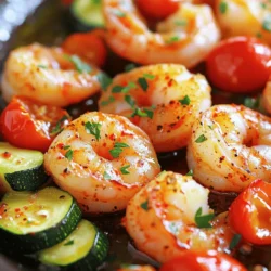 - 1 pound large shrimp, peeled and deveined - 4 cloves garlic, minced - 1 teaspoon smoked paprika - 1 teaspoon red pepper flakes (adjust to taste) - 1 tablespoon olive oil - 1 tablespoon lemon juice - Salt and pepper, to taste - 1 cup cherry tomatoes, halved - 1 medium zucchini, sliced - Fresh parsley, chopped, for garnish The key to my One-Pan Garlic Roasted Shrimp lies in the quality of the ingredients. Fresh, large shrimp are essential. They soak up the flavors well. Fresh garlic adds depth, while smoked paprika gives a warm touch. I like to use red pepper flakes for a bit of heat. You can adjust this to your taste. Olive oil and lemon juice help to marry the flavors. Cherry tomatoes and zucchini add color and nutrients. The fresh parsley on top brightens the dish. - Baking sheet - Mixing bowl - Measuring spoons You only need a few tools for this recipe. A baking sheet helps the shrimp roast evenly. A mixing bowl combines the flavors nicely. Measuring spoons ensure you get the right amounts of each ingredient. - Serve with crusty bread - Pair with a fresh salad To make the meal complete, I suggest serving it with crusty bread. This lets you soak up all the tasty juices. A fresh salad adds a nice crunch and balance. The Full Recipe details how to make this dish in just about 22 minutes. Enjoy! - Preheat your oven to 400°F (200°C). - In a large mixing bowl, combine shrimp and seasonings. To prepare, first, you need to warm up the oven. Set it to 400°F (200°C). This step ensures your shrimp cooks perfectly. Next, grab a big mixing bowl. Here, you'll add the shrimp, minced garlic, smoked paprika, red pepper flakes, olive oil, lemon juice, salt, and pepper. Mix everything well. Make sure the shrimp is coated in the tasty mixture. - Spread the shrimp on a baking sheet and arrange vegetables around them. - Roast in the oven for 10-12 minutes. Now, take a large baking sheet. Spread the seasoned shrimp in the center. This helps them cook evenly. Next, take the halved cherry tomatoes and sliced zucchini. Place them around the shrimp. Drizzle a bit more olive oil over the veggies. Season them with salt and pepper. Now, it's time to roast. Place the baking sheet in the oven. Cook for 10 to 12 minutes. The shrimp will turn pink and the veggies tender. - Let cool briefly before garnishing with parsley. - Suggestions for serving directly or plating. Once done, take the baking sheet out of the oven. Let it cool for a couple of minutes. This step helps prevent burns. Then, add fresh chopped parsley on top for color. You can serve the shrimp right from the pan for a fun look. If you want, transfer it to a platter. Squeeze some extra lemon juice on top for a zesty finish. For the full recipe, check the section above. - How to select fresh shrimp: Look for shrimp that feel firm and smell like the sea. The shells should be shiny and not sticky. Avoid any shrimp with black spots, as this can indicate spoilage. - Techniques for even cooking: Spread the shrimp in a single layer on your baking sheet. This helps them cook evenly. Don't crowd the shrimp; give them space to roast and caramelize. - Add citrus zest for brightness: Adding lemon zest to the mix brightens the dish. It adds a fresh flavor that complements the garlic and shrimp. - Consider swapping spices for variations: You can experiment with spices. Try Italian herbs or curry powder for a twist. This can change the whole vibe of the dish. - Serving directly from the pan: For a rustic touch, serve the dish straight from the pan. This makes it easy and fun for guests to scoop their portions. - Ideas for garnishing with herbs or extra lemon juice: Fresh herbs like parsley or cilantro add color and flavor. A squeeze of lemon juice just before serving elevates the taste. It adds a refreshing note that balances the richness. You can find more details in the Full Recipe. {{image_2}} You can switch up the veggies in this dish. Try using bell peppers or asparagus. Both add color and taste. You can also use other spices. Italian seasoning gives a nice twist to the garlic flavor. If you need gluten-free, this recipe works well. Just make sure to check your spices. For a low-carb option, skip the pasta and serve it with zucchini noodles. If you want a vegetarian dish, use mushrooms or chickpeas. They soak up all the tasty flavors. Transform this dish into a pasta delight. Just toss cooked pasta with shrimp and veggies. You can also serve it over rice or quinoa. Both grains soak up the juices and add more texture to the meal. For more ideas, check out the Full Recipe. To store leftovers, let the dish cool first. Place it in an airtight container. You can keep it in the fridge for up to three days. Ensure the shrimp and veggies stay fresh by sealing them well. If you wait too long, the shrimp may lose texture. If you want to freeze cooked shrimp, use a freezer-safe bag. Remove as much air as possible. This helps prevent freezer burn. You can freeze the shrimp for up to three months. When ready to eat, thaw in the fridge overnight or use cold water for a quick thaw. To reheat the dish, use a skillet on low heat. This keeps the shrimp from overcooking. Stir gently to warm evenly. For the veggies, add a splash of water to help them stay crisp. Avoid the microwave, as it may make the shrimp rubbery. For the best flavor and texture, use large shrimp. They hold up well during cooking. I recommend using wild-caught shrimp if you can find them. They taste better and are more sustainable. Yes, you can prep the shrimp and veggies ahead of time. Just store them in the fridge for up to two hours. When ready to cook, simply toss them in the seasoning and roast. This saves time and keeps the flavor fresh. This dish pairs well with a few options. Try serving it with crusty bread to soak up the juices. A fresh salad also works great. You can even serve it over rice or quinoa for a complete meal. To add heat, increase the red pepper flakes. Start with an extra half teaspoon and taste. You can also use fresh chili peppers or hot sauce. Just add a little at a time to control the spice level. Yes, you can use garlic powder if you don't have fresh garlic. Use about 1/2 teaspoon of garlic powder for each clove. Keep in mind that fresh garlic gives a stronger flavor, but powder works in a pinch. For the full recipe, check out the earlier section. In this blog post, we explored a simple and tasty One-Pan Garlic Roasted Shrimp recipe. I shared the key ingredients, step-by-step cooking instructions, and helpful tips to enhance your meal. You can easily swap ingredients for variations and learn how to store leftovers. By bringing these flavors together, you can enjoy a delightful dish. Experiment with your ideas and make this recipe your own!