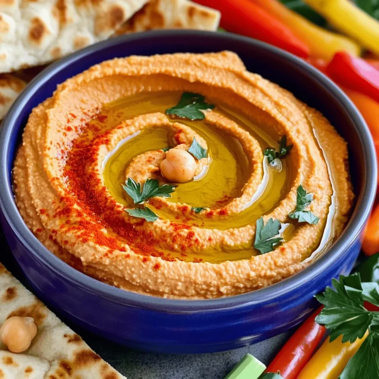 To make roasted red pepper hummus, gather these main ingredients: - 1 can (15 oz) chickpeas, drained and rinsed - 2 large roasted red peppers (jarred or homemade) - 3 tablespoons tahini - 2 tablespoons extra-virgin olive oil - 1 garlic clove, minced - 1 tablespoon fresh lemon juice - 1 teaspoon ground cumin - Salt and pepper to taste - Water as needed for desired consistency These ingredients blend together to create a tasty and creamy dip. The chickpeas add protein and fiber, while roasted red peppers give it a sweet, smoky flavor. You can add some optional ingredients to boost the flavor of your hummus: - A pinch of cayenne pepper for heat - A splash of white wine vinegar for tang - Fresh herbs like basil or cilantro for freshness - Nuts like pine nuts or walnuts for extra texture These extras can make your hummus unique and even more delicious. Try different combinations to find what you love best! Each key ingredient in this hummus brings its own benefits: - Chickpeas are high in protein and fiber. They help keep you full and aid digestion. - Roasted red peppers are packed with vitamins A and C. They support your immune system and skin health. - Tahini adds healthy fats and calcium. It can benefit bone health and provide energy. - Olive oil contains antioxidants. It is great for heart health and helps reduce inflammation. Using these ingredients not only makes a tasty dip but also provides nutrition for your body. Enjoy making this full recipe as a healthy snack or appetizer! To make roasted red pepper hummus, start by gathering your ingredients. You need canned chickpeas, roasted red peppers, tahini, olive oil, garlic, lemon juice, cumin, salt, and pepper. Rinse the chickpeas in a colander. If you use jarred red peppers, drain them well. You can also roast your own peppers for extra flavor. Next, put all the ingredients into a food processor. Add the chickpeas, red peppers, tahini, olive oil, minced garlic, lemon juice, and cumin. Pulse the mixture until it gets smooth. If it feels too thick, add water a little at a time. Blend until you have a creamy texture. Finally, taste it. Add salt and pepper as needed, then blend again. Once your hummus is ready, transfer it to a bowl. Use a spoon to make a swirl on top. Drizzle some olive oil over it and sprinkle paprika and parsley for flair. Serve it with pita bread, veggie sticks, or crackers. You can find the full recipe to impress your guests! To get that smooth and creamy texture, start with well-drained chickpeas. If you want a silkier dip, peel the chickpeas before blending. I like to add water slowly. This helps control the thickness. Blend until you reach the creaminess you like. For extra flavor, try adding a pinch of smoked paprika. You can also mix in some roasted garlic. If you like it spicy, throw in a dash of cayenne pepper. Fresh herbs like basil or cilantro can add a bright note. Taste as you go. Adjust salt and lemon juice to fit your taste. One common mistake is over-blending the hummus. This can make it too runny. Another mistake is using too much tahini. This can overpower the other flavors. Lastly, don’t skip on seasoning! A little salt and pepper make a big difference in taste. For more details, check the Full Recipe. {{image_2}} To make your hummus spicy, add some heat! You can blend in one or two fresh jalapeños. If you like it milder, use a pinch of cayenne pepper. This adds a kick without losing the red pepper flavor. You can also drizzle some sriracha on top before serving. It gives a nice color and zing! Fresh herbs can elevate your hummus. Try adding a handful of fresh basil or cilantro. Blend them in for a fresh taste. You could also mix in some dried herbs like oregano or thyme. These add depth and complexity to the flavor. Experiment to find your favorite herb blend! If you're avoiding nuts, don’t worry! You can still enjoy creamy hummus. Instead of tahini, use sunflower seed butter. It provides a similar creaminess without nuts. You can also skip the nut butter altogether and add more chickpeas. This keeps your hummus thick and delicious. Don't hesitate to play around with the ingredients! For the complete recipe, check out the Full Recipe section. To store your roasted red pepper hummus, place it in a clean container. Use a lid to cover it tightly. This keeps air out and helps keep the hummus fresh. You can store it in the fridge for easy access. Roasted red pepper hummus lasts about 4 to 7 days in the fridge. After that, it may lose flavor and freshness. For longer storage, you can freeze it. To freeze, pour the hummus into a freezer-safe container. Leave some space at the top for expansion. It can last up to 3 months in the freezer. Use glass or high-quality plastic containers to store your hummus. Glass containers are great because they do not stain or hold odors. If you use plastic, choose BPA-free containers. This choice keeps your food safe and fresh. For freezing, silicone bags are also handy. They save space and can be reused. For the full recipe, visit the recipe section above. Roasted red pepper hummus is a creamy dip made from chickpeas and roasted red peppers. It has a rich, smoky flavor that pairs well with many foods. The base is classic hummus, which includes tahini, garlic, and lemon juice. The roasted peppers add a sweet taste and vibrant color. Yes, you can find pre-made roasted red pepper hummus at most grocery stores. Many brands offer this tasty option in the refrigerated section. While these store-bought versions are convenient, they may not match the freshness of homemade hummus. Making it at home with the Full Recipe allows you to control flavors and ingredients. You can enjoy roasted red pepper hummus with many dippers. Some of the best options include: - Pita bread - Vegetable sticks (carrots, cucumbers, bell peppers) - Crackers - Tortilla chips - Breadsticks These dippers add great texture and taste to your snack. Yes, roasted red pepper hummus is a healthy choice. It is rich in protein and fiber from chickpeas. The tahini provides healthy fats, while the peppers add vitamins. This dip is a good option for a snack or appetizer, especially when served with fresh veggies. You can easily adjust the hummus recipe for different diets: - For a nut-free version, stick with the classic ingredients. - If you are gluten-free, use gluten-free crackers or fresh veggie sticks. - You can also reduce garlic for those sensitive to it. Experiment with spices or herbs to suit your taste or dietary needs! Roasted red pepper hummus is easy to make and very tasty. We discussed its main ingredients, preparation steps, and tips for perfect texture. You can enjoy various flavors, like spicy or herb-infused hummus. Proper storage is key to keeping it fresh. Now, you have all you need to create this delicious snack. Get creative and make it your own! Enjoy every scoop with your favorite dippers. Happy cooking!
