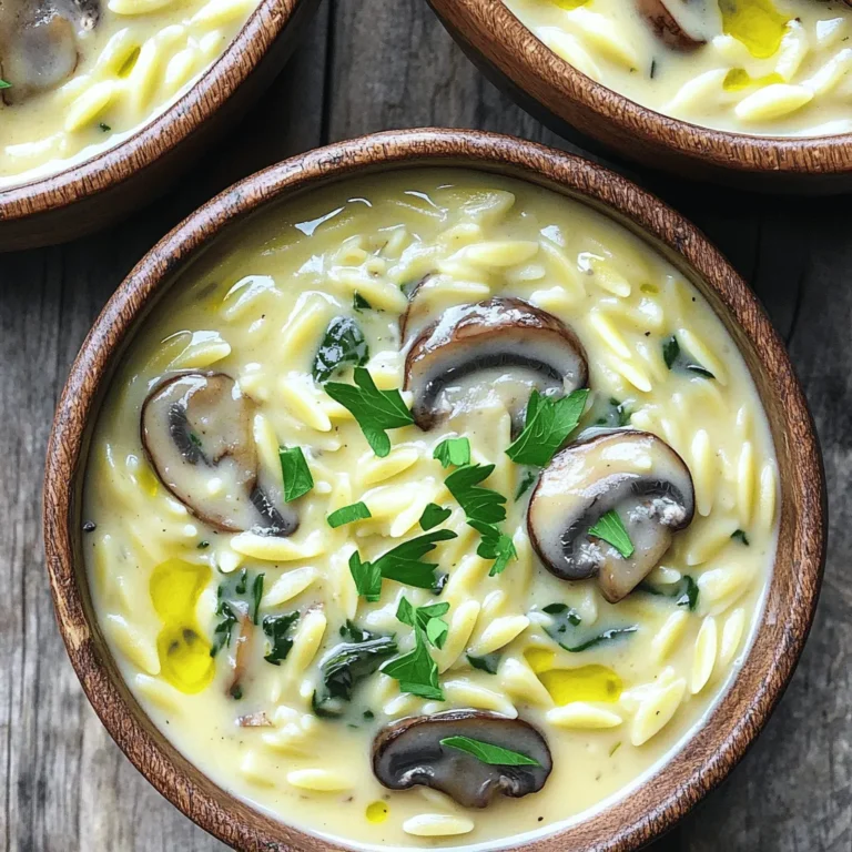 To make the One Pot Creamy Mushroom Orzo, gather these simple ingredients: - 1 cup orzo pasta - 2 cups vegetable broth - 1 cup mushrooms, sliced (cremini or button) - 1 small onion, diced - 2 cloves garlic, minced - 1 cup spinach, fresh - ½ cup heavy cream or coconut cream for a dairy-free option - ¼ cup grated Parmesan cheese (optional) - 2 tablespoons olive oil - 1 teaspoon dried thyme - Salt and pepper to taste - Fresh parsley, chopped (for garnish) - Orzo pasta: This small pasta cooks quickly and soaks up flavor well. - Mushrooms: They add a rich, earthy taste and provide B vitamins. - Onion and garlic: These aromatics boost flavor and have health benefits. - Spinach: It packs in nutrients, like iron and vitamins A and C. - Heavy cream or coconut cream: They add creaminess and enhance the dish's texture. - Thyme: This herb brings a warm, savory note to your dish. - For a gluten-free option, swap orzo with gluten-free pasta. - If you want a vegan version, use coconut cream and skip the cheese. - You can replace mushrooms with zucchini or bell peppers for a different taste. - If you dislike spinach, try kale or Swiss chard for added greens. This ingredient list is your guide to making this comforting dish. You can find the Full Recipe above to get started. 1. Start by heating the olive oil in a large pot over medium heat. 2. Add the diced onions and sauté until they become soft and clear, about 3-4 minutes. 3. Next, toss in the minced garlic and sliced mushrooms. Cook them for 5-7 minutes until the mushrooms turn brown and release their juices. 4. Stir in the orzo pasta, dried thyme, salt, and pepper. Toast the orzo for just 1-2 minutes to boost its flavor. 5. Pour in the vegetable broth and raise the heat until it boils. Once boiling, lower the heat, cover the pot, and let it simmer for 10-12 minutes. Stir it occasionally until the orzo is tender. 6. After cooking, mix in the heavy cream or coconut cream, fresh spinach, and grated Parmesan cheese, if you like. Stir until the spinach wilts and everything blends together nicely. 7. Taste your orzo and add more salt or pepper if you want. 8. Remove the pot from the heat and let it sit for a few minutes to thicken up before serving. To help you visualize the steps, here’s a quick guide: - Step 1: Look for the shimmering oil in the pot. - Step 2: Onions should be soft and clear. - Step 3: Mushrooms should be browned and juicy. - Step 4: The orzo will look shiny and coated. - Step 5: Broth should be bubbling before you cover it. - Step 6: The mix will turn creamy and colorful with spinach. - Step 7: Taste to ensure it’s seasoned well. - Step 8: It should look thick and inviting when served. - Not stirring enough: Stirring helps prevent sticking and burning. - Overcooking the orzo: Keep an eye on the time. Overcooked orzo gets mushy. - Skipping seasonings: Salt and pepper are key for flavor. - Not letting it sit: Letting it thicken is crucial for the right texture. - Using low-quality broth: A good broth makes a big difference in taste. With these steps, your One Pot Creamy Mushroom Orzo will be a hit! For the complete recipe, check out the Full Recipe section above. To get that creamy texture in your one pot creamy mushroom orzo, use heavy cream or coconut cream. Both options give a rich taste. Stir the cream in at the end of cooking. This keeps it smooth and thick. If you want a lighter dish, add more vegetable broth and less cream. You still get great flavor without it being too heavy. Using the right tools makes cooking easier. A large pot or Dutch oven is perfect for this dish. It helps all the ingredients blend well. A wooden spoon works best for stirring. It won't scratch your pot and gives good control. A good knife is key for chopping vegetables. Sharp knives make prep fast and safe. Prep your ingredients before you start. Chop the onions, garlic, and mushrooms ahead of time. This way, you spend less time at the stove. Use pre-sliced mushrooms to save even more time. If you want a quick meal, consider using a microwave to wilt the spinach. Just pop it in for a minute or two while your orzo cooks. This keeps everything moving along smoothly. For the full recipe, check out the detailed instructions above. {{image_2}} You can make this dish vegetarian easily. Just skip the Parmesan. For a vegan twist, use coconut cream instead of heavy cream. You can also add more veggies. Try bell peppers, peas, or zucchini for extra color and flavor. If you want to add protein, chicken is a great choice. Cook it before adding the onion. Dice it into small pieces and sauté it until golden. For a plant-based option, use firm tofu. Press it to remove excess water, then cube and sauté it with the mushrooms. Boost the flavor with herbs and spices. Fresh thyme, basil, or rosemary work well. You can also add a bit of lemon juice for brightness. Don’t forget about spices like paprika or red pepper flakes for some warmth and depth. Each addition makes your creamy mushroom orzo unique and exciting. Explore these variations to find your favorite twist on this comforting dish. After you make One Pot Creamy Mushroom Orzo, let it cool down. Place the orzo in an airtight container. It will stay fresh in your fridge for 3 to 4 days. If you want to keep it longer, freezing is a great option. To reheat your leftovers, you can use a microwave or a stovetop. If using a microwave, heat in short bursts. Stir every minute to avoid hot spots. If you use the stovetop, add a splash of vegetable broth to keep it creamy. Heat over medium until warm, stirring often. If you want to freeze the orzo, use a freezer-safe container. It will keep well for up to 2 months. When you are ready to eat, thaw it overnight in the fridge. Reheat it using the instructions above. You may need to add a bit more cream for extra richness. One Pot Creamy Mushroom Orzo can last in the fridge for about three to four days. Store it in an airtight container for best quality. If you want to keep it longer, you can freeze it for up to three months. Just remember to thaw it in the fridge before reheating. Yes, you can swap orzo for other types of pasta. Choose small shapes like ditalini, or small shells. Just adjust the cooking time as needed. Each type of pasta has its own texture and flavor, so feel free to experiment. Mushroom Orzo pairs well with a variety of sides. A simple green salad adds freshness. Garlic bread or crusty rolls can complement it nicely. You could also serve it alongside grilled chicken or roasted vegetables for a balanced meal. For a fun twist, try topping it with crispy bacon or sautéed shrimp for extra flavor. For the full recipe, check out the detailed instructions above. This post shared key ingredients and their benefits for one pot creamy mushroom orzo. I provided easy steps and tips to avoid common mistakes. You learned options for dietary needs, like vegetarian choices or flavor boosts. I also covered how to store leftovers and reheat them properly. In the end, making this dish is simple and fun. You have the tools and knowledge to enjoy a tasty meal that fits your needs. Dive in and start cooking!