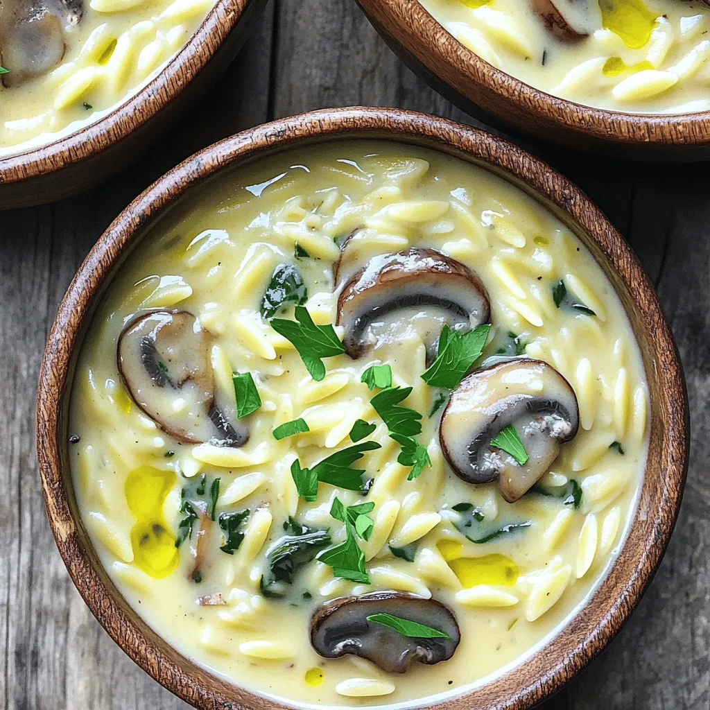 To make the One Pot Creamy Mushroom Orzo, gather these simple ingredients: - 1 cup orzo pasta - 2 cups vegetable broth - 1 cup mushrooms, sliced (cremini or button) - 1 small onion, diced - 2 cloves garlic, minced - 1 cup spinach, fresh - ½ cup heavy cream or coconut cream for a dairy-free option - ¼ cup grated Parmesan cheese (optional) - 2 tablespoons olive oil - 1 teaspoon dried thyme - Salt and pepper to taste - Fresh parsley, chopped (for garnish) - Orzo pasta: This small pasta cooks quickly and soaks up flavor well. - Mushrooms: They add a rich, earthy taste and provide B vitamins. - Onion and garlic: These aromatics boost flavor and have health benefits. - Spinach: It packs in nutrients, like iron and vitamins A and C. - Heavy cream or coconut cream: They add creaminess and enhance the dish's texture. - Thyme: This herb brings a warm, savory note to your dish. - For a gluten-free option, swap orzo with gluten-free pasta. - If you want a vegan version, use coconut cream and skip the cheese. - You can replace mushrooms with zucchini or bell peppers for a different taste. - If you dislike spinach, try kale or Swiss chard for added greens. This ingredient list is your guide to making this comforting dish. You can find the Full Recipe above to get started. 1. Start by heating the olive oil in a large pot over medium heat. 2. Add the diced onions and sauté until they become soft and clear, about 3-4 minutes. 3. Next, toss in the minced garlic and sliced mushrooms. Cook them for 5-7 minutes until the mushrooms turn brown and release their juices. 4. Stir in the orzo pasta, dried thyme, salt, and pepper. Toast the orzo for just 1-2 minutes to boost its flavor. 5. Pour in the vegetable broth and raise the heat until it boils. Once boiling, lower the heat, cover the pot, and let it simmer for 10-12 minutes. Stir it occasionally until the orzo is tender. 6. After cooking, mix in the heavy cream or coconut cream, fresh spinach, and grated Parmesan cheese, if you like. Stir until the spinach wilts and everything blends together nicely. 7. Taste your orzo and add more salt or pepper if you want. 8. Remove the pot from the heat and let it sit for a few minutes to thicken up before serving. To help you visualize the steps, here’s a quick guide: - Step 1: Look for the shimmering oil in the pot. - Step 2: Onions should be soft and clear. - Step 3: Mushrooms should be browned and juicy. - Step 4: The orzo will look shiny and coated. - Step 5: Broth should be bubbling before you cover it. - Step 6: The mix will turn creamy and colorful with spinach. - Step 7: Taste to ensure it’s seasoned well. - Step 8: It should look thick and inviting when served. - Not stirring enough: Stirring helps prevent sticking and burning. - Overcooking the orzo: Keep an eye on the time. Overcooked orzo gets mushy. - Skipping seasonings: Salt and pepper are key for flavor. - Not letting it sit: Letting it thicken is crucial for the right texture. - Using low-quality broth: A good broth makes a big difference in taste. With these steps, your One Pot Creamy Mushroom Orzo will be a hit! For the complete recipe, check out the Full Recipe section above. To get that creamy texture in your one pot creamy mushroom orzo, use heavy cream or coconut cream. Both options give a rich taste. Stir the cream in at the end of cooking. This keeps it smooth and thick. If you want a lighter dish, add more vegetable broth and less cream. You still get great flavor without it being too heavy. Using the right tools makes cooking easier. A large pot or Dutch oven is perfect for this dish. It helps all the ingredients blend well. A wooden spoon works best for stirring. It won't scratch your pot and gives good control. A good knife is key for chopping vegetables. Sharp knives make prep fast and safe. Prep your ingredients before you start. Chop the onions, garlic, and mushrooms ahead of time. This way, you spend less time at the stove. Use pre-sliced mushrooms to save even more time. If you want a quick meal, consider using a microwave to wilt the spinach. Just pop it in for a minute or two while your orzo cooks. This keeps everything moving along smoothly. For the full recipe, check out the detailed instructions above. {{image_2}} You can make this dish vegetarian easily. Just skip the Parmesan. For a vegan twist, use coconut cream instead of heavy cream. You can also add more veggies. Try bell peppers, peas, or zucchini for extra color and flavor. If you want to add protein, chicken is a great choice. Cook it before adding the onion. Dice it into small pieces and sauté it until golden. For a plant-based option, use firm tofu. Press it to remove excess water, then cube and sauté it with the mushrooms. Boost the flavor with herbs and spices. Fresh thyme, basil, or rosemary work well. You can also add a bit of lemon juice for brightness. Don’t forget about spices like paprika or red pepper flakes for some warmth and depth. Each addition makes your creamy mushroom orzo unique and exciting. Explore these variations to find your favorite twist on this comforting dish. After you make One Pot Creamy Mushroom Orzo, let it cool down. Place the orzo in an airtight container. It will stay fresh in your fridge for 3 to 4 days. If you want to keep it longer, freezing is a great option. To reheat your leftovers, you can use a microwave or a stovetop. If using a microwave, heat in short bursts. Stir every minute to avoid hot spots. If you use the stovetop, add a splash of vegetable broth to keep it creamy. Heat over medium until warm, stirring often. If you want to freeze the orzo, use a freezer-safe container. It will keep well for up to 2 months. When you are ready to eat, thaw it overnight in the fridge. Reheat it using the instructions above. You may need to add a bit more cream for extra richness. One Pot Creamy Mushroom Orzo can last in the fridge for about three to four days. Store it in an airtight container for best quality. If you want to keep it longer, you can freeze it for up to three months. Just remember to thaw it in the fridge before reheating. Yes, you can swap orzo for other types of pasta. Choose small shapes like ditalini, or small shells. Just adjust the cooking time as needed. Each type of pasta has its own texture and flavor, so feel free to experiment. Mushroom Orzo pairs well with a variety of sides. A simple green salad adds freshness. Garlic bread or crusty rolls can complement it nicely. You could also serve it alongside grilled chicken or roasted vegetables for a balanced meal. For a fun twist, try topping it with crispy bacon or sautéed shrimp for extra flavor. For the full recipe, check out the detailed instructions above. This post shared key ingredients and their benefits for one pot creamy mushroom orzo. I provided easy steps and tips to avoid common mistakes. You learned options for dietary needs, like vegetarian choices or flavor boosts. I also covered how to store leftovers and reheat them properly. In the end, making this dish is simple and fun. You have the tools and knowledge to enjoy a tasty meal that fits your needs. Dive in and start cooking!