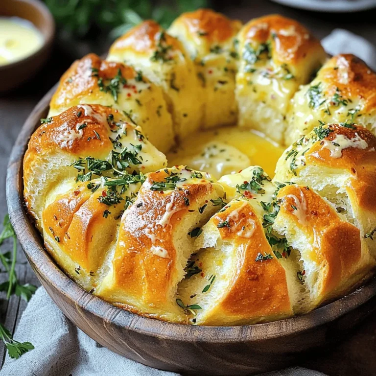 - 3 cups all-purpose flour - 1 packet (2 ¼ tsp) instant yeast - 1 teaspoon sugar - 1 teaspoon salt - 1 cup warm water (about 110°F) - 4 tablespoons unsalted butter, melted - 3 cloves garlic, minced - 1 tablespoon fresh parsley, chopped - 1 tablespoon fresh thyme leaves - 1 tablespoon fresh rosemary, chopped - 1 teaspoon dried oregano - Pinch of red pepper flakes (optional) - Extra melted butter for brushing Gathering these ingredients is the first step to making garlic herb pull-apart bread. Each item plays a key role in creating the fluffy, flavorful treat you will enjoy. - Gluten-free flour alternatives: You can use a gluten-free flour blend. Look for one that contains xanthan gum. - Plant-based butter options: Coconut oil or olive oil can replace unsalted butter. - Dried herb equivalents: If you don’t have fresh herbs, use about 1 teaspoon of dried herbs for each tablespoon of fresh herbs. These substitutions help you adjust the recipe to fit dietary needs without losing flavor. Activating the yeast Start by mixing warm water, sugar, and yeast in a large bowl. Let it sit for five minutes. You want to see bubbles on top. This shows the yeast is active. Mixing the dry and wet ingredients Add flour and salt to the bowl. Stir until the dough begins to form. It should look rough but hold together. Kneading the dough Turn the dough onto a floured surface. Knead it for about five to seven minutes. You want it to feel smooth and elastic. This step is key for a fluffy bread. First rise duration and conditions Place the dough in a greased bowl. Cover it with a damp cloth. Let it rise in a warm place for one hour. It should double in size. How to know when it's ready Press the dough lightly. If it springs back slowly, it’s ready. If it stays indented, give it a bit more time. Dividing and dipping dough pieces After the dough rises, punch it down. Divide it into small pieces, about the size of a golf ball. Dip each piece in the garlic herb butter mixture. Layering in the pan Grease a Bundt pan or loaf pan. Layer the dipped dough pieces inside the pan. Keep stacking until all pieces are arranged. This creates those delightful pull-apart sections. Preheating the oven Set your oven to 350°F (175°C). Preheating ensures even cooking. Time and temperature for baking Bake the bread for 25 to 30 minutes. Look for a golden brown top. This means it’s done. Let it cool for a few minutes before pulling apart and serving. Enjoy the aroma! To make soft, fluffy bread, dough elasticity is key. Start with the right flour. Use all-purpose flour for the best results. When mixing, always add the flour gradually. This helps prevent a dry dough. Knead the dough for at least five minutes. It should feel smooth and springy. If it sticks to your hands, sprinkle a bit more flour. Common mistakes include not kneading enough. If the dough is not smooth, it will not rise well. Another mistake is over-kneading. Stop if the dough feels too tough. To boost the flavor, think about adding more herbs. Basil and dill work well with garlic. You can also try fresh chives or even sage. For a zesty touch, mix in lemon zest. To make the garlic flavor richer, use roasted garlic instead of raw. Roasting softens its bite and adds sweetness. Mix the roasted garlic into your herb butter for a tasty twist. Garlic herb pull-apart bread pairs well with many dishes. Serve it with soups or salads for a complete meal. It’s also great as a snack with marinara sauce. For gatherings, try a fun serving idea. Create a bread bowl by hollowing out the center. Fill it with dip or cheese. Your guests will love this creative touch! {{image_2}} I love adding cheese to this bread. You can use mozzarella, cheddar, or even feta. For mozzarella, try about 1 cup, shredded. If you want cheddar, ¾ cup works well. Feta adds a tangy kick, so just ½ cup is enough. Mix the cheese into the garlic herb butter before dipping the dough pieces. This makes each pull even more gooey and tasty. Want some heat? Add crushed red pepper flakes to the garlic herb butter. Start with a pinch if you like mild spice. For more heat, go for 1 teaspoon or more. You can also add jalapeños. Chop about 1-2 fresh jalapeños and mix them in with the butter. This gives your bread a nice kick without overpowering the herbs. You can turn this bread into a sweet treat! Use 2 tablespoons of honey in the dough. Add a pinch of cinnamon and nutmeg for flavor. Instead of garlic, use 1 tablespoon of fresh mint or basil. These herbs bring a refreshing taste. Top the bread with a glaze made of powdered sugar and milk after baking. This sweet twist makes it perfect for dessert! Check out the Full Recipe for more details on making this delightful bread. To keep your garlic herb pull-apart bread fresh, store it in the fridge. Wrap the bread tightly in plastic wrap or foil. This keeps it moist and prevents it from drying out. Properly stored bread can last for about 3 to 4 days in the fridge. If you want to save some for later, freezing is a great option. Slice the bread into pieces before freezing. Wrap each piece in plastic wrap, then place them in a freezer bag. This way, you can take out just what you need. Frozen bread will stay good for up to 3 months. When reheating your bread, I suggest using the oven. Preheat it to 350°F (175°C). Place the bread on a baking sheet and cover it with foil to keep it soft. Heat it for about 10 to 15 minutes. This method brings back its fluffy texture. You can also use a microwave if you're short on time. Place the bread on a microwave-safe plate, cover it with a damp paper towel, and heat for about 20 to 30 seconds. This helps it warm up quickly while keeping it soft. Garlic herb pull-apart bread stays fresh for up to three days when stored right. Keep it in an airtight container at room temperature. If you want it to last longer, freeze it. Just wrap it well in plastic wrap and foil. It can last up to three months in the freezer. Yes, you can make the dough ahead of time! Prepare the dough and let it rise as directed. After the first rise, punch it down and wrap it tightly. Place it in the fridge for up to 24 hours. When you're ready to bake, let it come back to room temperature before shaping and rising again. Garlic herb pull-apart bread pairs well with many dishes. You can serve it with soup or salad for a complete meal. It also goes great with creamy dips or spreads. Try it with a side of marinara sauce for dipping. You can even enjoy it as a snack with your favorite cheese. To check if your bread is done, look for a golden brown crust. Tap the bottom of the loaf; it should sound hollow. You can also use a food thermometer. The inside should reach 190°F (88°C) for perfect doneness. If it's not ready, bake for a few more minutes and check again. You’ve learned how to make garlic herb pull-apart bread from start to finish. We covered the ingredients, preparation, baking, and even fun variations. Remember, the right herbs and methods can boost flavor. With these tips, your bread will impress at any gathering. Enjoy experimenting and sharing this tasty treat with friends and family. Your cooking skills will shine, and you'll create lasting memories. Happy baking!