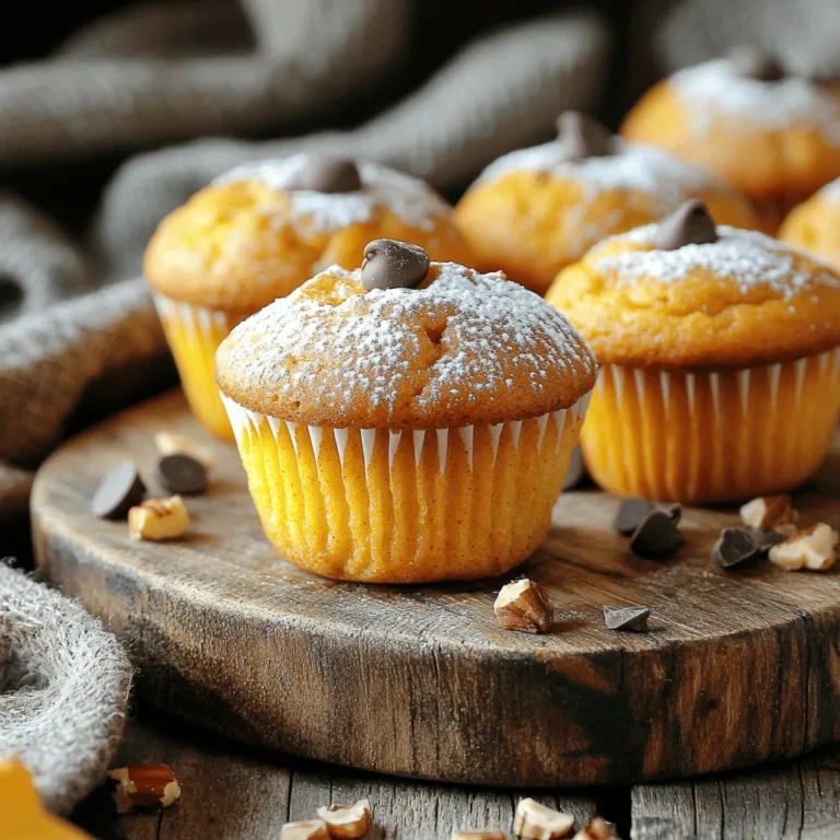 To make these cozy muffins, gather the main ingredients. They are: - 1 cup pumpkin puree - 2/3 cup brown sugar - 1/3 cup granulated sugar - 1/2 cup vegetable oil - 2 large eggs - 1 teaspoon vanilla extract - 1 1/2 cups all-purpose flour - 1 teaspoon baking soda - 1 teaspoon baking powder - 1 tablespoon pumpkin pie spice - 1/2 teaspoon salt These ingredients combine to create a rich, warm flavor. The pumpkin gives moisture and a nice texture. The sugars add sweetness, while the spices bring fall vibes. You can make these muffins even better with some add-ins. Here are a few ideas: - 1/2 cup chopped walnuts or pecans - 1/2 cup chocolate chips These add-ins add crunch and a sweet surprise. You can mix them in when you fold in the dry ingredients. If you run out of something, don’t worry! Here are some easy swaps: - Use applesauce instead of vegetable oil for a lighter muffin. - Swap out the all-purpose flour for whole wheat flour for more fiber. - Use maple syrup in place of granulated sugar for a unique flavor. Feel free to get creative! The recipe is flexible, allowing you to adjust to your taste or what you have on hand. For the full recipe, check the link above. Start by preheating your oven to 350°F (175°C). While it heats, prepare your muffin tin. Use paper liners or grease it with non-stick spray. This step helps the muffins come out easily and keeps them soft. In a large bowl, add the pumpkin puree, brown sugar, granulated sugar, vegetable oil, eggs, and vanilla extract. Whisk these ingredients together until smooth. This mix brings out the cozy pumpkin flavor. Make sure everything blends well to avoid lumps. In another bowl, mix the all-purpose flour, baking soda, baking powder, pumpkin pie spice, and salt. Stir until all the dry ingredients are evenly combined. This step ensures that your muffins rise well and have great flavor. Carefully fold the dry mix into the wet ingredients. Use a spatula to combine them gently. Be cautious not to overmix; this keeps the muffins light and fluffy. If you want, now is the time to add in the chopped nuts or chocolate chips. Scoop the batter into your prepared muffin tin, filling each cup about 3/4 full. Place the tin in your preheated oven and bake for 18-22 minutes. Check for doneness by inserting a toothpick in the center. It should come out clean. Once done, cool the muffins in the tin for 5 minutes before transferring them to a wire rack. Enjoy these cozy pumpkin spice muffins as a warm fall treat! For the full recipe, check the earlier section. To get a soft and moist muffin, use fresh pumpkin puree. Canned pumpkin works, too. Make sure it is pure and not pumpkin pie filling. Use the right flour for the best results. All-purpose flour gives a good rise. If you want a gluten-free option, use a blend made for baking. Mixing too much can make muffins tough. When you combine wet and dry ingredients, stir gently. Use a spatula to fold them together. Stop as soon as you see no dry flour. This will keep your muffins light and fluffy. If you add nuts or chocolate chips, fold them in lightly. Bake your muffins for 18-22 minutes at 350°F. Check for doneness with a toothpick. Insert it in the center; it should come out clean. If it has batter on it, bake a little longer. Once they are done, let them cool for five minutes in the pan. Then, move them to a wire rack. This helps them cool evenly and stay soft. For the full recipe, you can refer to the Cozy Pumpkin Spice Muffins section. {{image_2}} To make gluten-free pumpkin spice muffins, swap the all-purpose flour for a gluten-free blend. Many blends work well. Look for one that has xanthan gum in it. This helps the muffins rise and stay soft. Check the package for proper measurements. Follow the same recipe steps, and you'll have tasty muffins that everyone can enjoy. For vegan pumpkin spice muffins, replace the eggs with flax eggs. To make a flax egg, mix one tablespoon of ground flaxseed with three tablespoons of water. Let it sit for five minutes until it thickens. Also, substitute the vegetable oil with applesauce or a neutral oil. These swaps keep the muffins moist and delicious while being plant-based. You can change the flavor of your muffins easily. If you love chocolate, add half a cup of chocolate chips to the batter. They melt and mix well with the pumpkin spice taste. If you're nut-free, just skip the nuts. The muffins will still taste great. You can also add dried fruits like cranberries or raisins for a sweet twist. Don't be afraid to experiment with flavors that you enjoy! For the complete recipe, check out the Full Recipe section. To keep your pumpkin spice muffins fresh, store them in an airtight container. Place parchment paper between layers to prevent sticking. If you plan to eat them within a few days, they can stay on the counter. Just keep them out of direct sunlight. For longer storage, move them to the fridge. This will help keep them moist and tasty for about a week. Freezing is a great option for these muffins. Cool them completely before freezing. Wrap each muffin tightly in plastic wrap and then place them in a freezer bag. Make sure to remove as much air as possible. This method keeps them fresh for up to three months. When you want to enjoy them, just take out the muffins and let them thaw at room temperature. To reheat your muffins, preheat the oven to 350°F (175°C). Place the muffins on a baking sheet and warm them for about 10 minutes. You can also use the microwave. Heat each muffin for about 15-20 seconds. This gives you that warm, fresh-baked taste. If you want, add a pat of butter on top before serving for extra flavor. Enjoy your cozy treat! For the full recipe, check out Cozy Pumpkin Spice Muffins. You can replace eggs with applesauce. Use 1/4 cup of applesauce for each egg. This keeps your muffins moist. You can also use flaxseed meal. Mix 1 tablespoon of flaxseed with 2.5 tablespoons of water. Let it sit for a few minutes to thicken. Both options work great! Yes, you can use fresh pumpkin. Start by roasting a small pumpkin. Cut it in half, remove seeds, and bake it at 350°F (175°C) for about an hour. Once soft, scoop out the flesh and mash it until smooth. Fresh pumpkin adds a nice flavor. Just make sure it is well pureed to match the texture of canned puree. Great toppings include a dusting of powdered sugar or cinnamon. You might also try a simple glaze. Mix powdered sugar with a little milk for a sweet touch. Chopped nuts or chocolate chips can add extra crunch and flavor. Enjoy these muffins warm with a topping of your choice for a cozy treat! For the full recipe, check out the Cozy Pumpkin Spice Muffins section. You now know how to make delicious pumpkin spice muffins. We covered the main ingredients and options for add-ins. You learned the steps from prepping the tin to baking. Key tips helped ensure a great texture and doneness. We also explored fun variations, plus storage and reheating methods. Enjoy these muffins fresh or save some for later. Let your creativity shine as you customize these treats. Happy baking!