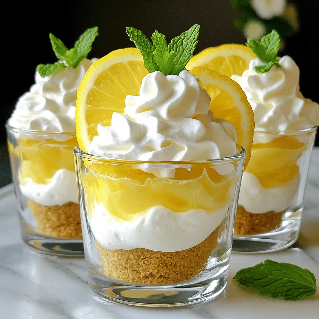 To make these delightful no bake lemon cheesecake cups, gather these ingredients: - 1 cup graham cracker crumbs - 2 tablespoons granulated sugar - 1/4 cup unsalted butter, melted - 8 oz cream cheese, softened - 1/2 cup powdered sugar - 1/2 cup sour cream - 1/4 cup fresh lemon juice - Zest of 1 lemon - 1 teaspoon vanilla extract - Whipped cream for topping - Lemon slices and mint leaves for garnish You can easily swap some ingredients for different flavors or dietary needs: - Instead of graham crackers, try digestive biscuits or crushed cookies. - For a gluten-free option, use gluten-free graham crackers or nuts. - If you want a lighter option, use Greek yogurt instead of sour cream. - You can use any type of cream cheese, including reduced-fat or dairy-free varieties. - If you don’t have fresh lemon juice, bottled lemon juice works too, but fresh is best. Quality makes a big difference in taste. Here are my tips: - Choose fresh lemons for the best flavor. Look for bright, firm lemons. - For cream cheese, pick a full-fat variety. It gives the best creamy texture. - Use unsalted butter to control the salt in your crust. - Check expiration dates on dairy items like cream cheese and sour cream. - When buying graham crackers, aim for those with simple, wholesome ingredients. These tips will help you create the best no bake lemon cheesecake cups. For the complete recipe, check the [Full Recipe]. To make the crust, you first need graham cracker crumbs. I use about 1 cup. You can crush whole crackers or buy pre-made crumbs. Next, mix the crumbs with 2 tablespoons of granulated sugar. This adds sweetness. Then, pour in 1/4 cup of melted, unsalted butter. Mix well until it looks like wet sand. Now, take about 2 tablespoons of this mixture. Spoon it into the bottom of your serving cups. Press down firmly. This forms a solid crust layer. Set these cups aside. They will hold all the yummy filling later. Now it's time to make the filling. In a large bowl, add 8 oz of softened cream cheese. Use an electric mixer to beat it until smooth. Then, add 1/2 cup of powdered sugar. This makes the filling sweet. Keep mixing until it's creamy and fluffy. Next, mix in 1/2 cup of sour cream. This adds a nice tang. Now, squeeze in 1/4 cup of fresh lemon juice. Don't forget the zest of 1 lemon for extra flavor! Finally, add 1 teaspoon of vanilla extract. Mix everything until it is fully combined. Your lemon cheesecake filling is now ready! Spoon the lemon cheesecake mixture into each cup. Fill them about 3/4 full. Use a spatula to smooth the top. This makes it look nice and neat. Now, it's time to chill. Place the cups in the fridge for at least 4 hours. If you can, let them chill overnight. This helps the cheesecake set properly. Before you serve, add a dollop of whipped cream on top. You can also add a slice of lemon and a mint leaf for garnish. This will make your no bake lemon cheesecake cups look amazing! For the full recipe, check out the earlier section. Enjoy your treat! To get a smooth and creamy cheesecake, start with softened cream cheese. Cold cream cheese can make lumps. Beat it well with powdered sugar until it is smooth. Then add sour cream, lemon juice, and zest. Mix until fluffy. This will give your cheesecake a light texture. Chill your cheesecake cups for at least four hours. This helps them set and firm up. For the best taste and texture, refrigerate overnight. The longer they sit, the better the flavors blend. Make sure to cover them with plastic wrap to keep them fresh. Serve these cups with style! Top each with a dollop of whipped cream. A slice of lemon and a mint leaf add a nice touch. Use clear cups to show off the layers. This makes for a pretty dessert that guests will love. For the full recipe, check out the earlier section. {{image_2}} You can change up the flavor in your cheesecake cups. Try adding berries! Simply mix in fresh strawberries, blueberries, or raspberries. Use about one cup of berries in the cream cheese mixture. This adds a sweet twist and a pop of color. You can also top the cups with more berries after chilling. They look great and taste even better! If you want a different crust, think about cookies or nuts. You can use crushed Oreos or chocolate cookies for a rich flavor. For a nutty option, try crushed almonds or walnuts. Just mix the cookie or nut crumbs with melted butter, just like you do with graham crackers. This gives you a tasty base with a fun twist! You can make these cheesecake cups vegan or dairy-free. Use dairy-free cream cheese and coconut cream instead of sour cream. For the crust, ensure your cookies are vegan-friendly. Coconut milk can replace the cream cheese for a lighter option. This way, everyone can enjoy these delicious treats, no matter their diet! For the full recipe, check back to create your perfect no bake lemon cheesecake cups! To keep your no bake lemon cheesecake cups fresh, start with airtight containers. These help prevent moisture and air from spoiling your treat. Always let them cool completely before sealing. If you don't have a container, you can cover them tightly with plastic wrap. This keeps them safe in the fridge. You can store these cheesecake cups in the fridge for about 3 to 5 days. Just make sure they stay covered. The longer they sit, the more the crust may soften. They taste best when eaten fresh, but they still make a great treat after a few days. If you want to save your cheesecake cups for later, freezing works well. First, let them chill in the fridge until firm. Then, place them in a freezer-safe container. You can also wrap them individually in plastic wrap. They can last in the freezer for up to 2 months. When you're ready to eat, just move them to the fridge for a few hours to thaw. Enjoy these desserts later with the same great taste! For the full recipe, check out the details above. Yes, you can use lemon extract. However, use less than the juice. Start with one teaspoon. Lemon extract is stronger than fresh juice. Adjust to your taste. You will know the cheesecake is set when it feels firm. Lightly touch the top; it should not jiggle. Refrigerate for at least four hours. For the best taste, chill overnight. You can use Greek yogurt as a great substitute. It has a similar texture and tang. You can also use cream cheese if needed. Just make sure it’s softened well. This blog post covered how to make delicious no-bake lemon cheesecake cups. You learned about key ingredients, substitutions, and ways to choose quality items. We discussed preparing the crust and filling, along with assembly tips. You found variations for flavors and crusts, plus vegan options. Storing tips helped ensure freshness. These desserts are easy and fun to make. Enjoy the creative process and impress your friends! You have all the tools to create a tasty treat. Now, go make something great!