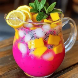 - 2 ripe mangoes, peeled and diced - 1 dragonfruit (pitaya), peeled and diced - 1 cup freshly squeezed lemon juice (about 4-5 lemons) - 4 cups cold water - ½ cup honey or agave syrup (adjust to taste) - Ice cubes - Fresh mint leaves and lemon slices for garnish To make Mango Dragonfruit Lemonade, you start with fresh fruit. Ripe mangoes and dragonfruit give this drink a bright, vibrant flavor. Look for mangoes that feel slightly soft when you press them. The dragonfruit should be bright pink or yellow, with firm skin. Next, we need liquids. Freshly squeezed lemon juice adds a tart punch. Use about four to five lemons for one cup of juice. Cold water helps blend everything smoothly, keeping it refreshing. For sweetness, honey or agave syrup works well. I suggest starting with half a cup and adjusting based on your taste. The drink should be sweet but not too sugary. Don't forget the ice! It makes the drink chill and refreshing. Fresh mint leaves and lemon slices add a nice touch when serving. They make the drink look pretty and add extra flavor. This simple combination of ingredients creates a delightful summer drink. For the full recipe, check below! - Step 1: Blend the mangoes and dragonfruit Start by peeling and dicing the mangoes and dragonfruit. Put them in a blender. Blend on high until smooth. This step creates a vibrant base for the drink. - Step 2: Strain the mixture Take the blended fruit and pour it through a fine sieve into a large pitcher. This removes any pulp. You want a smooth texture for your lemonade. - Step 3: Combine with lemon juice and water Add one cup of freshly squeezed lemon juice to the pitcher. Then pour in four cups of cold water. This combination balances the sweetness of the fruit with the tartness of the lemon. - Step 4: Sweeten and mix Add half a cup of honey or agave syrup to the pitcher. Stir well until it dissolves completely. Adjust the sweetness based on your taste. - Step 5: Chill before serving Place the pitcher in the refrigerator. Let it chill for at least 30 minutes. This allows the flavors to blend beautifully. - Step 6: Serve over ice with garnish Fill glasses with ice cubes and pour the lemonade over the top. Garnish with fresh mint leaves and lemon slices. This adds a nice touch and makes it look pretty. For a detailed view of all ingredients and steps, check the Full Recipe. To make the best Mango Dragonfruit Lemonade, start with ripe mangoes. Look for mangoes that give slightly when you press them. Their skin should be a mix of green and yellow. This means they are sweet and ready to eat. For dragonfruit, choose ones that are bright in color and firm. If the skin has a few blemishes, it’s fine. The flesh inside should be white or pink with tiny black seeds. When picking lemons, go for ones that are heavy for their size. The best lemons have a bright yellow color and smooth skin. This means they have lots of juice. If you can, roll the lemon on a counter. This helps release more juice when you squeeze it. Not everyone likes the same level of sweetness. You can use honey or agave syrup, but there are other options too. Maple syrup or coconut sugar works well too. If you want to keep it sugar-free, try using stevia or monk fruit. To find the perfect balance, start with half a cup of sweetener. After mixing, taste it. If it needs more sweetness, add a little more. Just remember, you can always add more, but you can't take it away. You can make your lemonade even better by adding other fruits or herbs. Try adding strawberries or raspberries for a berry twist. Fresh basil or mint can also add a unique flavor. If you want to change the tartness, add more lemon juice for a tangy taste. If it’s too tart, add a bit more sweetener. Play around with these flavors to make a drink you love. {{image_2}} You can make Mango Dragonfruit Lemonade even better with fruit add-ins. Berries like strawberries and blueberries work well. They add color and flavor. Citrus fruits like oranges and limes also brighten the drink. You might try adding a few slices of peach in summer. They bring a sweet twist. Feel free to mix and match your favorite fruits. Want to turn this drink into a cocktail? It’s easy! You can add rum or vodka for a fun twist. Just mix one cup of your chosen spirit with the lemonade. If you like bubbly drinks, try adding prosecco. It gives a nice fizz to the beverage. Enjoy it on a warm day with friends! For a vegan version, use agave syrup instead of honey. It keeps the drink sweet and plant-based. You can also try stevia or monk fruit for a sugar-free option. If you want creaminess without dairy, blend in some coconut cream. It adds a tropical feel and enhances the flavor. This way, everyone can enjoy this refreshing drink. For the complete recipe, check out the [Full Recipe]. To keep Mango Dragonfruit Lemonade fresh, store it in the fridge. Use a glass pitcher with a lid. This helps keep the drink cool and tasty. If you don't have a lid, cover the pitcher with plastic wrap. Avoid metal containers, as they can alter the taste. In the fridge, your Mango Dragonfruit Lemonade lasts about 3 to 5 days. Look for signs of spoilage, like an off smell or strange color. If it tastes sour, it’s best to throw it out. You can freeze Mango Dragonfruit Lemonade! Pour it into an ice cube tray or freezer-safe container. Leave some space at the top, as it will expand when frozen. When you're ready to enjoy, thaw it in the fridge or use the microwave. Stir well before serving. Mango Dragonfruit Lemonade is a bright, refreshing drink. It combines sweet mangoes and exotic dragonfruit. The drink gets its tangy kick from fresh lemon juice. This mix creates a vibrant pink color and fruity flavor. It’s perfect for hot summer days and gatherings with friends. Yes, you can make this drink ahead of time. Prepare the lemonade and store it in the fridge. It tastes even better after chilling for a bit. Just give it a stir before serving. You can also freeze it in ice cube trays. This way, you have cold lemonade ready when you need it. You can find Mango Dragonfruit Lemonade at many stores. Some popular brands offer ready-to-drink options. Look for it in the juice or beverage aisle. You may also find it at cafes or juice bars. If you prefer homemade, check my Full Recipe for a simple guide. Mango Dragonfruit Lemonade is not just tasty; it's healthy too! Mangoes are rich in vitamins A and C. Dragonfruit has antioxidants that boost your immune system. Lemons provide vitamin C, which helps with hydration. The honey adds natural sweetness without refined sugar. This drink is a great way to cool off and get nutrients. If fresh fruit is not available, don’t worry! You can use frozen mangoes and dragonfruit. Just blend them while frozen for a slushy texture. You can also use bottled juices as a substitute. Look for pure juices without added sugar. This way, you still get the great taste of Mango Dragonfruit Lemonade. This blog post covered how to make Mango Dragonfruit Lemonade. We explored key ingredients, from ripe mangoes to fresh lemon juice. I shared step-by-step instructions for preparation, sweetening, and chilling the drink. You learned tips for selecting the best fruit and adjusting sweetness. We also discussed fun variations and storage tips. Mango Dragonfruit Lemonade is refreshing and easy to make. Enjoy it as a treat or share it with friends. Let your creativity shine by trying different fruits or serving styles!