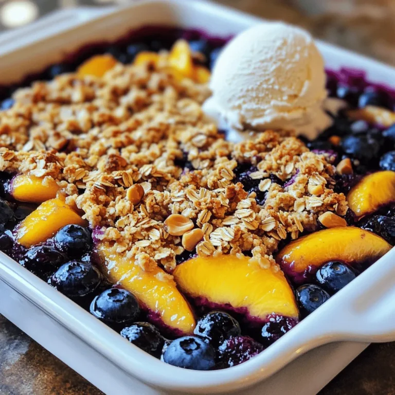 - 2 cups fresh blueberries - 2 cups fresh peaches, peeled and sliced - 1 tablespoon lemon juice - 1 cup rolled oats - 1/2 cup all-purpose flour - 1/2 cup brown sugar - 1/3 cup unsalted butter, melted - 1 teaspoon ground cinnamon - 1/4 teaspoon salt - 1/2 cup chopped nuts (walnuts or pecans) For my Blueberry Peach Crisp, I love using ripe, fresh blueberries and peaches. The combination gives a sweet and tart flavor that shines. The lemon juice adds a nice zing, making the fruit pop. The dry ingredients are crucial for that perfect crisp topping. Rolled oats and flour mix well with brown sugar for a sweet crunch. The butter brings it all together. It melts and binds the dry mix, creating a golden layer on top. If you need a gluten-free option, you can swap all-purpose flour for gluten-free flour. Look for oats labeled gluten-free as well. For a dairy-free version, use coconut oil instead of butter. When it comes to sweeteners, feel free to adjust to your taste. You might try maple syrup or honey for a different flavor. I often play with sweeteners to find what suits my mood. For the full recipe, check out the complete guide. - Preheat your oven to 350°F (175°C). - In a large bowl, combine 2 cups of fresh blueberries, 2 cups of sliced peaches, and 1 tablespoon of lemon juice. Mix gently to coat the fruit. Transfer the mix to a greased 9x13 inch baking dish. - In a separate bowl, combine 1 cup of rolled oats, 1/2 cup of all-purpose flour, and 1/2 cup of brown sugar. Mix in 1 teaspoon of ground cinnamon and 1/4 teaspoon of salt. - Pour in 1/3 cup of melted unsalted butter and stir well. Add 1/2 cup of chopped nuts, like walnuts or pecans, for more crunch. - Spread the oat mixture evenly over the fruit layer in the baking dish. Make sure all the fruit is covered. - Bake in your preheated oven for about 30-35 minutes. Look for a golden brown top and bubbly fruit. - Once done, remove it from the oven and let it cool slightly before serving. This will help the flavors mix well. - Serve warm, and if you like, add a scoop of vanilla ice cream for a special treat. For the full recipe, check the details above! To avoid soggy bottoms, use fresh fruit. Fresh blueberries and peaches provide the best flavor and texture. If you use frozen fruit, thaw and drain them first. This step prevents excess juice from making the crust wet. Also, sprinkle a little flour on the fruit before adding the topping. This helps absorb some juice and keeps the crisp crunchy. I love to serve blueberry peach crisp warm. A scoop of vanilla ice cream on top makes it even better. The cold ice cream blends perfectly with the warm crisp. If you prefer, whipped cream is a tasty option too. Both add a creamy contrast to the sweet fruit and crunchy topping. For a fun twist, serve the crisp in individual dishes. Small ramekins look nice and make serving easier. Each person gets their own portion, which adds a special touch. You can also garnish with fresh mint leaves for color. This simple addition makes the dish look fancy and inviting. {{image_2}} You can mix up the fruits in your crisp. Apples work well and add a nice crunch. Strawberries also bring a sweet touch. Feel free to use any fruit you love. Just keep the same amounts for best results. You can even try a mix of all three for a fun twist. Experimenting with fruit lets you find your favorite flavor. If you want a lighter crisp, you can reduce the sugar. Use only half the amount and still enjoy great taste. You can also swap in oats without gluten. These oats keep the texture nice while being gluten-free. For a vegan option, replace butter with coconut oil. You still get a lovely crisp without added dairy. Adding spices can elevate your dessert. A dash of nutmeg gives warmth and depth. Ginger can add a zesty kick that brightens the flavors. Just a pinch in the topping can change everything. Feel free to mix and match your favorite spices. This small step can create a unique flavor profile in your crisp. For the full recipe, check out the detailed steps to make your crisp a success. To store leftover blueberry peach crisp, let it cool first. Cover the dish tightly with plastic wrap or aluminum foil. You can also transfer it to an airtight container. In the fridge, it stays fresh for 3 to 5 days. Just reheat it gently in the oven or microwave before serving. This makes it taste almost as good as fresh! If you want to freeze your crisp, it’s best to do so before baking. Assemble the crisp, but skip the oven. Cover it tightly with plastic wrap, then foil. This prevents freezer burn and keeps flavors intact. When ready, bake it from frozen for about 10 to 15 extra minutes. If you freeze leftovers, thaw in the fridge overnight before reheating. Unbaked blueberry peach crisp can last up to 3 months in the freezer. Baked crisp lasts about 1 month if frozen. Refrigerated crisp should be eaten within 5 days. Use your senses to check for freshness. If it smells off or looks strange, it’s best to toss it. Enjoy your delicious dessert safely! It takes about 30 to 35 minutes to bake blueberry peach crisp. You want the top to be golden brown and the fruit to bubble. This time allows the flavors to mix well and the topping to get crispy. While it cooks, your kitchen fills with a lovely smell. Yes, you can use frozen fruit! Just make sure to thaw and drain the fruit first. Frozen fruit has more water than fresh fruit. If you use it without draining, your crisp might turn out too soggy. Adjust the baking time. You may need a few extra minutes to cook it fully. Blueberry peach crisp is great on its own, but you can add more fun! Serve it warm with a scoop of vanilla ice cream. The ice cream melts over the warm crisp, creating a tasty mix. You can also pair it with whipped cream or yogurt for a lighter option. Enjoy the contrast of hot and cold for a delightful treat. This blog post shared how to make a tasty blueberry peach crisp. We discussed fresh ingredients, alternative options, and simple steps to prepare your dish. I included tips to avoid sogginess and great serving ideas. You can try different fruits or spices to make it yours. Follow storage tips to keep leftovers fresh. Enjoy experimenting and creating your own tasty versions! Your perfect crisp awaits.