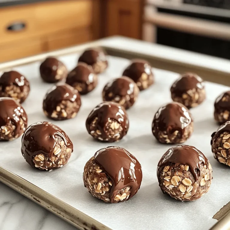 - 1 cup rolled oats - 1/2 cup natural peanut butter (smooth or crunchy) - 1/3 cup honey or maple syrup - 1/4 cup cocoa powder - 1/4 cup chocolate chips (dark or semi-sweet) - 1/4 cup ground flaxseed - 1 teaspoon vanilla extract - A pinch of salt These energy balls pack a punch of nutrients. Rolled oats provide fiber, which helps keep you full. Peanut butter adds healthy fats and protein, giving you energy. Cocoa powder is rich in antioxidants, and it adds a chocolatey taste. Ground flaxseed contains omega-3 fatty acids, which are great for heart health. Honey or maple syrup gives a bit of sweetness and energy boost. Together, these ingredients make a healthy snack. You can swap out some ingredients if needed. Use almond butter or cashew butter instead of peanut butter for a nut-free option. Try agave syrup if you want a lower-glycemic sweetener. For a gluten-free version, use certified gluten-free oats. If you want to skip the chocolate chips, you can use dried fruit or nuts for added texture. These swaps keep the energy balls tasty and healthy. Making Peanut Butter Chocolate Energy Balls is simple and fun. Start by gathering all your ingredients. You will need rolled oats, peanut butter, honey or maple syrup, cocoa powder, chocolate chips, ground flaxseed, vanilla extract, and a pinch of salt. This recipe takes about 10 minutes to prep. 1. Mix the Dry Ingredients: In a large bowl, combine 1 cup of rolled oats, 1/4 cup of cocoa powder, and 1/4 cup of ground flaxseed. Stir these dry ingredients well until they blend smoothly. 2. Combine the Wet Ingredients: In a separate bowl, add 1/2 cup of peanut butter, 1/3 cup of honey or maple syrup, 1 teaspoon of vanilla extract, and a pinch of salt. Mix these until they become smooth and creamy. 3. Combine Wet and Dry: Gradually pour the wet mixture into the dry ingredients. Stir until everything is mixed well. 4. Add Chocolate Chips: Finally, fold in 1/4 cup of chocolate chips. Make sure they are evenly mixed into the batter. 1. Chill the Mixture: Once you mix all the ingredients, cover the bowl and place it in the fridge for about 30 minutes. This makes it easier to form the balls. 2. Form the Balls: After chilling, take the mixture out. Use your hands to roll small balls, about 1 inch in size. Place them on a parchment-lined baking sheet. 3. Final Chill: After forming all the balls, chill them again in the fridge for an extra 15-20 minutes. This helps them firm up. 4. Store: Keep the energy balls in an airtight container in the fridge. They stay fresh for up to a week. You can enjoy them as a quick snack anytime! For the full recipe, check the details above. To get the best texture in your energy balls, start with the right ingredients. Use rolled oats, as they provide a chewy base. Ground flaxseed adds a nice crunch. If you prefer a smoother texture, use smooth peanut butter. For a chunkier bite, go with crunchy peanut butter. Make sure to chill your mixture before rolling. This helps the balls hold their shape. Accurate measurements are key for tasty energy balls. Use dry measuring cups for the oats and cocoa powder. For sticky ingredients like peanut butter and honey, a liquid measuring cup works better. Always pack the peanut butter into the cup. This ensures you get the right amount. If you want a sweeter snack, add a little more honey or maple syrup. Prepare these energy balls with simple tools. A large mixing bowl makes combining ingredients easy. Use a spatula for mixing; it helps scrape the sides well. An ice cream scoop works great for portioning the mixture into balls. Line your baking sheet with parchment paper. This keeps the balls from sticking. Finally, keep a small bowl of water nearby. Wet your hands when rolling to prevent sticking. For the complete recipe, check the detailed instructions. {{image_2}} To make these energy balls vegan, use maple syrup instead of honey. Both options offer sweetness, but maple syrup fits a vegan diet. You can also swap the chocolate chips for dairy-free options. Look for brands that offer dark chocolate with no milk. This keeps the flavor while sticking to a plant-based diet. If you need a gluten-free snack, these energy balls are easy to adapt. Rolled oats are naturally gluten-free, but ensure they are certified gluten-free. Some brands may process oats with gluten products. Check the label before using. You can also use gluten-free chocolate chips to avoid any gluten contamination. Want to add some flair? You can mix in protein powder for an extra boost. This makes them great after workouts. If you love nuts, try adding chopped almonds or walnuts. They add crunch and healthy fats. Dried fruits like raisins or cranberries also work well. They bring a sweet taste and chewy texture to the mix. Feel free to experiment with these additions to find your perfect flavor combination. For the full recipe, refer to the earlier section. To keep your Peanut Butter Chocolate Energy Balls fresh, place them in an airtight container. Store them in the fridge for up to a week. I like to layer them with parchment paper to avoid sticking. This simple step keeps them neat and easy to grab. If you want to save some for later, freezing is a great option. You can freeze the energy balls in a single layer on a baking sheet. Once they are firm, transfer them to a freezer-safe bag. This way, you can enjoy them for up to three months. Just thaw them in the fridge overnight before eating. Check your energy balls before eating. If they smell off or have a slimy texture, it's best to toss them. Fresh energy balls should have a rich, nutty aroma and a firm feel. Always trust your senses when it comes to food safety. These energy balls last about one week in the fridge. To keep them fresh, store them in an airtight container. If you want to enjoy them longer, freeze them. They can last for up to three months in the freezer. Just thaw them before eating. Yes, you can swap peanut butter for other nut butters. Almond butter, cashew butter, or sunflower seed butter all work well. Each option will give a unique taste and texture. Just keep the measurements the same for best results. To boost nutrition, add seeds or nuts. Chia seeds, pumpkin seeds, or walnuts are great choices. You can also mix in dried fruits like raisins or cranberries. This adds fiber and vitamins. A scoop of protein powder can enhance the protein content too. Yes, this recipe is a no-bake treat! You simply mix the ingredients and chill them. This makes it easy and quick to prepare. The chilling step helps the balls firm up. You won't need an oven for this recipe. You can find the full recipe for Peanut Butter Chocolate Energy Balls in the recipe section. It includes all the steps and tips for making these tasty snacks. Making Peanut Butter Chocolate Energy Balls is simple and fun. We covered the key ingredients and their health perks. You can easily swap out common ingredients and still enjoy the taste. I shared easy steps to mix and chill your energy balls for the perfect bite. With tips for great texture and measuring, you’ll succeed every time. Don’t forget the variations for special diets or added flavors! Storing them right keeps them fresh and tasty. Follow the freezing tips for long life. Now you’re ready to make your own delicious snacks. Enjoy your healthy treats!