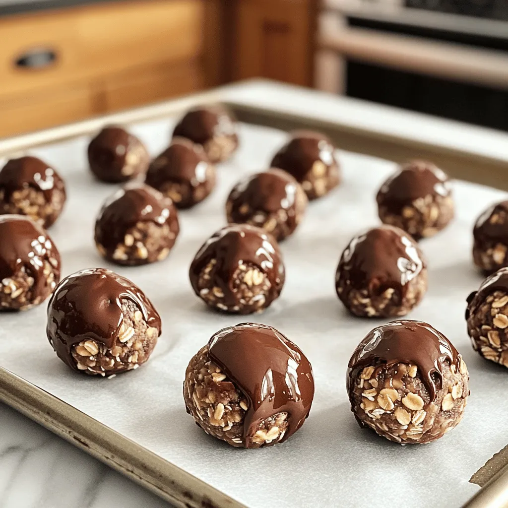 - 1 cup rolled oats - 1/2 cup natural peanut butter (smooth or crunchy) - 1/3 cup honey or maple syrup - 1/4 cup cocoa powder - 1/4 cup chocolate chips (dark or semi-sweet) - 1/4 cup ground flaxseed - 1 teaspoon vanilla extract - A pinch of salt These energy balls pack a punch of nutrients. Rolled oats provide fiber, which helps keep you full. Peanut butter adds healthy fats and protein, giving you energy. Cocoa powder is rich in antioxidants, and it adds a chocolatey taste. Ground flaxseed contains omega-3 fatty acids, which are great for heart health. Honey or maple syrup gives a bit of sweetness and energy boost. Together, these ingredients make a healthy snack. You can swap out some ingredients if needed. Use almond butter or cashew butter instead of peanut butter for a nut-free option. Try agave syrup if you want a lower-glycemic sweetener. For a gluten-free version, use certified gluten-free oats. If you want to skip the chocolate chips, you can use dried fruit or nuts for added texture. These swaps keep the energy balls tasty and healthy. Making Peanut Butter Chocolate Energy Balls is simple and fun. Start by gathering all your ingredients. You will need rolled oats, peanut butter, honey or maple syrup, cocoa powder, chocolate chips, ground flaxseed, vanilla extract, and a pinch of salt. This recipe takes about 10 minutes to prep. 1. Mix the Dry Ingredients: In a large bowl, combine 1 cup of rolled oats, 1/4 cup of cocoa powder, and 1/4 cup of ground flaxseed. Stir these dry ingredients well until they blend smoothly. 2. Combine the Wet Ingredients: In a separate bowl, add 1/2 cup of peanut butter, 1/3 cup of honey or maple syrup, 1 teaspoon of vanilla extract, and a pinch of salt. Mix these until they become smooth and creamy. 3. Combine Wet and Dry: Gradually pour the wet mixture into the dry ingredients. Stir until everything is mixed well. 4. Add Chocolate Chips: Finally, fold in 1/4 cup of chocolate chips. Make sure they are evenly mixed into the batter. 1. Chill the Mixture: Once you mix all the ingredients, cover the bowl and place it in the fridge for about 30 minutes. This makes it easier to form the balls. 2. Form the Balls: After chilling, take the mixture out. Use your hands to roll small balls, about 1 inch in size. Place them on a parchment-lined baking sheet. 3. Final Chill: After forming all the balls, chill them again in the fridge for an extra 15-20 minutes. This helps them firm up. 4. Store: Keep the energy balls in an airtight container in the fridge. They stay fresh for up to a week. You can enjoy them as a quick snack anytime! For the full recipe, check the details above. To get the best texture in your energy balls, start with the right ingredients. Use rolled oats, as they provide a chewy base. Ground flaxseed adds a nice crunch. If you prefer a smoother texture, use smooth peanut butter. For a chunkier bite, go with crunchy peanut butter. Make sure to chill your mixture before rolling. This helps the balls hold their shape. Accurate measurements are key for tasty energy balls. Use dry measuring cups for the oats and cocoa powder. For sticky ingredients like peanut butter and honey, a liquid measuring cup works better. Always pack the peanut butter into the cup. This ensures you get the right amount. If you want a sweeter snack, add a little more honey or maple syrup. Prepare these energy balls with simple tools. A large mixing bowl makes combining ingredients easy. Use a spatula for mixing; it helps scrape the sides well. An ice cream scoop works great for portioning the mixture into balls. Line your baking sheet with parchment paper. This keeps the balls from sticking. Finally, keep a small bowl of water nearby. Wet your hands when rolling to prevent sticking. For the complete recipe, check the detailed instructions. {{image_2}} To make these energy balls vegan, use maple syrup instead of honey. Both options offer sweetness, but maple syrup fits a vegan diet. You can also swap the chocolate chips for dairy-free options. Look for brands that offer dark chocolate with no milk. This keeps the flavor while sticking to a plant-based diet. If you need a gluten-free snack, these energy balls are easy to adapt. Rolled oats are naturally gluten-free, but ensure they are certified gluten-free. Some brands may process oats with gluten products. Check the label before using. You can also use gluten-free chocolate chips to avoid any gluten contamination. Want to add some flair? You can mix in protein powder for an extra boost. This makes them great after workouts. If you love nuts, try adding chopped almonds or walnuts. They add crunch and healthy fats. Dried fruits like raisins or cranberries also work well. They bring a sweet taste and chewy texture to the mix. Feel free to experiment with these additions to find your perfect flavor combination. For the full recipe, refer to the earlier section. To keep your Peanut Butter Chocolate Energy Balls fresh, place them in an airtight container. Store them in the fridge for up to a week. I like to layer them with parchment paper to avoid sticking. This simple step keeps them neat and easy to grab. If you want to save some for later, freezing is a great option. You can freeze the energy balls in a single layer on a baking sheet. Once they are firm, transfer them to a freezer-safe bag. This way, you can enjoy them for up to three months. Just thaw them in the fridge overnight before eating. Check your energy balls before eating. If they smell off or have a slimy texture, it's best to toss them. Fresh energy balls should have a rich, nutty aroma and a firm feel. Always trust your senses when it comes to food safety. These energy balls last about one week in the fridge. To keep them fresh, store them in an airtight container. If you want to enjoy them longer, freeze them. They can last for up to three months in the freezer. Just thaw them before eating. Yes, you can swap peanut butter for other nut butters. Almond butter, cashew butter, or sunflower seed butter all work well. Each option will give a unique taste and texture. Just keep the measurements the same for best results. To boost nutrition, add seeds or nuts. Chia seeds, pumpkin seeds, or walnuts are great choices. You can also mix in dried fruits like raisins or cranberries. This adds fiber and vitamins. A scoop of protein powder can enhance the protein content too. Yes, this recipe is a no-bake treat! You simply mix the ingredients and chill them. This makes it easy and quick to prepare. The chilling step helps the balls firm up. You won't need an oven for this recipe. You can find the full recipe for Peanut Butter Chocolate Energy Balls in the recipe section. It includes all the steps and tips for making these tasty snacks. Making Peanut Butter Chocolate Energy Balls is simple and fun. We covered the key ingredients and their health perks. You can easily swap out common ingredients and still enjoy the taste. I shared easy steps to mix and chill your energy balls for the perfect bite. With tips for great texture and measuring, you’ll succeed every time. Don’t forget the variations for special diets or added flavors! Storing them right keeps them fresh and tasty. Follow the freezing tips for long life. Now you’re ready to make your own delicious snacks. Enjoy your healthy treats!