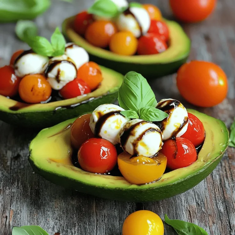 To make Caprese stuffed avocados, you need a few key items. Here’s what you will use: - 2 ripe avocados - 1 cup cherry tomatoes, halved - 1 cup fresh mozzarella balls, drained - ¼ cup fresh basil leaves, chopped - 2 tablespoons balsamic glaze - 1 tablespoon olive oil - Salt and pepper to taste These ingredients create a fresh and tasty filling that pairs perfectly with the creamy avocado. The ripe avocados provide a smooth base that holds the bright flavors of tomatoes and mozzarella. Feel free to get creative with your Caprese stuffed avocados! Here are some fun ideas to add extra flair: - Red onion, thinly sliced - Pine nuts or walnuts for crunch - Spinach or arugula for a peppery twist - A drizzle of pesto for an herbaceous kick Using these optional ingredients lets you personalize your dish. Mixing and matching can lead to new flavor combos that you’ll love. Having the right tools makes cooking easier. Here’s what I recommend for this recipe: - A sharp knife for cutting avocados and veggies - A mixing bowl for combining the filling - A spoon for scooping out the avocado - A small measuring cup for liquids - A serving platter for presentation These tools will help you prepare, mix, and serve your Caprese stuffed avocados with ease. For the full recipe, you can find all the steps in the main article. Start by cutting the avocados in half. Remove the pit with a spoon. Be gentle to avoid bruising the flesh. Scoop out a little bit of the avocado to make room for the filling. Place the scooped avocado in a bowl for later use. In a clean bowl, add the halved cherry tomatoes and the mozzarella balls. Then, chop the fresh basil and add it to the bowl. Next, include the reserved avocado flesh. Drizzle in the olive oil and season with salt and pepper. Mix everything carefully until combined. Make sure all ingredients are evenly distributed. Take the avocado halves and carefully fill them with the Caprese mixture. Use a spoon to pack the filling down gently. Make sure to fill them generously, allowing the mixture to mound a bit on top. Before you serve the stuffed avocados, drizzle balsamic glaze over each half. This adds a nice touch of sweetness and flavor. You can be generous with the glaze, as it enhances the overall taste. For the Full Recipe, check the recipe section above. Enjoy your delicious Caprese stuffed avocados! To make Caprese stuffed avocados, pick ripe avocados. They should feel firm but yield slightly when pressed. Look for a dark green or black color. Avoid avocados with brown spots or soft spots. A good avocado makes all the difference in taste and texture. You want them creamy and rich to balance the fresh flavors. You can prepare the filling ahead of time. Mix the tomatoes, mozzarella, basil, and seasonings. Store it in the fridge for up to a day. When ready to serve, cut the avocados. Scoop out the flesh, and fill them with the mix. Drizzle with balsamic glaze just before serving. This keeps the avocados fresh and green. For extra flavor, try adding sliced olives or roasted red peppers. You can also sprinkle some red pepper flakes for heat. A squeeze of lemon juice brightens the dish. If you love nuts, sprinkle some pine nuts or walnuts on top. These add crunch and depth to your Caprese stuffed avocados. For the detailed recipe, check out the Full Recipe. {{image_2}} You can switch up the cheese in your Caprese stuffed avocados for new flavors. Try goat cheese for a tangy twist. Feta also works well, adding a salty kick. If you love sharp cheese, use aged cheddar. The key is to choose a cheese that melts well, which makes each bite creamy and delicious. Want to make your dish more filling? Add proteins like grilled chicken or shrimp. Both pair well with the fresh flavors. For a vegetarian option, use chickpeas or even black beans. They add protein and a different texture. These additions turn your dish into a full meal. Seasonal veggies can bring new life to your Caprese stuffed avocados. In summer, add grilled zucchini or bell peppers for a smoky taste. In fall, roasted butternut squash or sweet potatoes work great. They add depth and warmth to your meal. You can even toss in some fresh corn for a sweet crunch. For the full recipe, check [Full Recipe]. To keep your stuffed avocados fresh, wrap them tightly in plastic wrap. This helps prevent browning. Place them in an airtight container for extra protection. Store them in the fridge. If you have extra filling, keep it in a separate container. This way, you can enjoy it later. You should not reheat stuffed avocados. The avocado gets mushy when heated. Instead, try refreshing them. Drizzle a little olive oil or balsamic glaze before serving. This adds flavor and makes them look nice. If they seem dry, add a sprinkle of salt and pepper to enhance taste. The shelf life of the finished dish is about one day in the fridge. The avocados will brown quickly, so eat them soon. Fresh mozzarella lasts about five days, while cherry tomatoes can last up to a week. Basil is best used fresh but can last three days when stored properly. For the best taste, use all ingredients fresh, as they add flavor and color to your meal. For the complete recipe, check out the Full Recipe. Yes, you can make Caprese stuffed avocados ahead of time. However, I recommend filling them just before serving. The avocado can brown quickly. To slow this down, sprinkle some lemon juice on the exposed flesh. This keeps it fresh longer and preserves its green color. If you don’t have mozzarella cheese, you can use feta or goat cheese. Both add a nice tang. You can also try burrata for a creamier texture. Just keep in mind that each cheese will change the flavor a bit. Ripe avocados feel slightly soft when you press them gently. If they feel hard, they need more time. A dark green or almost black skin is usually a good sign of ripeness. If they are too soft, they may be overripe. Yes, you can use a simple balsamic vinegar if you don’t have glaze. It will have a stronger flavor, so use less than you would with glaze. Honey or maple syrup can also work in a pinch, giving a sweet touch without the acidity. Serve Caprese stuffed avocados on a platter for a beautiful display. You can garnish them with extra basil leaves or a sprinkle of sea salt. They taste best fresh, so enjoy them right after you prepare them. For the full recipe, check out the detailed instructions above. Caprese stuffed avocados are simple and fun to make. We covered the main ingredients and tools you need. I shared step-by-step instructions and helpful tips. You can customize this dish with different cheeses or proteins. Remember, properly storing your leftovers keeps them fresh. You can easily refresh them too. I hope you enjoy creating your own tasty variations. Now, it’s your turn to impress friends and family with this delicious meal!