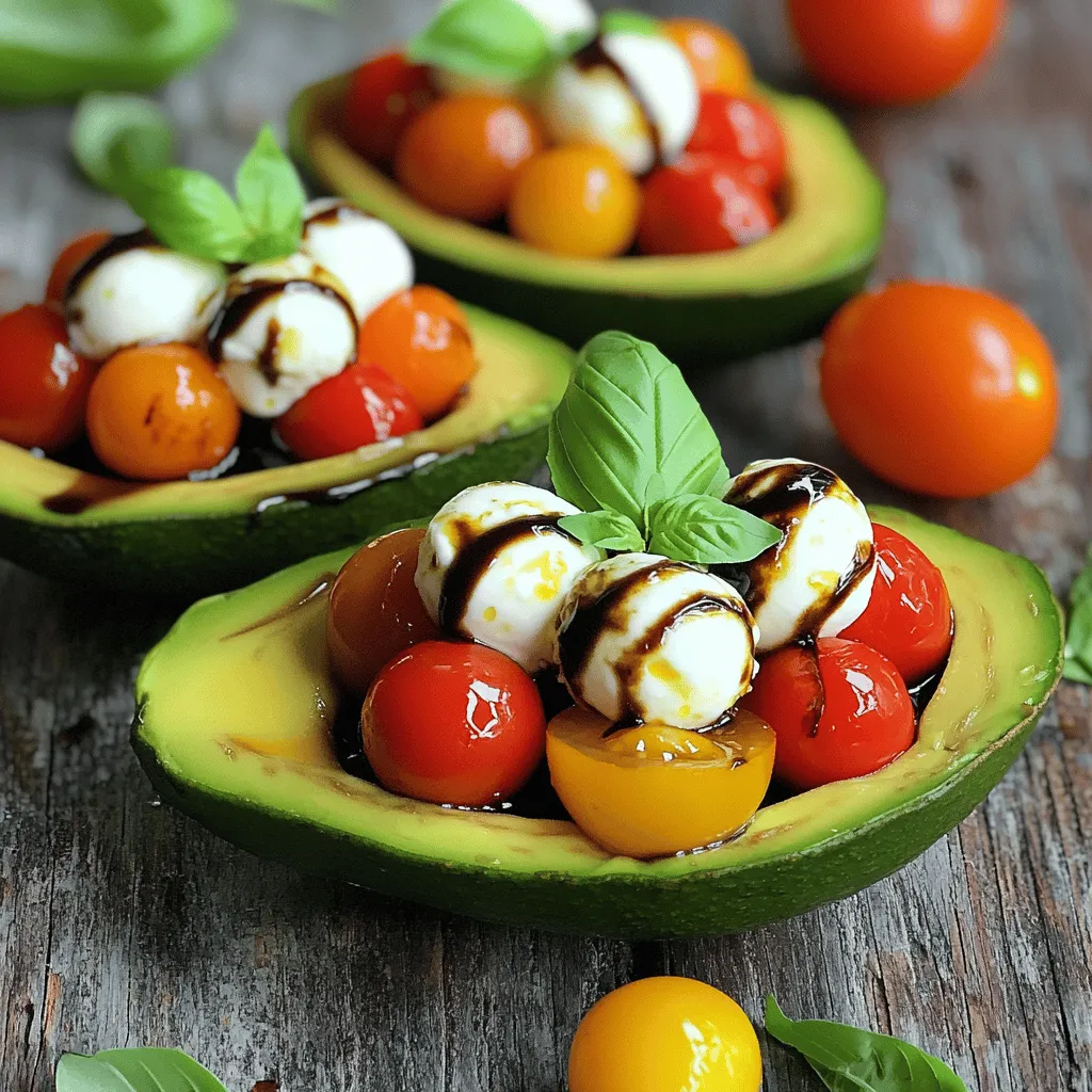 To make Caprese stuffed avocados, you need a few key items. Here’s what you will use: - 2 ripe avocados - 1 cup cherry tomatoes, halved - 1 cup fresh mozzarella balls, drained - ¼ cup fresh basil leaves, chopped - 2 tablespoons balsamic glaze - 1 tablespoon olive oil - Salt and pepper to taste These ingredients create a fresh and tasty filling that pairs perfectly with the creamy avocado. The ripe avocados provide a smooth base that holds the bright flavors of tomatoes and mozzarella. Feel free to get creative with your Caprese stuffed avocados! Here are some fun ideas to add extra flair: - Red onion, thinly sliced - Pine nuts or walnuts for crunch - Spinach or arugula for a peppery twist - A drizzle of pesto for an herbaceous kick Using these optional ingredients lets you personalize your dish. Mixing and matching can lead to new flavor combos that you’ll love. Having the right tools makes cooking easier. Here’s what I recommend for this recipe: - A sharp knife for cutting avocados and veggies - A mixing bowl for combining the filling - A spoon for scooping out the avocado - A small measuring cup for liquids - A serving platter for presentation These tools will help you prepare, mix, and serve your Caprese stuffed avocados with ease. For the full recipe, you can find all the steps in the main article. Start by cutting the avocados in half. Remove the pit with a spoon. Be gentle to avoid bruising the flesh. Scoop out a little bit of the avocado to make room for the filling. Place the scooped avocado in a bowl for later use. In a clean bowl, add the halved cherry tomatoes and the mozzarella balls. Then, chop the fresh basil and add it to the bowl. Next, include the reserved avocado flesh. Drizzle in the olive oil and season with salt and pepper. Mix everything carefully until combined. Make sure all ingredients are evenly distributed. Take the avocado halves and carefully fill them with the Caprese mixture. Use a spoon to pack the filling down gently. Make sure to fill them generously, allowing the mixture to mound a bit on top. Before you serve the stuffed avocados, drizzle balsamic glaze over each half. This adds a nice touch of sweetness and flavor. You can be generous with the glaze, as it enhances the overall taste. For the Full Recipe, check the recipe section above. Enjoy your delicious Caprese stuffed avocados! To make Caprese stuffed avocados, pick ripe avocados. They should feel firm but yield slightly when pressed. Look for a dark green or black color. Avoid avocados with brown spots or soft spots. A good avocado makes all the difference in taste and texture. You want them creamy and rich to balance the fresh flavors. You can prepare the filling ahead of time. Mix the tomatoes, mozzarella, basil, and seasonings. Store it in the fridge for up to a day. When ready to serve, cut the avocados. Scoop out the flesh, and fill them with the mix. Drizzle with balsamic glaze just before serving. This keeps the avocados fresh and green. For extra flavor, try adding sliced olives or roasted red peppers. You can also sprinkle some red pepper flakes for heat. A squeeze of lemon juice brightens the dish. If you love nuts, sprinkle some pine nuts or walnuts on top. These add crunch and depth to your Caprese stuffed avocados. For the detailed recipe, check out the Full Recipe. {{image_2}} You can switch up the cheese in your Caprese stuffed avocados for new flavors. Try goat cheese for a tangy twist. Feta also works well, adding a salty kick. If you love sharp cheese, use aged cheddar. The key is to choose a cheese that melts well, which makes each bite creamy and delicious. Want to make your dish more filling? Add proteins like grilled chicken or shrimp. Both pair well with the fresh flavors. For a vegetarian option, use chickpeas or even black beans. They add protein and a different texture. These additions turn your dish into a full meal. Seasonal veggies can bring new life to your Caprese stuffed avocados. In summer, add grilled zucchini or bell peppers for a smoky taste. In fall, roasted butternut squash or sweet potatoes work great. They add depth and warmth to your meal. You can even toss in some fresh corn for a sweet crunch. For the full recipe, check [Full Recipe]. To keep your stuffed avocados fresh, wrap them tightly in plastic wrap. This helps prevent browning. Place them in an airtight container for extra protection. Store them in the fridge. If you have extra filling, keep it in a separate container. This way, you can enjoy it later. You should not reheat stuffed avocados. The avocado gets mushy when heated. Instead, try refreshing them. Drizzle a little olive oil or balsamic glaze before serving. This adds flavor and makes them look nice. If they seem dry, add a sprinkle of salt and pepper to enhance taste. The shelf life of the finished dish is about one day in the fridge. The avocados will brown quickly, so eat them soon. Fresh mozzarella lasts about five days, while cherry tomatoes can last up to a week. Basil is best used fresh but can last three days when stored properly. For the best taste, use all ingredients fresh, as they add flavor and color to your meal. For the complete recipe, check out the Full Recipe. Yes, you can make Caprese stuffed avocados ahead of time. However, I recommend filling them just before serving. The avocado can brown quickly. To slow this down, sprinkle some lemon juice on the exposed flesh. This keeps it fresh longer and preserves its green color. If you don’t have mozzarella cheese, you can use feta or goat cheese. Both add a nice tang. You can also try burrata for a creamier texture. Just keep in mind that each cheese will change the flavor a bit. Ripe avocados feel slightly soft when you press them gently. If they feel hard, they need more time. A dark green or almost black skin is usually a good sign of ripeness. If they are too soft, they may be overripe. Yes, you can use a simple balsamic vinegar if you don’t have glaze. It will have a stronger flavor, so use less than you would with glaze. Honey or maple syrup can also work in a pinch, giving a sweet touch without the acidity. Serve Caprese stuffed avocados on a platter for a beautiful display. You can garnish them with extra basil leaves or a sprinkle of sea salt. They taste best fresh, so enjoy them right after you prepare them. For the full recipe, check out the detailed instructions above. Caprese stuffed avocados are simple and fun to make. We covered the main ingredients and tools you need. I shared step-by-step instructions and helpful tips. You can customize this dish with different cheeses or proteins. Remember, properly storing your leftovers keeps them fresh. You can easily refresh them too. I hope you enjoy creating your own tasty variations. Now, it’s your turn to impress friends and family with this delicious meal!