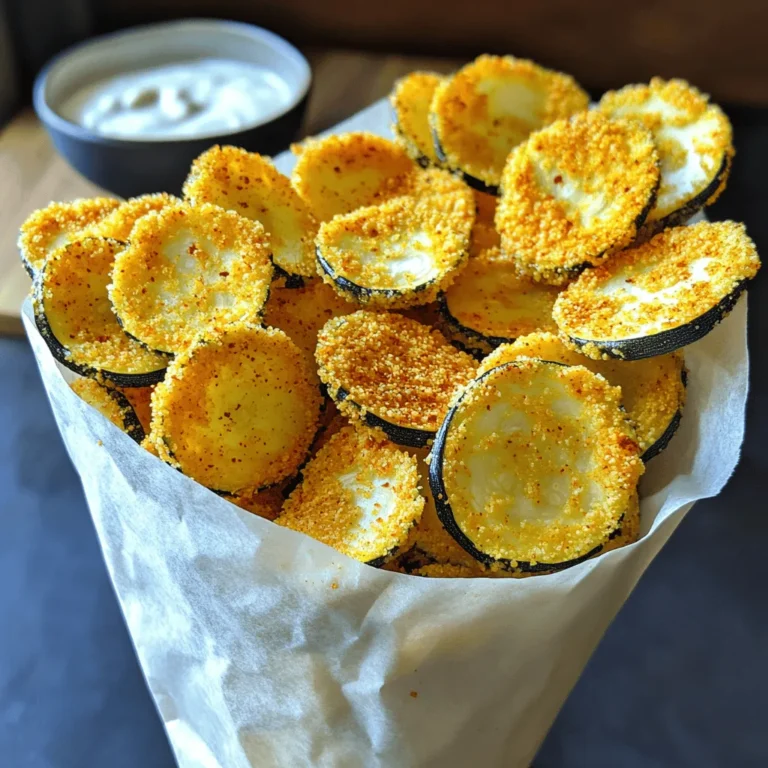 For crispy cornmeal zucchini chips, gather these items: - 2 medium zucchinis - 1 cup cornmeal - ½ cup all-purpose flour - 1 teaspoon garlic powder - 1 teaspoon paprika - ½ teaspoon salt - ¼ teaspoon black pepper - 2 large eggs - 1 tablespoon milk - Olive oil spray (for baking) You can adjust measurements if needed. If you want a gluten-free option, try using almond flour instead of all-purpose flour. You can also switch the cornmeal for a gluten-free cornmeal. For a bit of heat, add cayenne pepper to the spice mix. This can add a spicy kick. When picking zucchinis, look for ones that are firm and smooth. They should feel heavy for their size. The skin should have a deep green color. Avoid zucchinis that have soft spots or wrinkles, as these may be old. If you find smaller zucchinis, they tend to be sweeter and more tender. Always wash them well before slicing. For the full recipe, check the complete instructions provided. Start by washing the zucchinis under cold water. This removes dirt and any pesticides. Slice the zucchinis into thin rounds, about ¼ inch thick. This thickness helps them cook evenly and become crispy. You can use a sharp knife or a mandoline for even slices. Set the zucchini slices aside on a clean kitchen towel to remove excess moisture. This step is key for crispiness. In a shallow bowl, mix the dry ingredients. Combine 1 cup of cornmeal, ½ cup of all-purpose flour, 1 teaspoon of garlic powder, 1 teaspoon of paprika, ½ teaspoon of salt, and ¼ teaspoon of black pepper. Stir well until the mix is uniform. The cornmeal gives the chips a great crunch. You can also adjust spices based on your taste. If you want a kick, add a pinch of cayenne pepper. In another bowl, whisk together 2 large eggs and 1 tablespoon of milk until well blended. Dip each zucchini slice into the egg mixture, letting the excess drip off. Then, coat it in the cornmeal mixture. Press gently to help the coating stick. Place the coated slices on a baking sheet lined with parchment paper. Make sure they don’t touch each other. This allows them to crisp up nicely. Preheat your oven to 425°F (220°C). Once ready, bake the zucchini chips for 20-25 minutes. Flip them halfway through to ensure even cooking. Look for a golden brown color when they are done. Remove them from the oven and let them cool slightly. These crispy cornmeal zucchini chips are now ready to enjoy! For the full recipe, check the earlier section. To make your zucchini chips super crispy, follow these tips. First, slice the zucchinis thinly, about ¼ inch thick. Thinner slices cook faster and get crunchier. Second, sprinkle a bit of salt on the slices after cutting. This draws out moisture. Let them sit for about 10 minutes, then pat them dry with a paper towel. Lastly, use olive oil spray lightly on the chips before baking. This helps them brown nicely. Avoid these common mistakes for the best chips. Don’t skip drying the zucchini slices. Excess moisture leads to soggy chips. Also, make sure not to overcrowd the baking sheet. Lay the chips in a single layer. If they touch, they won’t crisp up well. Lastly, remember to flip the chips halfway through baking. This ensures even cooking and crispness. To boost the flavor of your chips, try these ideas. Add your favorite spices to the cornmeal mixture. Options like cayenne pepper or onion powder can add a nice kick. You can also mix in grated cheese to the coating for a cheesy flavor. For a fresh touch, sprinkle herbs like oregano or thyme on top before baking. Experiment and find your favorite combinations! For the full recipe, check out the detailed instructions above. {{image_2}} For a kick, add heat to your chips. Mix in cayenne pepper or chili powder with the cornmeal. Start with half a teaspoon and adjust to your taste. You can also serve these spicy chips with a cool dip, like yogurt or sour cream. This balance makes each bite exciting. If you love cheese, this variation is for you. Mix grated parmesan or cheddar cheese into the cornmeal. Use about ½ cup of cheese for a rich flavor. It adds a crunchy, cheesy layer to the chips. Just remember, cheese can brown faster, so watch them closely while baking. Get creative with coatings! Try using panko breadcrumbs for extra crunch. You can also switch up the flour. Almond flour or coconut flour works well for a nutty taste. For a gluten-free option, use gluten-free breadcrumbs or flours. Each coating changes the taste and texture, making it fun to experiment. For the full recipe, check out the detailed instructions on making these crispy cornmeal zucchini chips. To keep your leftover crispy cornmeal zucchini chips fresh, let them cool down first. Place them in an airtight container. If you stack them, use parchment paper between layers. This helps prevent sogginess. Store them in the fridge for up to three days. They will lose some crispness but can still taste great. When you want to enjoy your chips again, preheat your oven to 350°F (175°C). Spread the chips on a baking sheet in a single layer. Bake for about 10 minutes or until they are hot and crispy again. Avoid using the microwave, as it can make them chewy. If you want to save your chips for later, freezing is a good option. Place the cooled chips in a single layer on a baking sheet. Freeze them for about an hour, then transfer them to a freezer bag. Make sure to remove as much air as possible. They can stay fresh for up to three months. When ready to eat, follow the reheating instructions for best results. Yes, you can use other veggies! Try eggplant, sweet potatoes, or carrots. Each veggie adds a unique taste. Just slice them thin like zucchinis. Keep the cooking time similar, so they crisp up nicely. To make these chips gluten-free, swap the all-purpose flour. Use almond flour or a gluten-free blend. Check your cornmeal, too, to ensure it is gluten-free. This way, everyone can enjoy these tasty snacks! Dipping sauces can enhance your chips! I love ranch dressing for a classic touch. Spicy aioli is great for a kick. You can also try tzatziki or salsa for fresh flavors. Mix it up and find your favorite! To keep your chips crispy, store them in an airtight container. Avoid stacking them, as that can lead to sogginess. If you have leftovers, reheat them in the oven for a few minutes. This helps regain that crunch! This blog post covered how to make delicious zucchini chips. We discussed the best ingredients, measurements, and tips for choosing fresh zucchini. You learned step-by-step instructions for preparation, coating, and baking. I shared tips to make your chips extra crispy and avoid common mistakes. We explored fun variations and storage methods to keep them fresh. Remember, cooking is about having fun and being creative. Enjoy your tasty snacks!
