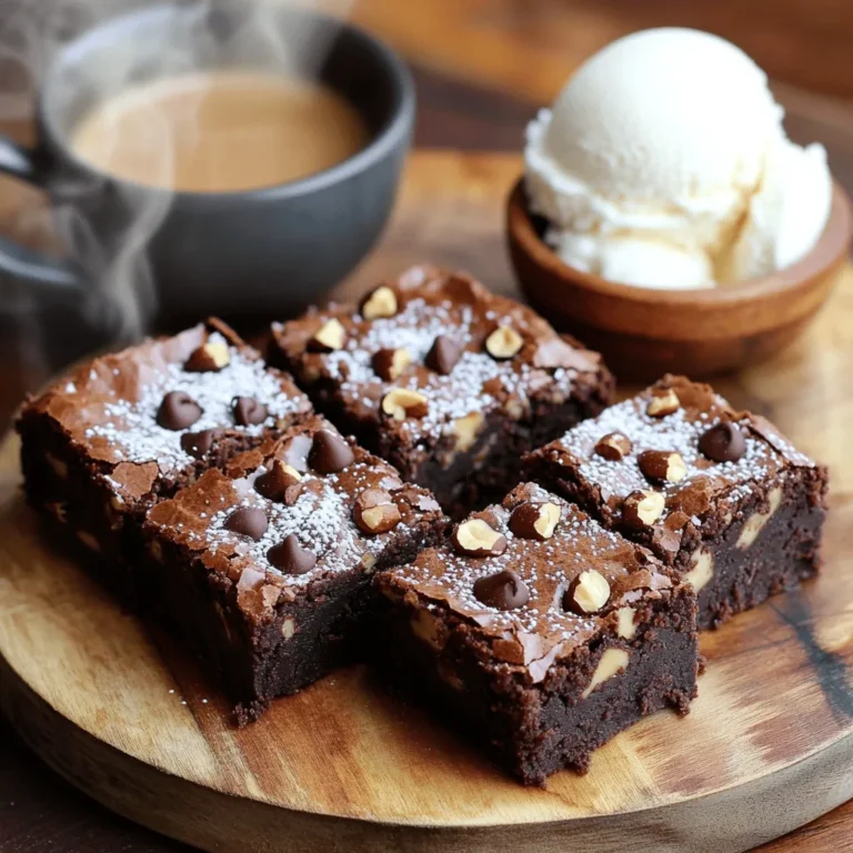 To make the best Hazelnut Espresso Brownies, gather these ingredients: - 1 cup unsalted butter - 2 cups granulated sugar - 1 cup packed brown sugar - 4 large eggs - 1 tablespoon pure vanilla extract - 1 cup all-purpose flour - 1 cup unsweetened cocoa powder - 1 teaspoon baking powder - 1/2 teaspoon salt - 1 cup hazelnuts, chopped (toasted for extra flavor) - 1 tablespoon espresso powder (or finely ground coffee) - 1 cup dark chocolate chips Accuracy matters in baking. Use standard measuring cups and spoons. - For butter, pack it well into the cup. - When measuring brown sugar, make sure to pack it tightly. - Use a kitchen scale for precision, especially for cocoa powder and flour. Choose high-quality ingredients for the best taste. - Use unsalted butter for fresh flavor; it allows you to control salt levels. - Select dark chocolate chips with at least 60% cocoa for a rich taste. - Fresh hazelnuts enhance flavor; toast them lightly to bring out their oils. - Opt for pure vanilla extract; it adds depth and richness compared to imitation. For a full recipe, check the details provided earlier. Start by getting your 9x13 inch baking pan ready. You can grease it with butter. Alternatively, line it with parchment paper. This makes it easier to lift out the brownies later. Next, gather your ingredients. You need unsalted butter, both granulated and brown sugar, eggs, and vanilla extract. Don’t forget the all-purpose flour, cocoa powder, baking powder, salt, hazelnuts, espresso powder, and dark chocolate chips. Now, let’s move on to the wet mix. In a medium saucepan, melt the butter over low heat. Stir often to prevent burning. Once it’s fully melted, take it off the heat. Add both sugars to the melted butter. Mix them well until they blend nicely. Then, crack in the eggs one by one. Make sure to stir well after each egg. Finally, mix in the vanilla extract. This helps to enhance the flavor of your brownies. Next, grab a separate bowl for the dry ingredients. In this bowl, combine flour, cocoa powder, baking powder, salt, chopped hazelnuts, and espresso powder. Mix these dry ingredients until they are well combined. Now, carefully fold the dry mix into the wet mix using a spatula. Be gentle; you don’t want to over-mix. The batter should feel thick and fudgy. Before finishing, fold in the dark chocolate chips. They will add extra richness to your brownies. Now it’s time to bake! Pour the brownie batter into your prepared pan. Spread it evenly using a spatula. Place the pan in the preheated oven at 350°F (175°C). Bake for 25 to 30 minutes. To check if they’re ready, insert a toothpick into the center. If it comes out with a few moist crumbs, they are done. Once baked, take the brownies out and let them cool in the pan. After they cool completely, you can transfer them to a wire rack. Cut them into squares, and enjoy! For the full recipe, check the recipe card above. To get rich and fudgy brownies, focus on mixing. When you mix the wet and dry ingredients, do not over-mix. Stir just until you see no dry flour. This keeps the brownies moist and chewy. The batter should feel thick and creamy. You can also try adding an extra egg yolk. This gives the brownies a bit more richness. To boost the flavor, use high-quality chocolate. Dark chocolate chips add depth. You can also toast the hazelnuts for a nutty crunch. Just spread them on a pan and bake for about 10 minutes. This brings out their oils and enhances their taste. If you love coffee, add more espresso powder or a splash of brewed coffee. This deepens the chocolate flavor. One big mistake is not measuring the flour. Too much flour can make the brownies dry. Always spoon flour into the cup and level it off. Another mistake is not cooling the brownies before cutting. Letting them cool helps them hold their shape better. Lastly, avoid opening the oven while baking. This can make the brownies sink in the middle. Follow these tips, and your brownies will be a hit! For the complete guide, check out the Full Recipe. {{image_2}} You can switch hazelnuts for other nuts like walnuts or pecans. Each nut adds its own taste and texture. For a different twist, try using almonds. They pair well with chocolate and coffee. You can also add flavorings like sea salt or orange zest. Both bring out the rich chocolate flavor. Consider adding a splash of almond extract for a nutty kick. To make these brownies gluten-free, use a gluten-free flour blend. Many blends work well in brownies. Just make sure it includes xanthan gum for the right texture. You can also use almond flour for a nutty flavor. This adds moisture and a unique taste. Just remember to adjust the amount slightly, as almond flour is denser. You can easily make these brownies vegan. Replace eggs with flaxseed meal or applesauce. For each egg, use one tablespoon of flaxseed mixed with three tablespoons of water. Let it sit until it thickens. Use dairy-free butter and dark chocolate chips for a vegan treat. This keeps the richness while remaining plant-based. For the full recipe, check out Hazelnut Espresso Brownies. To keep your hazelnut espresso brownies fresh, store them in an airtight container. This keeps out air and moisture. Place a piece of parchment paper between layers to avoid sticking. You can also wrap them tightly in plastic wrap. Store them at room temperature for the best taste. If your brownies lose their soft touch, you can refresh them. Place a brownie in the microwave for about 10-15 seconds. This brings back the warmth and gooeyness. You can also reheat them in the oven. Set the oven to 350°F (175°C) and warm for about 5-10 minutes. Brownies stay fresh for about 3-4 days at room temperature. If you want to keep them longer, freezing is a great option. Wrap the brownies well in plastic wrap, then in foil. They can last up to 3 months in the freezer. When you're ready to enjoy, thaw them at room temperature or reheat them. For more details, check the Full Recipe for tips on how to keep these delicious treats at their best. The best way to cut brownies is with a sharp knife. First, let them cool completely. This helps keep their shape. For clean cuts, dip the knife in hot water before each slice. Wipe the knife with a cloth after each cut. This keeps the edges clean. You can also use a ruler for even squares. Yes, you can make these brownies ahead of time. Bake them a day or two before you need them. Store them in an airtight container at room temperature. This keeps them fresh. If you want to hold them for longer, freeze them. Wrap each piece tightly in plastic wrap. Then, place them in a freezer bag. When ready, thaw them at room temperature or warm them in the oven. To adjust the sweetness level, you can modify the sugar amounts. Use less granulated and brown sugar for a less sweet treat. You can also add more cocoa powder for a darker flavor. If you want sweetness without extra sugar, try adding a ripe banana or applesauce. These options can add moisture while reducing sugar. In this article, I covered the essential ingredients and steps for perfect brownies. You learned how to gather and measure ingredients, mix, bake, and cool them. I shared tips for the best texture and flavor, plus common mistakes to avoid. Variations make it easy to change up recipes. You also learned how to store brownies and answer key questions. Now, you’re ready to create delicious brownies. Enjoy baking and sharing them with others!