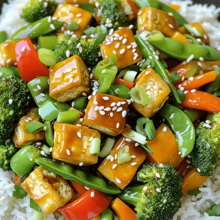 To create a tasty teriyaki glazed tofu stir fry, you need these key ingredients: - 1 block (14 oz) firm tofu, drained and pressed - 2 tablespoons cornstarch - 2 tablespoons vegetable oil - 2 cups mixed vegetables (bell peppers, broccoli, snap peas, and carrots) - 3 green onions, chopped - 2 cloves garlic, minced - 1 tablespoon fresh ginger, grated - 1/4 cup teriyaki sauce (store-bought or homemade) - 1 tablespoon sesame seeds, for garnish - Cooked jasmine rice or noodles, for serving These ingredients make a delicious meal. The firm tofu gives protein, while the vegetables add color and crunch. The teriyaki sauce brings sweet and savory notes that tie everything together. You can easily change this recipe to fit your tastes. Here are some optional ingredients: - Mushrooms for an earthy flavor - Broccoli for extra nutrients - Baby corn for added crunch - Red pepper flakes for spice Feel free to mix and match these ingredients. This flexibility helps you create a dish that you love. If you run out of an ingredient, don’t worry! Here are some swaps you can use: - Use silken tofu instead of firm tofu for a softer texture. - Swap cornstarch with arrowroot powder for a gluten-free option. - Use olive oil if you don’t have vegetable oil. - Try soy sauce if you can’t find teriyaki sauce. These substitutions keep your dish tasty and satisfying. You can enjoy this stir fry with what you have on hand. For the complete recipe, check out the Full Recipe. Start with a block of firm tofu. Drain it well, then press it to remove extra moisture. This helps the tofu soak up flavor and get crispy. Cut the pressed tofu into small cubes. Pat them dry with a paper towel. This step is key for achieving the best texture. In a bowl, toss the tofu cubes with cornstarch. Make sure each piece is coated evenly. This coating creates a lovely crispy layer. Heat 1 tablespoon of vegetable oil in a non-stick skillet over medium-high heat. Once hot, add the tofu cubes in a single layer. Cook them for 5-7 minutes. Turn them occasionally so they brown evenly on all sides. Once they are golden and crispy, take them out and set aside. In the same skillet, add another tablespoon of oil. Add minced garlic and grated ginger. Sauté them for about 30 seconds. This will bring out their wonderful aroma. Next, toss in your mixed vegetables. Stir-fry them for about 4-5 minutes. You want them tender but still crisp. After that, return the crispy tofu to the skillet. Pour the teriyaki sauce over everything and stir well. Cook for another 2-3 minutes, until heated through. Finally, fold in chopped green onions for extra flavor. For the full recipe, check out the above details. To get the best glaze on your tofu, use cornstarch. This helps the tofu crisp up nicely. When you add the teriyaki sauce, make sure your stir fry is hot. The sauce will thicken and coat the tofu evenly. Stir it well to cover every piece. For a little extra flavor, add a splash of soy sauce. For a colorful and tasty stir fry, choose quick-cooking vegetables. I love using: - Bell peppers - Broccoli - Snap peas - Carrots These veggies add crunch and sweetness. You can mix and match based on what you have. Just cut them into bite-sized pieces to cook evenly. Serve your teriyaki glazed tofu stir fry over jasmine rice or noodles. This adds a nice base. To make it even better, sprinkle sesame seeds on top. You can also add fresh green onions for a pop of color. For a fun twist, try adding pineapple chunks for added sweetness. For the full recipe, check out the cooking instructions above. {{image_2}} This recipe is already vegan and gluten-free if you use gluten-free teriyaki sauce. Look for brands that clearly state they are gluten-free. Some sauces might contain wheat, so check the label. You can also make your own teriyaki sauce. Just mix soy sauce, rice vinegar, and a bit of sugar. If you want to change it up, swap tofu for other proteins. Tempeh works great and has a firmer texture. Seitan is another good choice, offering a meaty bite. For a non-vegan option, chicken or shrimp can also shine in this stir fry. Just be sure to adjust cooking times for different proteins. To make your dish pop, add spices like chili flakes or garlic powder. A splash of lime juice can brighten the flavors. If you want a smoky taste, try adding a bit of smoked paprika. You can also mix in other sauces, like sriracha or hoisin, for extra flavor. Don't be afraid to experiment! To store your teriyaki glazed tofu stir fry, you need a few simple steps. First, let the dish cool down to room temperature. Next, transfer it to an airtight container. This keeps the flavors fresh. Place the container in the fridge. It will last about 3 to 4 days. If you don't plan to eat it soon, consider freezing it. When reheating, I recommend using a skillet. Heat it over medium heat. Add a splash of oil to prevent sticking. Place the stir fry in the skillet and stir gently. This helps keep the tofu crispy. You can also microwave it for about 1-2 minutes. Stir halfway through to ensure even heating. If you want to freeze your stir fry, it’s easy. Pack the cooled dish in a freezer-safe container. Make sure to leave some space for expansion. It can stay in the freezer for up to 2 months. To enjoy later, thaw it overnight in the fridge. Then, reheat it as mentioned above. This makes meal prep simple and efficient! For the full recipe, check out the cooking instructions. You can make Teriyaki sauce with simple ingredients. Mix soy sauce, sugar, and mirin. Add garlic and ginger for extra flavor. Heat this mixture on the stove until it thickens. This makes a tasty sauce for your stir fry. You can find the full recipe at the end of this article. Firm or extra-firm tofu works best for stir fry. This type holds its shape and gets crispy. Silken tofu is too soft and will break apart. Press the tofu to remove excess water before cooking. This helps it absorb more flavor and achieve the right texture. Yes, you can use frozen vegetables in your stir fry. They are quick and easy to use. Just add them straight to the hot skillet. They may need a minute or two longer to cook. Frozen vegetables are a great way to save time and still enjoy a healthy meal. This blog post covers how to make teriyaki glazed tofu stir fry. You learned about key and optional ingredients, plus substitutions for common items. I shared step-by-step instructions for preparing and cooking tofu, tips for the glaze, and the best vegetable choices. You saw variations for vegan options and flavor boosts. Lastly, I included storage and reheating tips to keep your meal fresh. With these insights, you can create a delicious and personalized stir fry that's fun to make and enjoyable to eat.