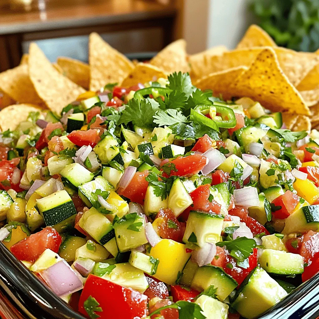 To make the best Garden Fresh Zucchini Salsa, you need the following: - 2 medium zucchinis, finely diced - 1 medium red bell pepper, diced - 1 medium yellow onion, finely chopped - 2 ripe tomatoes, diced - 1 jalapeño, seeded and minced (adjust to taste) - 1/4 cup fresh cilantro, chopped - 2 cloves garlic, minced - Juice of 2 limes - 1 tablespoon olive oil - Salt and pepper to taste Each ingredient adds a unique flavor. The zucchini gives a nice crunch. The bell pepper adds sweetness, while the onion adds depth. Tomatoes bring juiciness, and jalapeño gives that kick. Cilantro adds freshness, and garlic packs in flavor. Lime juice brightens the dish, and olive oil brings it all together. You can switch things up in this salsa. Here are a few ideas: - Use a different pepper, such as poblano or banana pepper, for varied heat. - Try cherry tomatoes or heirloom varieties for more color and flavor. - Swap cilantro for parsley or basil if you prefer different herbs. These changes can make your salsa truly unique and cater to your taste. This salsa is not just tasty; it’s also healthy! Each serving has about 45 calories. You get a good dose of vitamins A and C from the peppers and tomatoes. Zucchini adds fiber, which is great for digestion. You also benefit from potassium and other minerals. Enjoy this tasty treat while knowing it's good for you! To make the best Garden Fresh Zucchini Salsa, start by preparing your veggies. Here’s how to properly dice zucchini and other vegetables: - Zucchini: Cut off both ends. Slice the zucchini in half lengthwise, then slice each half into thin strips. Finally, chop these strips into small, even pieces. This gives a nice texture. - Bell Pepper: Cut around the seeds and core. Dice the flesh into small cubes. This adds sweet flavor. - Onion: Peel and chop into small pieces. A sharp knife will help you get clean cuts. This enhances the taste. - Tomatoes: Cut them into small pieces. Use ripe, juicy tomatoes for better flavor. - Jalapeño: Slice and remove the seeds for less heat. Mince it finely. Adjust the amount for your taste. Fresh ingredients make all the difference. Use ripe veggies for the best taste and nutrition. Fresh herbs like cilantro add a bright flavor too. Now, let’s mix the ingredients step-by-step: 1. In a large bowl, add the diced zucchini, bell pepper, onion, diced tomatoes, minced jalapeño, chopped cilantro, and minced garlic. 2. Drizzle the juice of two limes and olive oil over the mix. The lime juice adds freshness, while the olive oil brings richness. 3. Gently fold all the ingredients together. Use a spatula to combine without smashing the veggies. 4. Season with salt and pepper. Taste as you go. This helps you find the right balance of flavors. For the best flavor balance, let your taste buds guide you. A bit more lime or jalapeño can make a big difference. Let the salsa rest for at least 30 minutes in the fridge. This step is crucial. Allowing the flavors to meld creates a more delicious dish. When you serve, choose a colorful bowl. Add a sprinkle of cilantro on top for a nice touch. This salsa pairs perfectly with tortilla chips. You can also use it as a topping on grilled chicken or fish. Enjoy every bite of your Garden Fresh Zucchini Salsa with friends and family. For the full recipe, check out the section above. To make the best zucchini salsa, start with your knife skills. Use a sharp knife for clean cuts. Dice the zucchini into small, even pieces. This helps the salsa mix well. When your pieces are uniform, they blend better in flavor and texture. Next, keep your ingredients at room temperature. Cold veggies can mute the flavors. Let your zucchinis, peppers, and tomatoes sit out for a bit before mixing. This makes a big difference in taste. To kick up the flavor, think about herbs and spices. Fresh basil or oregano can add a nice touch. They pair well with the other ingredients. Don’t be afraid to experiment! Adjusting the heat with jalapeño is also key. If you like it spicy, add more jalapeño. If you prefer mild, use less. Always taste as you go to find your perfect balance. One common mistake is over-dicing. If the veggies are too small, they lose crunch. Aim for a nice bite in every scoop. Another mistake is under-seasoning. Taste your salsa and adjust the salt and lime juice. Lastly, don’t rush the resting time. Letting the salsa sit for at least 30 minutes helps the flavors meld. Patience is key for a delicious result. Make sure to check out the Full Recipe for more tips! {{image_2}} To make your zucchini salsa spicy, add more jalapeño. Start with one finely minced jalapeño. If you want more heat, add another one. You can also use hot sauces or chili powders. These add a kick without changing the salsa's texture. For a different twist, try using serrano peppers. They pack a punch and add unique flavor. Chipotle peppers in adobo sauce are another option. These add both heat and a smoky taste that you will love. To create a sweet zucchini salsa, consider adding fruits like mango or peach. Start with half a cup of diced fruit. This will balance the heat and add a nice touch. Adjust the acidity with sweet ingredients too. A splash of honey or agave syrup can work wonders. This helps to soften the tartness of the lime juice. It creates a blend that is both sweet and savory. For a low-sodium version, reduce the salt in the recipe. Start with a pinch and taste as you go. You can also use herbs for flavor, like oregano or cumin. Instead of salt, try using lemon zest or lime zest. These add a bright flavor without extra sodium. Fresh herbs like basil or parsley can also enhance the taste. They keep your salsa fresh and tasty. These variations let you enjoy zucchini salsa in many ways. Try each one to see which you like best! For a full recipe, check out the Garden Fresh Zucchini Salsa. To keep your zucchini salsa fresh, use glass or plastic containers with tight lids. These containers help keep air out and flavors in. You can also use freezer bags if you want to save space. Always label your containers with the date. This way, you can track how long it has been stored. You can store your salsa in the fridge or the freezer. The fridge is great for short-term use. The freezer works well for longer storage. Just remember to thaw it in the fridge before serving. In the fridge, your zucchini salsa will last about 3 to 5 days. If you see any signs of spoilage, like mold or an off smell, it's best to throw it away. Trust your senses; they guide you well. If you want to keep your salsa for a long time, consider canning it. You can use a hot water bath canning method. This is a simple way to seal jars and keep salsa fresh for months. Freezing is another great option. For best results, pour the salsa into airtight containers or freezer bags. Leave some space at the top for expansion. This method helps lock in flavor and texture. Explore these options to enjoy your Garden Fresh Zucchini Salsa anytime! You can store Garden Fresh Zucchini Salsa in the fridge for about 3 to 5 days. Keep it in a sealed container to keep it fresh. If you see any signs of spoilage, like a bad smell or off color, it’s best to throw it out. For longer storage, you can freeze the salsa. Just make sure to use a freezer-safe container. Frozen salsa will last for about 2 to 3 months. When you are ready to eat it, simply thaw it in the fridge overnight. Absolutely! You can swap out some veggies for others you enjoy. Try adding corn for sweetness or cucumber for crunch. Diced carrots can add color and a nice bite. You can even use different types of peppers, like poblano or Anaheim, to change the flavor. Just remember to keep the balance of flavors in mind. Zucchini Salsa is very versatile! You can serve it with tortilla chips for a tasty snack. It also goes great on grilled chicken or fish, adding bright and fresh flavor. Use it as a topping for tacos or burritos. Try it with scrambled eggs for a fun breakfast twist. The options are endless! Yes, making salsa ahead of time is a great idea! The flavors get better as they sit. I recommend making it at least 30 minutes before you serve it. This allows the veggies to soak up the lime juice and spices. Store it in the fridge in a covered container. If you want to make it even earlier, you can prep it a day in advance. Just give it a good stir before serving to mix everything well. In this blog post, we covered making a fresh and tasty zucchini salsa. We discussed the key ingredients, from zucchini to lime juice, plus optional substitutions. The step-by-step instructions helped you prepare the veggies and mix them for flavor. We shared tips for storage, shelf life, and common mistakes to avoid. Remember, experimenting with spices and ingredients can lead to unique salsa for you. Enjoy trying the variations and serving it your way! Your homemade salsa will impress everyone.