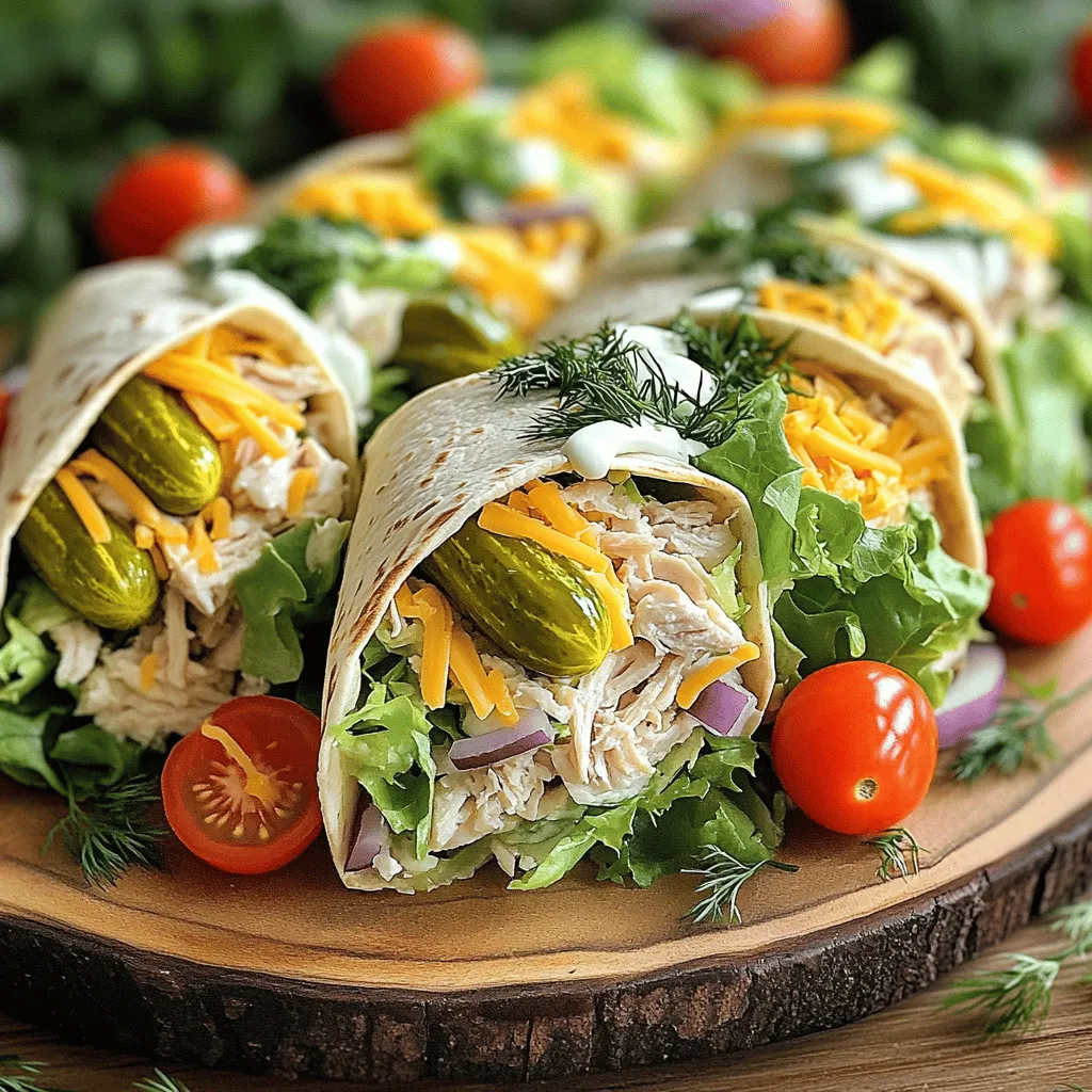 To make Pickle Ranch Chicken Wraps, gather these simple items: - 2 cups cooked chicken breast, shredded - 1/2 cup dill pickles, finely chopped - 1/2 cup ranch dressing - 1 cup lettuce, chopped (romaine or iceberg) - 1/2 cup cherry tomatoes, halved - 1/2 red onion, thinly sliced - 4 large flour tortillas - 1/2 cup shredded cheddar cheese - Salt and pepper to taste - Optional: Fresh dill or parsley for garnish These ingredients work together to create a tasty and satisfying meal. You can easily swap some ingredients to fit your taste. - Use grilled or rotisserie chicken instead of boiled chicken. - Try a different dressing, like blue cheese or yogurt. - Replace flour tortillas with whole wheat or corn tortillas. - For a crunchier bite, add sliced bell peppers or cucumbers. - If you want a dairy-free option, skip the cheese or use a vegan alternative. These substitutions keep the recipe fun and fresh. Each serving of Pickle Ranch Chicken Wraps offers a balanced meal. - Calories: About 400 - Protein: 30g - Carbs: 34g - Fat: 20g - Fiber: 3g This meal is rich in protein and good fats while being low in carbs. It fuels your body without heavy ingredients. You can find the full recipe above for more details and cooking tips. First, grab a large mixing bowl. Take your cooked chicken breast and shred it. You want tender pieces that mix well. Next, add the finely chopped dill pickles. This gives the wrap a great crunch and tang. Pour in the ranch dressing and mix everything until the chicken is fully coated. Now, add chopped lettuce, halved cherry tomatoes, and sliced red onion. Use a spatula to fold the ingredients gently. This keeps the veggies fresh and crisp. Finally, season with salt and pepper. Taste the mixture and adjust as needed. Now, lay your flour tortillas flat. It helps to use a clean surface for this part. Take a scoop of the chicken mixture and place it in the center of each tortilla. Don't overfill; you want to roll them easily. Next, sprinkle shredded cheddar cheese over the filling. This adds a nice creaminess. Fold the sides of the tortilla inwards, then roll from the bottom up. Tuck the filling in as you roll to keep it secure. Repeat this for all the tortillas. For serving, slice each wrap in half on a diagonal. This makes them easy to eat. Arrange the wraps on a serving platter. If you want, garnish with fresh dill or parsley. This adds a pop of color and flavor. You can serve these wraps with a side of extra ranch dressing or some crunchy veggies. They are perfect for lunch or a quick dinner. Enjoy your pickle ranch chicken wraps! For the complete recipe, refer to the Full Recipe. To make the best wraps, start with fresh ingredients. Use large tortillas for easy rolling. Warm the tortillas slightly in the microwave. This makes them more flexible. Lay out all your fillings before you start. This helps with quick assembly. Always place the filling in the center. This prevents spills when you roll them up. To boost the taste, add spices to the chicken mix. A pinch of garlic powder or paprika works great. Consider adding hot sauce for a kick. Fresh herbs, like dill or parsley, can add brightness. You can also try different types of pickles. Sweet or spicy pickles can change the flavor. Experiment with different cheeses too. Feta or pepper jack can add new layers. One mistake is overfilling your wraps. This can lead to messy eating. Another is not mixing the filling well. Make sure everything is coated for even flavor. Avoid using cold tortillas straight from the fridge. They can crack and break. Lastly, don’t forget to taste your mixture. Adjust the seasoning before you wrap it up. For the full recipe, check out the Crunchy Pickle Ranch Chicken Wraps. {{image_2}} You can change the protein in these wraps easily. Use cooked turkey for a lighter meal. Shredded pork adds a smoky flavor. For a bold taste, try spicy chicken. You can even use canned tuna for a seafood twist. Each option brings a fresh taste to your wraps. You don't need meat to enjoy these wraps. Try using chickpeas or black beans for protein. Grilled veggies like peppers and zucchini work great too. You can also add tofu for a filling option. Mix in some avocado for creaminess. These swaps keep the wraps tasty and satisfying. Want to switch things up? Add some hot sauce for a kick. Mixing in some garlic powder gives a nice depth. You can also use different dressings. Try blue cheese or Caesar dressing for a new spin. Fresh herbs like basil or cilantro can brighten the flavor. There are many ways to keep these wraps exciting! For the full recipe, check out the Crunchy Pickle Ranch Chicken Wraps. After making your Pickle Ranch Chicken Wraps, you might have some left. To keep them fresh, wrap each one tightly in plastic wrap or foil. Place the wraps in an airtight container. Store them in the fridge for up to three days. This way, the flavors stay strong and the wraps remain tasty. If you want to save some wraps for later, freezing is a good option. First, let the wraps cool completely. Then, wrap each one in plastic wrap. Place them in a freezer-safe bag or container. They can stay in the freezer for up to three months. Make sure to label the bag with the date. This helps you remember when you made them. To enjoy your wraps after storing or freezing, reheating is simple. If they are in the fridge, take them out and unwrap them. Place them on a microwave-safe plate. Heat on medium for about one to two minutes. If they are frozen, thaw them in the fridge overnight first. Then, reheat as before. You can also warm them in a skillet over medium heat for a crispier texture. This keeps the wraps delicious and ready to eat. For full details, you can refer to the Full Recipe. You can serve many tasty sides with your wraps. Some great options include: - Fresh fruit salad - Veggie sticks with dip - Potato chips - A light salad with vinaigrette - Pickles for extra crunch These sides add flavor and balance to your meal. They also make your dinner more fun and colorful. Yes, you can prepare these wraps ahead of time. Just follow these steps: 1. Make the chicken mixture and store it in the fridge. 2. Assemble the wraps when you're ready to eat. If you wrap them tightly in plastic, they will stay fresh. This saves time on busy days. Just eat within 24 hours for the best taste. You can easily adjust these wraps to fit different diets. Here are some ideas: - For gluten-free, use corn tortillas or lettuce wraps. - If you need a low-fat option, use Greek yogurt instead of ranch dressing. - For a vegetarian version, swap chicken for chickpeas or tofu. Be creative and have fun making these wraps your own! This blog post covered making delicious Pickle Ranch Chicken Wraps. We discussed the key ingredients, substitutions, and their nutrition. The step-by-step instructions guide you through preparation and serving. Tips and tricks help you avoid mistakes and add flavor. We explored various protein options and storage tips for leftovers. Finally, we answered common questions about serving and customization. Now, you have everything you need to make tasty wraps. Enjoy your cooking adventure!