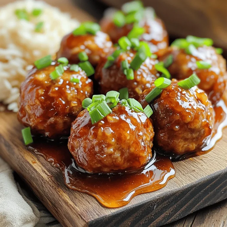 To make delicious honey garlic meatballs, you need a few key items. Here’s what to gather: - 1 lb ground beef (or turkey for a lighter option) - 1/2 cup breadcrumbs - 1/4 cup grated Parmesan cheese - 1 large egg - 2 cloves garlic, minced - 2 tablespoons soy sauce - 1 tablespoon fresh ginger, grated - 1/4 cup honey - 1 tablespoon sesame oil - 1 tablespoon rice vinegar - 1/2 teaspoon black pepper - 1/4 teaspoon red pepper flakes (optional for heat) - Chopped green onions for garnish These ingredients come together to create juicy and tasty meatballs. The ground beef or turkey forms the base. The breadcrumbs and egg help bind everything. Garlic and ginger add a burst of flavor. Honey brings sweetness that balances the savory soy sauce. If you want a lighter version of this dish, you can swap a few ingredients. Use ground turkey instead of beef. You can also try whole wheat breadcrumbs for extra fiber. Adding some finely chopped vegetables, like carrots or bell peppers, will boost nutrition. They add moisture and flavor without many calories. Some ingredients are staples in most kitchens. Have these on hand to make cooking easier: - Soy sauce - Honey - Black pepper - Rice vinegar These pantry staples are not just for this recipe. They work well in many dishes. Soy sauce adds umami, while honey brings sweetness. Rice vinegar adds a nice tang. Having these items ready will help you whip up meals quickly. For the full recipe, check out the detailed instructions. Enjoy cooking! To start, gather your ingredients. You will need ground beef, breadcrumbs, and Parmesan cheese. Add one egg, minced garlic, soy sauce, fresh ginger, and black pepper. If you like heat, add red pepper flakes. Mix all these ingredients in a large bowl. Use your hands to blend them well, but don’t over-mix. This keeps the meatballs soft. Once mixed, roll the mixture into small balls, about one inch in size. Place them on a baking sheet lined with parchment paper. Now, preheat your oven to 400°F (200°C). Once your oven is hot, put the baking sheet inside. Bake the meatballs for about 15 to 20 minutes. They should be browned and cooked through. You can check if they are done by cutting one open. The inside should be no longer pink. While the meatballs bake, it’s time to make the honey garlic sauce. In a small saucepan, mix honey, sesame oil, and rice vinegar. Heat the mixture on medium. Stir it gently until it is warm and well mixed. Avoid boiling it, as that can change the flavor. When the meatballs are ready, add them to the sauce. Toss them gently to coat each meatball well. Let them cook for a few more minutes on low heat. This helps the flavors mix. Your honey garlic meatballs are now ready to serve! For the full recipe, check the earlier section. To keep your meatballs tender and juicy, avoid over-mixing. Mix the ingredients just until they blend. This helps the meatballs stay soft. Adding breadcrumbs also helps. They absorb moisture, adding softness. If you want a lighter touch, use ground turkey instead of beef. This change keeps them juicy while cutting fat. You can easily change the flavor of your meatballs. Add chopped herbs like parsley or cilantro for freshness. For heat, sprinkle in more red pepper flakes. You can also try adding a splash of sriracha to the honey garlic sauce. This will give it a nice kick. If you want a sweeter taste, mix in pineapple juice into the sauce. Oven types can affect cooking times. If you have a convection oven, reduce the time by about 5 minutes. This type of oven cooks food faster. If your oven runs hot, check your meatballs a few minutes early. They should be browned and reach an internal temperature of 160°F (71°C). Always trust your instincts for perfect results! For the full recipe, check out the Honey Garlic Meatballs section. {{image_2}} You can use different proteins for these meatballs. Ground beef gives a rich flavor. Ground turkey is a lighter choice and still tasty. For a vegetarian option, try using lentils or chickpeas. Just mash them well and mix in the same spices. This keeps the dish hearty and full of taste. While honey garlic sauce is great, you can explore other flavors. A sweet and sour sauce adds a nice tang. Barbecue sauce gives a smoky twist. For a spicy kick, try sriracha mixed with honey. Each sauce brings its own unique flair to the meatballs. You can easily adjust the spice in your meatballs. If you like it mild, skip the red pepper flakes. For those who love heat, add more flakes or hot sauce. You can even use fresh jalapeños for a fresh kick. Always taste as you go to find your ideal level. To store leftover honey garlic meatballs, let them cool first. Place them in an airtight container. You can keep them in the fridge for up to four days. Make sure the container seals well to keep the meatballs fresh. If you want to enjoy them later, freezing works great too! For meal prep, freezing is a smart choice. After cooking, let the meatballs cool completely. Arrange them in a single layer on a baking sheet. Freeze them for about one hour. Once frozen, transfer the meatballs to a freezer-safe bag. Label the bag with the date. You can freeze them for up to three months. When you’re ready to eat, just thaw them in the fridge overnight. To reheat honey garlic meatballs, you have a few options. For the best flavor, use the oven. Preheat it to 350°F (175°C). Place the meatballs in a baking dish and cover them with foil. Heat for about 15-20 minutes until warmed through. You can also reheat them in a skillet over medium heat. Add a splash of water or sauce to prevent sticking. This keeps them juicy and flavorful, just like when they were fresh. For a quick option, the microwave works too. Just heat them for one to two minutes, checking frequently. Enjoy your delicious leftovers! You can check if meatballs are cooked by using a meat thermometer. Insert it into the center. The internal temperature should reach 160°F (70°C) for ground beef or turkey. If you do not have a thermometer, cut one meatball in half. The meat should not be pink inside, and the juices should run clear. This shows that the meatballs are safe to eat. Yes, you can make the meatball mixture ahead of time. Mix all the ingredients in a bowl and cover it with plastic wrap. Place the bowl in the fridge for up to 24 hours. This also helps the flavors blend together. When you are ready to cook, just form the meatballs and bake them. If you need a substitute for honey, you have options. Maple syrup works well and gives a nice sweetness. Agave nectar is another good choice. If you prefer, you can use brown sugar mixed with a little water to create a syrup-like texture. Each option will give the meatballs a unique flavor, so feel free to experiment! Honey garlic meatballs are easy and delicious. We covered key ingredients, steps, and tips. You can adjust flavors and choose proteins to make it your own. Storing leftovers and reheating keeps the taste fresh. Remember, cooking is fun! Explore variations to suit your family’s taste. Enjoy making these tasty meatballs and share them with loved ones. Your kitchen will be filled with smiles. Let's keep cooking together!