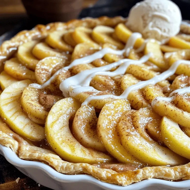 - 2 cans (8 oz each) of refrigerated cinnamon roll dough - 1/4 cup melted butter - 1/4 cup brown sugar - 1 teaspoon cinnamon - 4 medium apples, peeled, cored, and sliced (Granny Smith or Honeycrisp work well) - 1/4 cup granulated sugar - 1 teaspoon vanilla extract - 1 teaspoon ground cinnamon - 1 tablespoon lemon juice - 2 tablespoons all-purpose flour - 1 cup powdered sugar - 2 tablespoons milk - 1/2 teaspoon vanilla extract To make this dessert, you need specific ingredients. The cinnamon roll crust gives the pie its unique twist. For the apple filling, choose apples that are crisp and tart. I like Granny Smith or Honeycrisp. They hold up well and add great flavor. The topping adds a sweet glaze that brings it all together. Each ingredient plays a key role in creating the perfect balance of flavors. For the full recipe, follow the details I provided above. This dessert is simple to prepare and sure to impress everyone at your table. First, set your oven to 350°F (175°C). While it warms up, take a 9-inch pie dish and grease it lightly. This helps the pie come out easily after baking. Open the two cans of cinnamon roll dough. Take each roll and separate them. Use your hands or a rolling pin to flatten them to about 1/4 inch thick. In a bowl, mix the melted butter, brown sugar, and cinnamon. Dip each flattened roll into this mix. Layer them in the pie dish, overlapping them to cover the bottom and sides. Make sure there are no gaps. This crust is the perfect base for your pie. Now, grab four medium apples. Peel, core, and slice them thinly. Place them in a large bowl. Add the granulated sugar, vanilla extract, ground cinnamon, lemon juice, and flour. Toss the apples well so they are all coated. Pour this apple filling over the cinnamon roll crust. Spread it evenly so every bite has that tasty apple flavor. Put the pie in the oven. Bake for about 30-35 minutes. You want the apples to be tender and the crust to turn golden brown. While the pie bakes, prepare the topping. In a small bowl, mix the powdered sugar, milk, and vanilla extract. Whisk until smooth. Once the pie is done baking, let it cool for 10-15 minutes. Then, drizzle the glaze over the top. Your cinnamon roll apple pie is now ready to enjoy! For the complete recipe, check the full recipe above. The type of apple you choose makes a big difference. I love using Granny Smith apples. They are tart and hold their shape well. Honeycrisp apples are another great choice. They are sweet, crisp, and add a nice flavor. Mix different types for more depth. Aim for a balance of sweet and tart apples. A soggy bottom can ruin your pie. To keep it crispy, always pre-bake your crust. This step helps set the base before adding the filling. You can also sprinkle some flour or breadcrumbs on the crust. This creates a barrier against moisture. Another tip is to drain excess liquid from the apple filling. Less liquid means a firmer bottom. Serve your cinnamon roll apple pie warm. A scoop of vanilla ice cream on top is a perfect match. The cold ice cream contrasts with the warm pie. You can also add a sprinkle of cinnamon for extra flavor. For a fun twist, drizzle caramel sauce over the top. Serve it with a cup of coffee or tea for a cozy treat. {{image_2}} You can add nuts or raisins to the filling for extra flavor. Chopped walnuts or pecans give a nice crunch. They also add a rich taste that pairs well with apples. If you prefer sweetness, add raisins for a chewy bite. Mix in about 1/2 cup of either option to the apple filling. This small change can make your pie even more delicious. The glaze can be swapped for different flavors. Try a caramel sauce for a rich, sweet finish. You can also use cream cheese frosting for a tangy twist. Just whip cream cheese with butter, powdered sugar, and a splash of vanilla. For a fruity touch, top with fresh berries or sliced bananas. Each option adds a unique flair to your cinnamon roll apple pie. To make a gluten-free pie, use gluten-free cinnamon roll dough. There are many brands available that taste great. For a vegan version, look for plant-based dough and substitute butter with coconut oil. You can also replace milk in the glaze with almond or soy milk. These simple swaps allow everyone to enjoy this tasty treat. You can find the full recipe in the complete guide above. To keep your leftover cinnamon roll apple pie fresh, let it cool first. Then, cover the pie with plastic wrap or aluminum foil. You can also place it in an airtight container. Store it in the fridge for up to 3 days. This helps keep the crust soft and the filling tasty. When you're ready to enjoy the pie again, preheat your oven to 350°F (175°C). Place a slice of pie on a baking sheet. Cover it with foil to prevent burning. Heat it in the oven for about 10-15 minutes. This keeps the crust crisp and warms the filling. If you're in a hurry, you can use the microwave. Heat each slice for 30 seconds, checking until it's warm. If you want to save some pie for later, freezing is easy. First, let the pie cool completely. Wrap the pie tightly in plastic wrap. Then, place it in a freezer-safe bag or container. You can freeze it for up to 2 months. When you are ready to eat it, thaw the pie in the fridge overnight. Reheat it in the oven as mentioned above. For the best taste, enjoy it fresh! For the full recipe, check the earlier sections. Yes, you can prepare the cinnamon roll crust in advance. Just keep it in the fridge. This helps save time when you want to bake the pie. When you're ready to bake, take it out and let it warm up a bit. This makes it easier to work with. I recommend using Granny Smith or Honeycrisp apples. These apples hold their shape well and have the right balance of sweet and tart. You can also mix different apples for more flavor. Try using Fuji or Gala apples for a sweeter taste. To adjust the sweetness, simply change the sugar amount in the apple filling. If you want a sweeter pie, add more granulated sugar. For less sweetness, cut back on the sugar. You can also use a sweetener like honey or maple syrup for a different flavor. Yes, you can double the recipe. Just use a larger pie dish and increase the baking time. Make sure to check the apples for tenderness. Doubling the recipe means more deliciousness for everyone! Enjoy sharing this treat with friends and family. For the complete instructions, see the Full Recipe. This blog post covered how to create a delicious cinnamon roll apple pie. We explored key ingredients, including the crust, filling, and toppings. I provided step-by-step instructions for baking, along with tips to avoid a soggy bottom. You can even try fun variations or store leftovers easily. Remember, the best pies come from experimenting and enjoying the process. Feel free to personalize this recipe. Make it your own and delight in the tasty results!