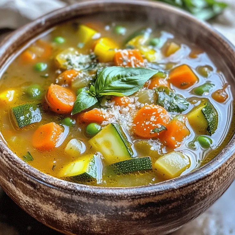 To make a hearty veggie loaded minestrone soup, gather these ingredients: - 1 tablespoon olive oil - 1 medium onion, diced - 2 cloves garlic, minced - 2 medium carrots, diced - 2 stalks celery, diced - 1 zucchini, diced - 1 cup green beans, trimmed and cut into 1-inch pieces - 1 cup kale or spinach, chopped - 1 can (14 oz) diced tomatoes - 4 cups vegetable broth - 1 teaspoon dried oregano - 1 teaspoon dried basil - 1 bay leaf - 1 cup cannellini beans, drained and rinsed - 1 cup small pasta (like ditalini or elbow macaroni) - Salt and pepper to taste - Grated Parmesan cheese for serving (optional) - Fresh basil for garnish (optional) Using fresh ingredients makes the soup bright and tasty. Fresh veggies give crunch and flavor. However, canned items save time. Canned tomatoes and beans are handy. They help you make the soup faster. If you choose canned, look for low-sodium options. They add flavor without too much salt. For broth, I recommend brands like Pacific Foods or Swanson. They make a rich vegetable broth. For beans, try Eden Organic or Goya. These brands offer quality and taste. They help your soup shine. When you use good ingredients, your soup will be great. Check the labels for added sugars or preservatives. Using quality ingredients makes your soup a nourishing meal. For the full recipe, check the section above. To start, gather all your ingredients. This makes cooking easy and fun. You will need: - 1 tablespoon olive oil - 1 medium onion, diced - 2 cloves garlic, minced - 2 medium carrots, diced - 2 stalks celery, diced - 1 zucchini, diced - 1 cup green beans, trimmed and cut into 1-inch pieces - 1 cup kale or spinach, chopped - 1 can (14 oz) diced tomatoes - 4 cups vegetable broth - 1 teaspoon dried oregano - 1 teaspoon dried basil - 1 bay leaf - 1 cup cannellini beans, drained and rinsed - 1 cup small pasta (like ditalini or elbow macaroni) - Salt and pepper to taste - Grated Parmesan cheese for serving (optional) - Fresh basil for garnish (optional) Chop all your veggies and measure your broth. This step saves time. Now, let's cook! In a large pot, heat the olive oil over medium heat. Add the onion and garlic. Sauté them for about 3-4 minutes. They should smell great! Next, toss in the carrots and celery. Cook these for another 5 minutes until they soften. Then, add the zucchini and green beans. Stir them in and cook for 3 more minutes. Pour in the diced tomatoes and vegetable broth. Stir everything together. Add the dried oregano, dried basil, and bay leaf. Bring the pot to a boil. Once it boils, lower the heat to a simmer. Now, add the small pasta and cook for 8-10 minutes. Check the pasta to make sure it is al dente. Stir in the chopped kale or spinach and let it cook for another 2-3 minutes. The greens will wilt nicely. Don’t forget to remove the bay leaf! Season your soup with salt and pepper to taste. Ladle the soup into bowls. For an extra touch, top with grated Parmesan cheese. If you like, add fresh basil for garnish. Serve hot and enjoy! For the full recipe, check out the complete instructions. This soup is perfect for any meal. To boost the taste of your minestrone soup, consider adding a splash of lemon juice. Acid brightens flavors and makes veggies pop. You can also try fresh herbs like thyme or parsley. They add depth to your soup. For more warmth, include a pinch of red pepper flakes. This gives a gentle heat that many enjoy. If you want a richer broth, use homemade vegetable stock. It adds a personal touch that store-bought options often lack. One common mistake is overcooking the pasta. Follow the package directions to keep it al dente. If you cook it too long, it becomes mushy. Another mistake is skimping on seasoning. Always taste your soup as it cooks. Adjust salt and pepper to your liking. Forgetting to remove the bay leaf before serving is also common. That leaf is not meant to be eaten! Lastly, don’t skip the greens. They add nutrition and color to your dish. Serve minestrone soup hot for the best taste. A good temperature is around 165°F. Ladle it into bowls and top with grated Parmesan cheese. This adds a creamy texture that many love. For a finishing touch, sprinkle fresh basil on top. It gives a burst of color and fresh flavor. You can also serve it with crusty bread on the side. This makes for a complete and satisfying meal. For the full recipe, check the detailed instructions above. {{image_2}} You can easily boost the protein in your minestrone. Adding cooked chicken gives a nice flavor and extra protein. Simply shred or chop the chicken and stir it in before serving. If you want a meat-free option, try tofu. Use firm tofu, cut into cubes, and add it to the soup. Cook it with the vegetables to soak up all the tasty broth. Minestrone is all about using fresh veggies. Change the vegetables based on what you have or what’s in season. In spring, add peas or asparagus. In fall, try butternut squash or sweet potatoes. This keeps the soup fun and fresh. Feel free to mix and match your favorites for a unique flavor. For a gluten-free version, choose gluten-free pasta. Many brands offer great options, like brown rice or chickpea pasta. These choices cook well and taste great in soup. Just make sure to check the cooking time. Add the pasta later to avoid overcooking. Enjoy this Veggie Loaded Minestrone Soup with ease, knowing it fits your diet. For the full recipe, check out the detailed instructions above. After you make a big pot of veggie loaded minestrone soup, let it cool. Once cooled, store it in an airtight container. It stays fresh in the fridge for up to five days. Make sure to keep it in the back of the fridge, where it's coldest. This keeps the soup safe and tasty. You can freeze minestrone soup for later. Pour the cooled soup into freezer-safe containers. Leave some space at the top for the soup to expand. It’s best to use the soup within three months. When you’re ready to eat it, just thaw it in the fridge overnight. Reheat your soup on the stove or in the microwave. If using the stove, pour it into a pot and heat over medium heat. Stir it often so it warms evenly. If using a microwave, use a microwave-safe bowl. Heat in short bursts, stirring in between, until it's hot. Enjoy your veggie loaded minestrone soup warm and delicious! For the full recipe, visit the main article. Yes, you can use frozen vegetables. They work well in this dish. Frozen veggies save time and still provide good flavor. Just add them to the pot a bit later in the cooking process. This way, they heat through without getting mushy. This soup lasts about 3 to 4 days in the fridge. Store it in an airtight container for best results. The flavors will deepen as it sits, making it even tastier on the next day. You can use other beans like kidney beans or chickpeas. Both options offer great taste and texture. Just make sure to drain and rinse them first. This keeps the soup light and fresh. For a different flavor, try using lentils instead. They cook quickly and blend well with the soup. For the full recipe, check the earlier section. Veggie Loaded Minestrone Soup offers tasty, healthy options for your meals. You learned about key ingredients, whether to use fresh or canned, and trusted brands. The cooking steps guide you through preparation, cooking, and serving ideas. Tips help you avoid common mistakes and enhance flavor. Variations let you tailor the soup with proteins and seasonal veggies. Finally, proper storage tips ensure your soup lasts longer. Enjoy making this warm and filling dish, knowing you can always switch things up!