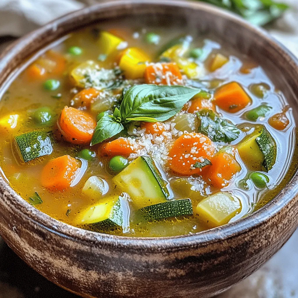 To make a hearty veggie loaded minestrone soup, gather these ingredients: - 1 tablespoon olive oil - 1 medium onion, diced - 2 cloves garlic, minced - 2 medium carrots, diced - 2 stalks celery, diced - 1 zucchini, diced - 1 cup green beans, trimmed and cut into 1-inch pieces - 1 cup kale or spinach, chopped - 1 can (14 oz) diced tomatoes - 4 cups vegetable broth - 1 teaspoon dried oregano - 1 teaspoon dried basil - 1 bay leaf - 1 cup cannellini beans, drained and rinsed - 1 cup small pasta (like ditalini or elbow macaroni) - Salt and pepper to taste - Grated Parmesan cheese for serving (optional) - Fresh basil for garnish (optional) Using fresh ingredients makes the soup bright and tasty. Fresh veggies give crunch and flavor. However, canned items save time. Canned tomatoes and beans are handy. They help you make the soup faster. If you choose canned, look for low-sodium options. They add flavor without too much salt. For broth, I recommend brands like Pacific Foods or Swanson. They make a rich vegetable broth. For beans, try Eden Organic or Goya. These brands offer quality and taste. They help your soup shine. When you use good ingredients, your soup will be great. Check the labels for added sugars or preservatives. Using quality ingredients makes your soup a nourishing meal. For the full recipe, check the section above. To start, gather all your ingredients. This makes cooking easy and fun. You will need: - 1 tablespoon olive oil - 1 medium onion, diced - 2 cloves garlic, minced - 2 medium carrots, diced - 2 stalks celery, diced - 1 zucchini, diced - 1 cup green beans, trimmed and cut into 1-inch pieces - 1 cup kale or spinach, chopped - 1 can (14 oz) diced tomatoes - 4 cups vegetable broth - 1 teaspoon dried oregano - 1 teaspoon dried basil - 1 bay leaf - 1 cup cannellini beans, drained and rinsed - 1 cup small pasta (like ditalini or elbow macaroni) - Salt and pepper to taste - Grated Parmesan cheese for serving (optional) - Fresh basil for garnish (optional) Chop all your veggies and measure your broth. This step saves time. Now, let's cook! In a large pot, heat the olive oil over medium heat. Add the onion and garlic. Sauté them for about 3-4 minutes. They should smell great! Next, toss in the carrots and celery. Cook these for another 5 minutes until they soften. Then, add the zucchini and green beans. Stir them in and cook for 3 more minutes. Pour in the diced tomatoes and vegetable broth. Stir everything together. Add the dried oregano, dried basil, and bay leaf. Bring the pot to a boil. Once it boils, lower the heat to a simmer. Now, add the small pasta and cook for 8-10 minutes. Check the pasta to make sure it is al dente. Stir in the chopped kale or spinach and let it cook for another 2-3 minutes. The greens will wilt nicely. Don’t forget to remove the bay leaf! Season your soup with salt and pepper to taste. Ladle the soup into bowls. For an extra touch, top with grated Parmesan cheese. If you like, add fresh basil for garnish. Serve hot and enjoy! For the full recipe, check out the complete instructions. This soup is perfect for any meal. To boost the taste of your minestrone soup, consider adding a splash of lemon juice. Acid brightens flavors and makes veggies pop. You can also try fresh herbs like thyme or parsley. They add depth to your soup. For more warmth, include a pinch of red pepper flakes. This gives a gentle heat that many enjoy. If you want a richer broth, use homemade vegetable stock. It adds a personal touch that store-bought options often lack. One common mistake is overcooking the pasta. Follow the package directions to keep it al dente. If you cook it too long, it becomes mushy. Another mistake is skimping on seasoning. Always taste your soup as it cooks. Adjust salt and pepper to your liking. Forgetting to remove the bay leaf before serving is also common. That leaf is not meant to be eaten! Lastly, don’t skip the greens. They add nutrition and color to your dish. Serve minestrone soup hot for the best taste. A good temperature is around 165°F. Ladle it into bowls and top with grated Parmesan cheese. This adds a creamy texture that many love. For a finishing touch, sprinkle fresh basil on top. It gives a burst of color and fresh flavor. You can also serve it with crusty bread on the side. This makes for a complete and satisfying meal. For the full recipe, check the detailed instructions above. {{image_2}} You can easily boost the protein in your minestrone. Adding cooked chicken gives a nice flavor and extra protein. Simply shred or chop the chicken and stir it in before serving. If you want a meat-free option, try tofu. Use firm tofu, cut into cubes, and add it to the soup. Cook it with the vegetables to soak up all the tasty broth. Minestrone is all about using fresh veggies. Change the vegetables based on what you have or what’s in season. In spring, add peas or asparagus. In fall, try butternut squash or sweet potatoes. This keeps the soup fun and fresh. Feel free to mix and match your favorites for a unique flavor. For a gluten-free version, choose gluten-free pasta. Many brands offer great options, like brown rice or chickpea pasta. These choices cook well and taste great in soup. Just make sure to check the cooking time. Add the pasta later to avoid overcooking. Enjoy this Veggie Loaded Minestrone Soup with ease, knowing it fits your diet. For the full recipe, check out the detailed instructions above. After you make a big pot of veggie loaded minestrone soup, let it cool. Once cooled, store it in an airtight container. It stays fresh in the fridge for up to five days. Make sure to keep it in the back of the fridge, where it's coldest. This keeps the soup safe and tasty. You can freeze minestrone soup for later. Pour the cooled soup into freezer-safe containers. Leave some space at the top for the soup to expand. It’s best to use the soup within three months. When you’re ready to eat it, just thaw it in the fridge overnight. Reheat your soup on the stove or in the microwave. If using the stove, pour it into a pot and heat over medium heat. Stir it often so it warms evenly. If using a microwave, use a microwave-safe bowl. Heat in short bursts, stirring in between, until it's hot. Enjoy your veggie loaded minestrone soup warm and delicious! For the full recipe, visit the main article. Yes, you can use frozen vegetables. They work well in this dish. Frozen veggies save time and still provide good flavor. Just add them to the pot a bit later in the cooking process. This way, they heat through without getting mushy. This soup lasts about 3 to 4 days in the fridge. Store it in an airtight container for best results. The flavors will deepen as it sits, making it even tastier on the next day. You can use other beans like kidney beans or chickpeas. Both options offer great taste and texture. Just make sure to drain and rinse them first. This keeps the soup light and fresh. For a different flavor, try using lentils instead. They cook quickly and blend well with the soup. For the full recipe, check the earlier section. Veggie Loaded Minestrone Soup offers tasty, healthy options for your meals. You learned about key ingredients, whether to use fresh or canned, and trusted brands. The cooking steps guide you through preparation, cooking, and serving ideas. Tips help you avoid common mistakes and enhance flavor. Variations let you tailor the soup with proteins and seasonal veggies. Finally, proper storage tips ensure your soup lasts longer. Enjoy making this warm and filling dish, knowing you can always switch things up!
