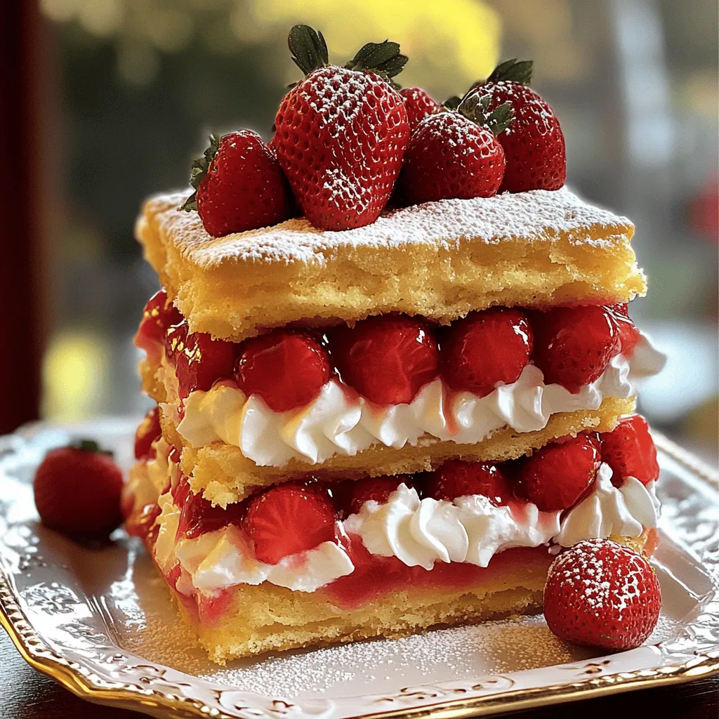 - 2 cups fresh strawberries, hulled and sliced - 2 tablespoons sugar (for strawberries) - 2 cups all-purpose flour - 1 tablespoon baking powder - 1/2 teaspoon salt - 1/3 cup unsalted butter, cold and cubed - 1 cup heavy cream (plus extra for serving) - 1/4 cup sugar (for shortcake) - 1 teaspoon vanilla extract - Whipped cream for topping Gather these ingredients before you start. Fresh strawberries are key. The sugar helps sweeten them. The flour and baking powder create the shortcake base. Cold butter gives it a nice texture. Heavy cream adds richness. Lastly, whipped cream is a must for topping. You can find the full recipe above to guide you through each step. First, take 2 cups of fresh strawberries and hull them. Slice the strawberries into thin pieces. In a medium bowl, combine the sliced strawberries with 2 tablespoons of sugar. Mix gently and let them sit for at least 30 minutes. This process is called macerating. It helps the strawberries release their juices and become sweeter. While the strawberries are macerating, preheat your oven to 425°F (220°C). In another bowl, mix 2 cups of all-purpose flour, 1 tablespoon of baking powder, and 1/2 teaspoon of salt. Cut in 1/3 cup of cold unsalted butter using your fingers or a pastry cutter. The mixture should look like coarse crumbs. Now, in a separate bowl, mix 1 cup of heavy cream, 1/4 cup of sugar, and 1 teaspoon of vanilla extract. Pour this cream mixture into the flour mix. Stir just until combined. Be careful not to overmix. Turn the dough onto a floured surface. Knead it gently a few times until it holds together. Pat it into a rectangle about 1 inch thick. Use a biscuit cutter to cut the dough into rounds. Place the rounds on a baking sheet lined with parchment paper. Bake for 12-15 minutes or until they turn golden brown. Let them cool slightly on a wire rack. To put it all together, slice the baked shortcakes in half. Layer the bottom half with the macerated strawberries. Add a generous dollop of whipped cream on top of the strawberries. Place the top half of the shortcake back on. If you like, add more whipped cream and strawberries on top. Enjoy your easy strawberry shortcake! You can find the full recipe for this delicious dessert [here](#). To macerate strawberries effectively, start by hulling and slicing them. Add 2 tablespoons of sugar to the strawberries in a bowl. Toss them gently, then let them sit for at least 30 minutes. This process draws out the juices, making the strawberries sweet and syrupy. When selecting strawberries, look for bright red ones that are firm and plump. Avoid any with white or green spots. Fresh strawberries should have a sweet aroma. Choose organic if possible for better flavor and fewer chemicals. To achieve a light and fluffy texture, focus on using cold butter. Cut it into the flour until it resembles coarse crumbs. This helps create layers in the shortcake. Do not overmix the dough when combining ingredients. Stir just until everything comes together. Overmixing can make the shortcakes tough. A gentle touch is key here. To serve strawberry shortcake, slice the shortcakes in half and layer them with macerated strawberries. Add a generous dollop of whipped cream on top. For a beautiful presentation, use a dessert plate. Dust the shortcake with powdered sugar and add a few whole strawberries around it. This adds color and makes it look fancy. You can also drizzle some chocolate sauce for extra flair. {{image_2}} You can change the fruit in this shortcake. Try using blueberries or raspberries. These berries add a new taste and color. You can also use seasonal fruits. Peaches or cherries work well in summer. Apples or pears are great in fall. Mixing fruits can make your dessert fun and fresh. If you need a gluten-free option, use almond flour or a gluten-free mix. This way, everyone can enjoy the treat. You can also add flavors to your shortcake. Try lemon zest for a bright taste or a hint of almond for a nutty twist. These small changes can make a big difference. Toppings can change your shortcake too. Instead of whipped cream, try chocolate or caramel sauce. These toppings add sweetness and richness. You can also mix whipped cream with flavors. Add cocoa powder or a splash of coffee for a unique taste. Get creative and make it your own! To store leftover shortcakes, wrap them in plastic wrap. Place them in an airtight container. This keeps them fresh for up to three days. Avoid stacking them to prevent crushing. You can also freeze them for longer storage. Just place wrapped shortcakes in a freezer-safe bag. They will last for about three months this way. When you are ready to enjoy them, thaw at room temperature. For macerated strawberries, store them in the fridge. Use a covered bowl to keep them fresh. They are best eaten within two days for optimal flavor. To keep strawberries fresh longer, do not wash them until ready to eat. Store unwashed strawberries in the fridge in their original container. This prevents excess moisture that can cause mold. If you have extra strawberries, freeze them for later use. To reheat shortcakes, use the oven. Preheat it to 350°F (175°C). Place the shortcakes on a baking sheet and warm for about 10 minutes. This method helps keep their texture crisp. You can also use a microwave, but be careful. Heat them in short bursts to avoid sogginess. For best results, cover them with a damp paper towel while reheating. This keeps the moisture in and preserves flavor. Yes, you can make strawberry shortcake ahead of time. Prepare the shortcake and strawberries separately. Store the shortcake in an airtight container at room temperature. The strawberries can stay in the fridge after they macerate. Assemble the shortcakes just before serving. This keeps the shortcake fresh and fluffy. You have options if you need a substitute for heavy cream. You can use coconut cream for a dairy-free choice. Another option is to mix milk with butter. For a lighter version, use half-and-half or whole milk. These substitutes work well in the recipe, ensuring you still enjoy that creamy texture. To check if your shortcakes are done, look for a golden color on top. They should feel firm yet slightly soft when you press them. You can also insert a toothpick in the center. If it comes out clean, they are ready. These signs help guarantee perfect baking every time. You learned how to make a simple yet delicious strawberry shortcake. From selecting fresh strawberries to baking the perfect shortcake, each step matters. I shared tips for great texture and serving ideas. Remember, variations can add fun twists to your dish. Store leftovers properly for the best taste later. With these methods, you can enjoy this treat whenever you want. Happy baking, and enjoy every bite!