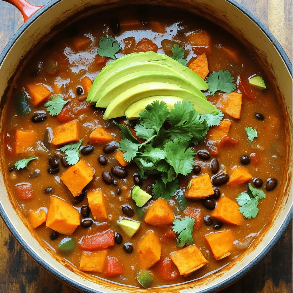To make Vegan Sweet Potato Black Bean Chili, gather the following ingredients: - 2 medium sweet potatoes, peeled and diced - 1 can (15 oz) black beans, rinsed and drained - 1 can (15 oz) diced tomatoes (with juices) - 1 medium onion, chopped - 3 cloves garlic, minced - 1 bell pepper (any color), diced - 2 cups vegetable broth - 2 tablespoons chili powder - 1 teaspoon cumin - 1/2 teaspoon smoked paprika - 1/4 teaspoon cayenne pepper (adjust for heat preference) - Salt and pepper to taste - 2 tablespoons olive oil - Fresh cilantro, for garnish - Avocado slices, for serving Each ingredient has a role. The sweet potatoes add a creamy texture. Black beans bring protein and heartiness. Diced tomatoes create a rich base. Onion and garlic give depth and aroma. Bell pepper adds sweetness and color. Vegetable broth enhances the flavor and keeps it vegan. Spices are key. Chili powder brings warmth. Cumin adds earthiness. Smoked paprika gives a subtle smokiness. Cayenne pepper can boost the heat. Salt and pepper balance the flavors. Lastly, garnishes like cilantro and avocado make the dish pop. They add freshness and creaminess. You can find the full recipe in our main article. Enjoy this hearty chili! 1. Sautéing the base ingredients Start by heating the olive oil in a large pot over medium heat. Add the chopped onion and diced bell pepper. Sauté them for about 5 to 7 minutes. You want them soft and fragrant. This step builds a great base for your chili. 2. Adding sweet potatoes and spices Next, stir in the minced garlic and let it cook for 1 to 2 minutes. Then, toss in the diced sweet potatoes. Add chili powder, cumin, smoked paprika, cayenne pepper, salt, and pepper. Mix well to coat the sweet potatoes in spices. This will give your chili a nice, warm flavor. 3. Incorporating the liquids Now, pour in the vegetable broth and the can of diced tomatoes, juices included. Also, add the rinsed black beans. Stir everything together and bring it to a gentle simmer. This is where the magic begins! 4. Simmering the chili Cover the pot and let it cook for about 25 to 30 minutes. Stir occasionally. The sweet potatoes should become tender. This simmering time helps all the flavors blend together beautifully. 5. Adjusting seasonings After simmering, taste your chili. Add more salt, pepper, or chili powder if you want more flavor. This step allows you to make the chili just right for your taste. 6. Serving suggestions Once the chili is ready, remove it from heat. Let it sit for a few minutes before serving. Serve hot, and top it with fresh cilantro and avocado slices. These garnishes add a nice touch and extra flavor. For a complete guide, check out the Full Recipe. To make the best Vegan Sweet Potato Black Bean Chili, start by enhancing the flavor. Use fresh spices. Toasting the spices in olive oil brings out their taste. This simple step adds depth. The simmering time is crucial. Let the chili cook slowly. This helps the flavors blend well. Aim for at least 25-30 minutes. Stir occasionally to prevent sticking. For the right texture, check the sweet potatoes. They should be tender but not mushy. If they break down too much, the chili may become too thick. You can switch up the beans. Try kidney beans or pinto beans for a different taste. Each type brings its own flavors and textures. Feel free to add other vegetables too. Corn, zucchini, or carrots can work well. They add sweetness and color to your dish. For gluten-free options, ensure your broth is gluten-free. Most vegetable broths are safe. Always check the label to be sure. For the full recipe, you can refer to the provided recipe details. {{image_2}} You can change the taste of your Vegan Sweet Potato Black Bean Chili in many ways. - Adding more spices for heat: If you like spice, add a bit more cayenne pepper or try some chopped jalapeños. This will give your chili a nice kick. - Incorporating herbs for freshness: Fresh herbs like cilantro or parsley can brighten the dish. Add them at the end for the best flavor. - Making it creamier: Want a creamier texture? Stir in some coconut milk or cashew cream before serving. This adds richness and smoothness. You can also adjust the chili to meet different dietary needs. - Low-carb variations: For a low-carb dish, swap sweet potatoes for cauliflower. It still tastes great, and it cuts down on carbs. - Whole30 or paleo adjustments: To make it Whole30 compliant, ensure all ingredients are Whole30 approved. This means no added sugar or grains. You can still enjoy the flavors without losing the spirit of the dish. For the full recipe, check out the details above. Enjoy experimenting with these variations! To keep your Vegan Sweet Potato Black Bean Chili fresh, store it in an airtight container. Place it in the fridge for up to five days. If you want to save it longer, freezing is a great option. Divide the chili into portions and use freezer-safe bags or containers. It can last for up to three months in the freezer. Just remember to label them with the date! When ready to enjoy your leftovers, reheat the chili gently. You can use the microwave or a pot on the stove. For the microwave, place the chili in a bowl and cover it. Heat it for one to two minutes, stirring halfway through. On the stove, warm it over low heat, stirring occasionally. This helps keep the flavor and texture perfect. If it looks too thick, add a splash of vegetable broth or water to thin it out. Can I make this chili in advance? Yes, you can make Vegan Sweet Potato Black Bean Chili in advance. It tastes even better the next day. Store it in the fridge for up to five days. Just heat it up when you are ready to serve. Is it possible to use fresh beans? You can use fresh beans, but they require cooking first. Soak them overnight for the best results. This adds time but can enhance flavor. How to adjust the spiciness level? To adjust the spiciness, add more cayenne pepper for heat. Alternatively, you can add a pinch of sugar to balance out the spice. What to serve with Vegan Sweet Potato Black Bean Chili? This chili pairs well with rice, bread, or tortilla chips. You can also top it with avocado slices or fresh cilantro for added flavor. Overview of calorie content This chili has about 300 calories per serving. It's a filling dish with lots of nutrients. Breakdown of macronutrients - Carbohydrates: 50g - Protein: 12g - Fat: 9g Health benefits of key ingredients Sweet potatoes offer vitamins A and C. Black beans provide protein and fiber. Together, they create a hearty meal that supports your health. For the full recipe, check out the recipe section above. This blog post guided you through making Vegan Sweet Potato Black Bean Chili. We covered key ingredients, simple cooking steps, and useful tips. You learned about variations and how to store and reheat leftovers. Enjoy making this chili your own. The flavors and nutrients are sure to please. Simple changes let you make it fit your needs. Dive into cooking with these steps, and enjoy the tasty results. You have all the tools now to create a delicious dish!