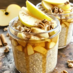 To make tasty Apple Cinnamon Overnight Oats, you will need: - 1 cup rolled oats - 1 ½ cups almond milk (or any milk of choice) - 1 medium apple, diced (keep the skin on for added texture) - 1 teaspoon ground cinnamon - 2 tablespoons maple syrup (or honey) - 1 tablespoon chia seeds (optional, for added texture) - ¼ cup walnuts or pecans, chopped (for crunch) - A pinch of salt These ingredients create a great balance of flavors. The oats give a creamy base, while apples add sweetness. Cinnamon brings warmth, and nuts add crunch. You can easily swap some ingredients to fit your taste. For example: - Use coconut milk or oat milk instead of almond milk. - Try any seasonal fruit, like pears or berries, in place of apples. - Use agave syrup if you prefer a different sweetener. - For a nut-free option, skip the nuts or use seeds like sunflower seeds. These swaps keep the recipe fun and fresh. Feel free to experiment with what you have at home. Apple Cinnamon Overnight Oats are a smart choice for breakfast. Here’s a quick look at their nutritional benefits: - Good source of fiber from oats and chia seeds. - Healthy fats from nuts help keep you full. - Apples provide vitamins and antioxidants. - Maple syrup adds natural sweetness without refined sugars. This meal is not only filling but also supports your health and energy levels. You can find the full recipe in the earlier sections. To make apple cinnamon overnight oats, start by gathering your ingredients. You will need: - 1 cup rolled oats - 1 ½ cups almond milk (or any milk of choice) - 1 medium apple, diced (keep the skin on for added texture) - 1 teaspoon ground cinnamon - 2 tablespoons maple syrup (or honey) - 1 tablespoon chia seeds (optional, for added texture) - ¼ cup walnuts or pecans, chopped (for crunch) - A pinch of salt Begin by mixing the oats, almond milk, cinnamon, maple syrup, and salt in a bowl. Stir until everything blends well. Next, add the diced apple and chia seeds if you chose to use them. Stir again until evenly mixed. Cover your bowl with plastic wrap or move the mixture into jars with lids. This makes it easy to grab in the morning. Place the bowl or jars in the fridge overnight. This lets the oats soak up the milk and flavors. To get the right texture, pay attention to the milk-to-oats ratio. If you want thicker oats, use less milk. For creamier oats, add a bit more. In the morning, stir your oats. If they seem too thick, add a splash of milk. This will help loosen them up. When serving, consider using clear jars. This shows off the colors and layers nicely. Top your oats with chopped walnuts or pecans for a crunchy bite. You can also sprinkle extra cinnamon on top for added flavor. A few apple slices make a great garnish too. This adds a fresh look and taste to your dish. Enjoy your delicious apple cinnamon overnight oats! One common mistake is not using enough liquid. Oats need liquid to soak up flavors. If you skimp, they'll be dry. Also, avoid using overly ripe apples. They can turn mushy and lose their crunch. Lastly, don’t forget to stir the mix before serving. This helps blend flavors evenly. You can easily change this recipe to fit your taste. Try adding nuts, seeds, or different fruits. For a spice kick, add nutmeg or ginger. Want it sweeter? Add more maple syrup or honey. You can even switch the milk. Use oat, soy, or coconut milk based on your preference. Store leftover oats in the fridge for up to five days. Use airtight containers to keep them fresh. When reheating, add a splash of milk to loosen the texture. Warm them for about 30 seconds in the microwave. You can also enjoy them cold if you prefer! For the best flavor, eat them within three days for optimal freshness. Remember to check out the Full Recipe for step-by-step guidance! {{image_2}} You can easily switch up the flavor of your overnight oats. Try adding cocoa powder for a chocolate twist. You can also mix in peanut butter for a nutty taste. Swap the diced apple for banana or berries to change the base fruit. Each option gives a new taste to your meal. Seasonal ingredients can elevate your oats. In fall, add pumpkin puree and pumpkin spice. In winter, try dried fruit like cranberries or figs. Fresh strawberries or blueberries work great in spring and summer. Each season offers fresh choices to keep your breakfast exciting. You can easily make these oats vegan. Use maple syrup instead of honey. For a gluten-free version, ensure your oats are labeled gluten-free. You can also swap almond milk for oat milk or coconut milk. These changes keep the recipe tasty and friendly for all diets. For the full recipe, check out the details above. Storing your apple cinnamon overnight oats is simple. Use airtight containers or jars with lids. This keeps the oats fresh and prevents odors from other foods. Make sure to store them in the fridge. If you layer your jars, add toppings like nuts just before eating. Prepared overnight oats last about 3 to 5 days in the fridge. After that, they may lose taste and texture. Always check for any signs of spoilage, like off-smells or changes in color. If they seem fine, they are good to eat. You can freeze overnight oats for longer storage. Divide your oats into single servings in freezer-safe containers. They can last up to three months in the freezer. When you’re ready to eat, thaw them in the fridge overnight. Then, stir well and enjoy! This way, you can have a delicious breakfast ready anytime. Overnight oats can last up to five days in the fridge. Store them in sealed jars. The oats stay fresh and tasty this way. After a few days, the texture might change. They may become a bit mushy. You can use instant oats, but the texture will differ. Instant oats absorb liquid faster and get mushy quickly. Rolled oats give a chewier bite. If you prefer a softer mix, instant oats work fine. Just remember to adjust the liquid. You can use any milk you like. Dairy milk, soy milk, or oat milk are great choices. Each type of milk adds its own flavor. Coconut milk will give a nice tropical twist, if you like. To change the sweetness, add more or less maple syrup. You can also add mashed banana or applesauce for natural sweetness. Taste your mixture before it sits overnight. This way, you can adjust it to your liking. Yes, you can make several servings at once. Just prepare them in separate jars. Store them in the fridge. Each morning, grab a jar for a quick breakfast. It makes mornings easy and tasty! For the full recipe, check the earlier section. You learned how to make tasty apple cinnamon overnight oats. We covered ingredients, step-by-step prep, and tips. You can customize your oats to your taste and make them vegan or gluten-free. Storing and reheating them is easy too. Now, you're ready to enjoy this healthy breakfast every day. Making these oats is fun and simple. You can impress yourself and others with this dish, and it can be a great way to start your day right.