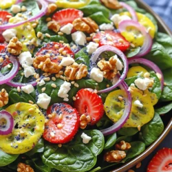 - 4 cups fresh baby spinach - 1 cup strawberries - ½ cup feta cheese - ¼ cup walnuts - ¼ cup red onion - ½ cup sunflower seeds - ¼ cup olive oil - 3 tablespoons apple cider vinegar - 2 tablespoons honey or maple syrup - 1 tablespoon poppy seeds - Salt and pepper, to taste For a vibrant Strawberry Spinach Salad, fresh ingredients shine. You need baby spinach, as it gives a soft, base layer. Strawberries add a sweet pop. Feta cheese provides a creamy, tangy bite. Walnuts give a nice crunch and rich flavor. Next, red onion brings sharpness, while sunflower seeds add extra crunch. Now, let’s talk about the dressing. Olive oil creates a smooth texture. Apple cider vinegar adds tang, while honey or maple syrup balances the flavors with sweetness. Finally, poppy seeds give a delightful crunch and a unique look. You can find the full recipe with all the steps to make this salad at home. Enjoy making this delicious dish! To make the dressing, first grab a small bowl. Whisk together the olive oil and apple cider vinegar. Add honey or maple syrup for sweetness. Then, sprinkle in the poppy seeds. Finally, season with salt and pepper to taste. This simple dressing adds a great flavor. In a large salad bowl, create a base with the fresh baby spinach. This makes a nice green layer. Next, layer the sliced strawberries on top. Follow that with crumbled feta cheese for a creamy touch. Add toasted walnuts for crunch. Then, sprinkle thinly sliced red onion for a bit of bite. Finally, finish with sunflower seeds for extra texture. Now comes the fun part! Drizzle the poppyseed dressing generously over the salad. Be sure to coat all the ingredients. Gently toss the salad to combine everything well. This helps the flavors mix perfectly. Serve immediately for the freshest taste. You can find the Full Recipe to guide you through this delightful dish. To make a great Strawberry Spinach Salad, start with fresh ingredients. When picking strawberries, look for bright red ones. They should feel firm and smell sweet. Avoid berries with green or white spots. Fresh spinach is just as important. Choose vibrant, crisp leaves. They should not have any brown edges or wilting. Fresh spinach adds a nice crunch to your salad. The poppyseed dressing makes the salad shine. You can adjust the sweetness by adding more honey or maple syrup. Taste it as you mix. If you want a sweeter dressing, add more. To store the dressing, keep it in a jar with a lid. It stays fresh in the fridge for about a week. Just give it a shake before using it again. This salad tastes best when served right away. The spinach stays crisp, and the flavors pop. If you want to add protein, grilled chicken or salmon works well. These pair nicely with the sweet strawberries and tangy feta. Enjoy your salad as a light meal or side dish! For the full recipe, check out the details above. {{image_2}} You can easily change this salad to fit your taste. Try adding other fruits like blueberries or diced apples. They add sweetness and color. You can also switch cheeses. Goat cheese or mozzarella can bring new flavors. These small changes can make the salad feel fresh and exciting. If you want a vegan option, swap honey for maple syrup. This keeps the salad sweet without using animal products. If you are gluten-free, you can choose different nuts. Pecans or pumpkin seeds work well and add crunch. You can change the salad with the seasons. In winter, try using kale instead of spinach. Kale is hearty and works well with the dressing. In summer, add more veggies like cucumbers or bell peppers. This keeps the salad light and refreshing. For the full recipe, check out the Sweet & Crunchy Strawberry Spinach Salad. To keep your leftover salad fresh, store it in an airtight container. Place it in the fridge right away. This helps keep the spinach crisp and the strawberries juicy. If you want to avoid sogginess, do not add the dressing until you are ready to eat. This keeps everything crunchy. You can store homemade poppyseed dressing in a jar. Seal it tightly and keep it in the fridge. It will stay fresh for about one week. If you notice any change in smell or texture, it’s best to toss it out. You can prep your salad ingredients ahead of time. Wash and dry the spinach, slice the strawberries, and chop the nuts. Store them separately in the fridge. This makes it easy to grab and assemble your salad for quick lunches. You can even make the salad a day in advance, but remember to add the dressing just before serving for the best taste. For the full recipe, check out [Full Recipe]. Yes, you can prepare the salad ahead of time. To do this, keep the dressing separate until you are ready to serve. Wash and slice the strawberries and keep them in the fridge. Store the spinach and other salad items in airtight containers. This way, they stay fresh and crisp. When you are ready to eat, mix everything together and add the dressing. This salad is very versatile. You can try other dressings like balsamic vinaigrette, honey mustard, or citrus dressings. Each dressing adds a new twist to the flavors. A creamy ranch or a yogurt-based dressing can also work well. Feel free to explore and find your favorite! If stored correctly, the salad can last for about two days in the fridge. Keep the dressing separate to avoid sogginess. Once you add the dressing, aim to eat it within a few hours for the best taste. Always check for freshness before serving. This salad combines fresh spinach, strawberries, and feta for a burst of flavor. You learned how to make a tasty poppyseed dressing and assemble the salad step-by-step. Remember to choose ripe produce for the best taste. Enjoy this salad fresh, but feel free to customize it with other fruits or nuts. Store leftovers correctly to keep them crisp. With these tips and variations, you can savor this dish all year round.