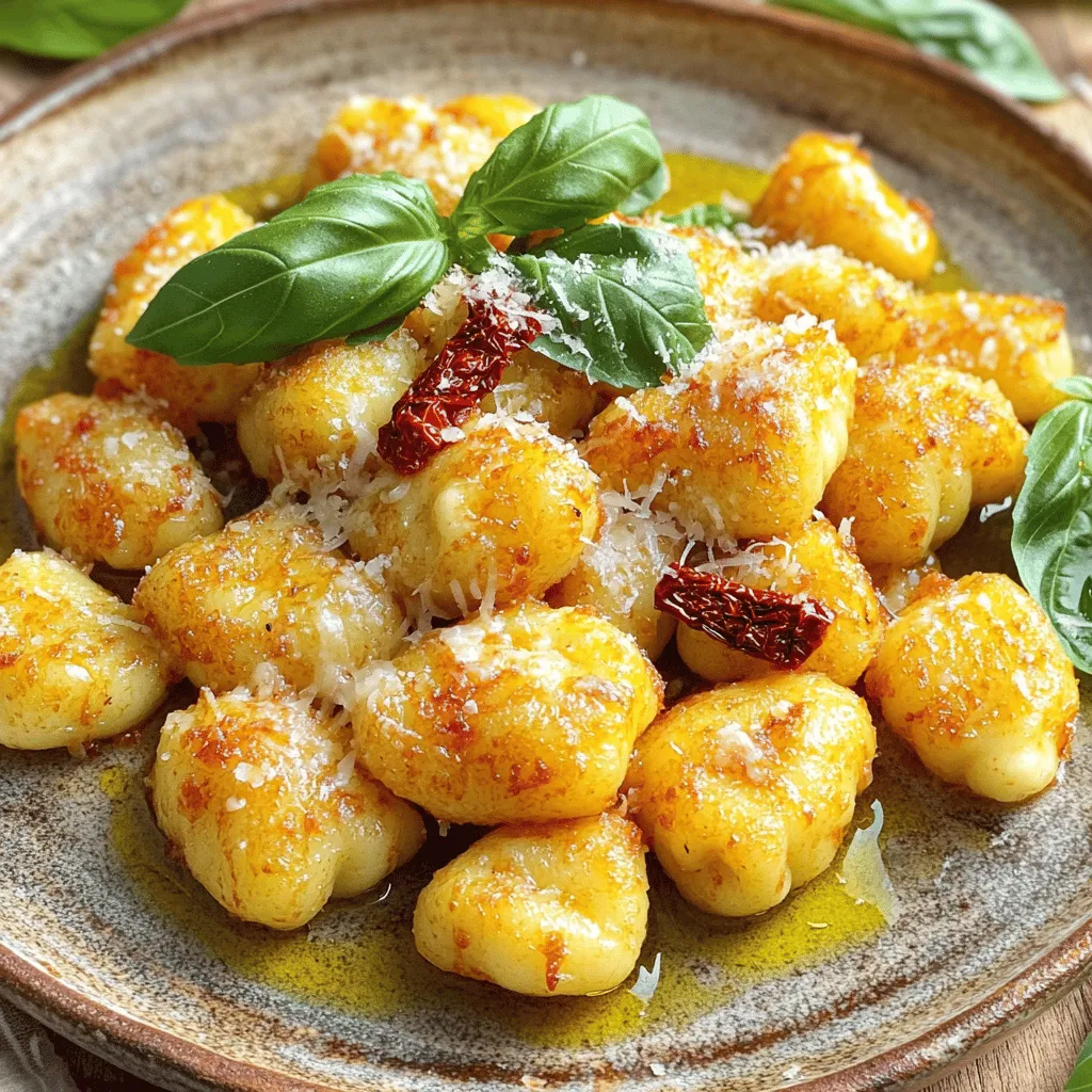 You can use store-bought or homemade potato gnocchi. I love making it from scratch, but store-bought saves time. Look for gnocchi made with good-quality potatoes. This will give you a nice, fluffy texture. If you choose store-bought, check the package for cooking instructions. Fresh mozzarella is the star here. I recommend using soft, creamy mozzarella. Cut it into small cubes to make stuffing easier. You can also try burrata for a richer flavor. Just be sure your cheese melts well. This will create a gooey, delightful center. Choose sun-dried tomatoes packed in oil for the best taste. The oil adds extra flavor to the dish. Chop them finely so they mix well with the cheese. You can also use dried tomatoes, but be mindful to rehydrate them first. Their sweet, tangy taste pairs perfectly with the cheese. First, grab a medium bowl. Add the fresh mozzarella cubes to the bowl. Then, chop the sun-dried tomatoes and add them in. Next, chop some basil and mix it all together. This mix will create a burst of flavor in each gnocchi. Set this bowl aside while you prepare the gnocchi. Next, fill a large pot with salted water and bring it to a boil. Once boiling, add the gnocchi in batches. Cook them until they float, which takes about 2-3 minutes. Use a slotted spoon to take them out and place them on a plate. When the gnocchi cool a bit, press your thumb gently into the center of each one. This creates a small space for the stuffing. Take a spoon and add some of the mozzarella mix into each gnocchi. Pinch the edges to seal them tightly. Now, take a large skillet and pour in the olive oil. Heat it on medium. Add the minced garlic and sauté it. Cook until it smells amazing, which should take about 1 minute. Be careful not to let the garlic burn, as it can turn bitter. This step adds a nice depth to the dish before you add the stuffed gnocchi. I start by heating some olive oil in a large skillet over medium heat. Once it’s hot, I gently add the stuffed gnocchi. Be careful not to overcrowd the pan. I let them cook for about five minutes. I shake the pan often to make sure they brown evenly. The goal is to achieve a golden and crispy texture on all sides. This step is key for great flavor. After the gnocchi are browned, I season them with salt and pepper. This simple step boosts their taste. Since the filling already has flavor from the sun-dried tomatoes and cheese, I keep it light. You can always adjust the seasoning to your liking. If you enjoy spice, a pinch of red pepper flakes adds a nice kick. To serve, I plate the gnocchi on a large dish or shallow bowl. I sprinkle some grated Parmesan cheese on top for added richness. Fresh basil leaves add a pop of color and flavor. For a fancy touch, I drizzle a bit of the olive oil from cooking around the edges. This makes the dish look appealing and inviting. Enjoying this gnocchi is truly a delightful experience! {{image_2}} To get the best stuffed gnocchi, choose the right gnocchi. Fresh or homemade gnocchi work well. If you use store-bought, check for quality. Always cook the gnocchi until they float. This means they are ready. For the filling, use cold cheese and chopped sun-dried tomatoes. This helps keep the filling firm. When you create the pocket, press gently. Don’t overstuff; a little goes a long way. The most common mistake is overcooking the gnocchi. Keep an eye on them as they cook. If they fall apart, your water may be too hot. Also, watch the garlic. It can burn quickly. If that happens, it will taste bitter. Lastly, make sure to seal your gnocchi well. If they open while cooking, the filling will escape. Presentation matters. To plate your gnocchi, use a large dish. Arrange them in a circle for visual appeal. Drizzle some olive oil around the edges for a nice touch. Top the gnocchi with grated Parmesan cheese for extra flavor. Fresh basil leaves make a great garnish. They add color and a fresh taste. A sprinkle of black pepper can elevate the look, too. You can swap fresh mozzarella for other cheeses. Try using ricotta for a creamier feel. Goat cheese adds a tangy twist. You could also use fontina for a rich, melty texture. Each cheese brings a new flavor to stuffed gnocchi. Choose one that excites your taste buds! Herbs can change the whole dish. If you love parsley, use it instead of basil. Thyme or oregano can also work well. Fresh or dried herbs can add depth. Experiment to find what you enjoy most. It’s a fun way to make the dish your own! You can easily make this dish vegan. Use plant-based mozzarella for a dairy-free option. Replace gnocchi made with eggs with a vegan version. For the filling, try using cashew cream mixed with sun-dried tomatoes. This keeps the dish creamy and satisfying. You will still enjoy that rich flavor! It takes about 15 minutes to prep and 15 minutes to cook. So, the total time is around 30 minutes. This makes it a quick dish for any meal! Yes, you can freeze stuffed gnocchi! To freeze, place the uncooked gnocchi on a baking sheet. Make sure they are not touching. Once frozen, transfer them to a freezer bag. They will last for up to three months. When ready to cook, just boil them straight from the freezer. You can serve stuffed gnocchi with a simple green salad or garlic bread. A light tomato sauce also pairs well. For a fancy touch, drizzle some basil pesto on top. This adds color and flavor! In this post, we explored how to make sun-dried tomato mozzarella stuffed gnocchi. We discussed ingredients like cheese and cooking techniques. You learned tips to ensure perfect stuffing and avoid common mistakes. Finally, we covered variations like using vegan cheeses. Enjoy making this dish and impressing your loved ones. Cooking can be fun and rewarding. With practice, you'll master stuffed gnocchi and create delightful meals every time.