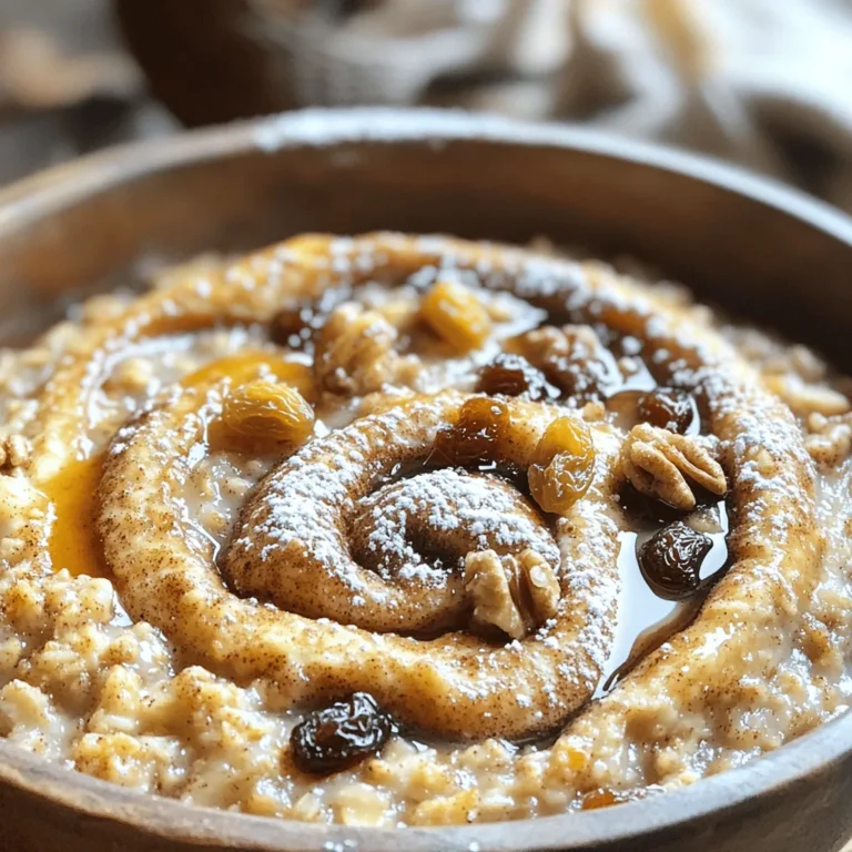 - 2 cups rolled oats - 2 cups unsweetened almond milk (or any milk of choice) - 1/3 cup maple syrup - 1 ripe banana, mashed - 1 teaspoon vanilla extract - 2 teaspoons baking powder - 1 teaspoon ground cinnamon - 1/4 teaspoon salt - 1/2 cup chopped walnuts (or pecans) - 1/4 cup raisins (optional) - 2 tablespoons brown sugar - 1 teaspoon ground cinnamon - 1 tablespoon melted coconut oil (or butter) This list has all you need to create a warm and tasty dish. I love using rolled oats as the base. They cook well and give great texture. Almond milk keeps it light, but feel free to use any milk you like. The mashed banana adds natural sweetness. It also helps bind the oats. I use maple syrup for a rich flavor. Ground cinnamon and nuts bring warmth and crunch. The brown sugar and cinnamon swirl is the best part! It gives a lovely cinnamon roll taste. You can add raisins if you want extra sweetness. Gather these ingredients, and you are ready to start cooking. Each one plays a role in making this dish special. You will enjoy every bite of this baked oatmeal. 1. Preheat your oven to 350°F (175°C). Grease a 9x9-inch baking dish. This helps prevent sticking and makes clean-up easy. 2. In a large bowl, mix the rolled oats, almond milk, maple syrup, mashed banana, vanilla extract, baking powder, ground cinnamon, and salt. Stir well until everything is blended. 1. Next, stir in the chopped walnuts and raisins, if you like them. Make sure they are evenly spread in the mix. 2. In a small bowl, prepare the cinnamon swirl mixture. Mix together the brown sugar, ground cinnamon, and melted coconut oil. This will add a lovely flavor to your oatmeal. 1. Drizzle the cinnamon mixture over the oatmeal. Use a knife to swirl it gently through the mix. This creates that classic cinnamon roll look and taste. 2. Bake in your preheated oven for about 30-35 minutes. Check for doneness by inserting a toothpick in the center. It should come out clean when it's ready. Enjoy the warm, sweet aroma filling your kitchen! Mashing the banana is key. It makes the oatmeal creamy and sweet. Use a fork to mash it well. This will help blend it into the mix. You want no lumps. A smooth banana gives better texture. For the swirling technique, drizzle the cinnamon mix slowly. Use a knife to swirl it through. Don’t over-mix, as you want pretty swirls. This gives that classic cinnamon roll look. It also adds great flavor. To achieve a golden top, bake until golden brown. Keep an eye on the oatmeal during the last few minutes. If it looks too pale, let it bake a bit more. You want it to be set in the middle and golden on top. Adjusting sweetness levels is easy. If you want it sweeter, add more maple syrup. You can also try using honey or agave. Taste the mixture before baking to find your perfect balance. For toppings, maple syrup is a must. It adds an extra layer of sweetness. Yogurt also works great for creaminess. A dusting of powdered sugar gives a nice touch too. Always serve it warm for the best experience. It tastes best fresh out of the oven. The warmth enhances the flavors and makes it feel cozy. Enjoy your delicious cinnamon roll baked oatmeal! {{image_2}} You can change the milk for this recipe. Almond milk is great, but you can try oat, soy, or regular dairy milk too. Each type gives a different taste and texture. You can also swap the nuts. If you don't like walnuts, pecans work well. You can add spices too. A pinch of nutmeg adds warmth and depth to the flavor. If you need a gluten-free option, use certified gluten-free oats. This makes your baked oatmeal safe for those with gluten sensitivities. For a vegan version, replace the cinnamon swirl butter with coconut oil. This keeps it plant-based and just as tasty. Fruits are a fun way to change this dish. Try adding blueberries, chopped apples, or even diced peaches. They bring a fresh burst of flavor. You can also top it with yogurt or a drizzle of maple syrup for extra sweetness. A sprinkle of chopped nuts or seeds on top adds crunch and nutrition. To keep your cinnamon roll baked oatmeal fresh, follow these tips: - Refrigeration: Allow it to cool completely. Place it in an airtight container. It will stay fresh in the fridge for up to five days. - Freezing: Cut leftover oatmeal into squares. Wrap each piece in plastic wrap, then place in a freezer bag. This can last up to three months in the freezer. When you're ready to enjoy it again, here are some ways to reheat: - Oven: Preheat the oven to 350°F (175°C). Place a piece of oatmeal in a baking dish. Cover with foil to keep it moist. Heat for about 15-20 minutes. - Microwave: Place a piece on a microwave-safe plate. Heat for 30-60 seconds. Add a splash of milk to keep it moist. Knowing how long it lasts is key: - Fridge: It lasts about five days if stored properly. - Signs of spoilage: Look for changes in color or smell. If it smells off or has mold, throw it away. Can I make this recipe ahead of time? Yes, you can make this recipe ahead of time. Just prepare the oatmeal, cover it, and store it in the fridge. When ready to bake, heat your oven and pop it in. It tastes great reheated! How do I make it more or less sweet? To adjust sweetness, you can add or reduce maple syrup. Taste the mixture before baking. If you want it sweeter, add a bit more syrup. If too sweet, cut back a little. Can I use another type of sweetener? Yes, you can use other sweeteners like honey or agave syrup. Just keep the amount the same as maple syrup for best results. What can I use instead of bananas? If you don’t have bananas, use unsweetened applesauce or pureed pumpkin. Both add moisture and flavor without changing the taste much. What should I do if it comes out too dry? If your oatmeal is dry, try adding a splash of milk before serving. This will help moisten it. You can also reduce the baking time next time. How to adjust cooking time for different ovens? Ovens can vary a lot. If your oatmeal looks done but is still wet, bake it a few minutes longer. Keep an eye on it to avoid burning. Use a toothpick to check for doneness. This baked oatmeal recipe is easy and flexible. We used simple ingredients like oats, almond milk, and ripe bananas. You can customize it with nuts, spices, and toppings. Remember, mashing the banana helps blend flavors well. Store leftovers safely for quick meals later. Enjoy serving it warm with your favorite toppings. This dish is perfect for breakfast or snack time. Try different variations to make it your own. Happy baking!