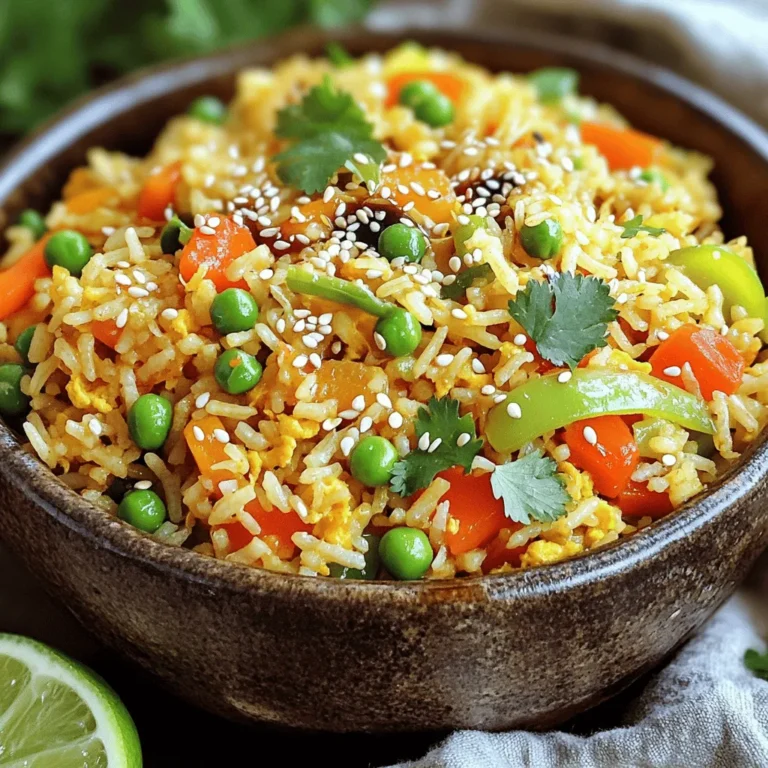 To make a tasty veggie fried rice, you need: - 2 cups cooked jasmine rice (day-old is best) - 1 tablespoon sesame oil - 1 cup mixed vegetables (carrots, peas, bell peppers, corn) - 1/2 cup green onions, sliced - 2 cloves garlic, minced - 1 teaspoon fresh ginger, grated - 2 tablespoons soy sauce - 1 tablespoon oyster sauce (use vegetarian option if needed) - 2 eggs, beaten (or silken tofu for vegan) - Salt and pepper to taste - Sesame seeds for garnish - Fresh cilantro for garnish You can change things up with these add-ins: - Chili paste for heat - Cooked chicken or shrimp for protein - Other veggies like broccoli or snap peas - Cashews or peanuts for crunch To cook your veggie fried rice, gather these tools: - A large skillet or wok - A spatula for stirring - A cutting board and knife for prepping ingredients - A measuring spoon for accurate measurements To make veggie fried rice, gather your ingredients first. I recommend using day-old jasmine rice. It cooks better and has less moisture. You need: - 2 cups cooked jasmine rice - 1 tablespoon sesame oil - 1 cup mixed vegetables (carrots, peas, bell peppers, and corn) - 1/2 cup green onions, sliced - 2 cloves garlic, minced - 1 teaspoon fresh ginger, grated - 2 tablespoons soy sauce - 1 tablespoon oyster sauce (or a vegetarian option) - 1 teaspoon chili paste (optional) - 2 eggs, beaten (or silken tofu for vegan) - Salt and pepper to taste - Sesame seeds for garnish - Fresh cilantro for garnish Chop your vegetables and slice the green onions. Mince the garlic and grate the ginger. Having everything ready speeds up cooking. Now, let’s cook! Start by heating a large skillet or wok over medium-high heat. Add sesame oil and let it warm. Once hot, add minced garlic and ginger. Stir quickly for about 30 seconds until you smell the aroma. Next, toss in your mixed vegetables. Stir-fry for about 3 to 4 minutes. You want them tender yet crisp. Push the veggies to one side of the skillet. Pour the beaten eggs or silken tofu on the other side. Scramble until fully cooked. Now, add the cooked rice, breaking up any clumps. Stir everything together. Pour in the soy sauce and oyster sauce. If you like heat, add chili paste too. Mix until the rice is coated. Season with salt and pepper. Stir-fry for another 2 to 3 minutes to heat through. Finally, toss in the sliced green onions and turn off the heat. - Use day-old rice. Fresh rice is too sticky. - Keep the heat high. This helps fry the rice well. - Stir-fry quickly. This keeps the veggies crisp. - Scramble eggs separately. This prevents overcooking. - Adjust sauces to taste. Experiment with flavors you like. Serve your veggie fried rice in bowls. Top with sesame seeds and fresh cilantro for a nice touch. Enjoy your meal! When making veggie fried rice, avoid using fresh rice. Day-old rice works best. Fresh rice is sticky and clumps together. It can lead to mushy fried rice. Also, don’t skip the sesame oil. It adds a lovely nutty flavor. Be careful not to overcook the veggies. They should be tender but still crisp. Use a large skillet or wok for cooking. This allows even heat distribution. Start with high heat to achieve that nice stir-fry effect. Always heat the oil before adding ingredients. This helps to lock in flavors. Push the veggies to the side before adding eggs. This method ensures even cooking and better texture. To boost the flavor, try adding a splash of lime juice. This adds brightness to the dish. You can also use fresh herbs like cilantro for extra taste. If you want heat, add chili paste or fresh chilies. Experiment with different sauces like hoisin or teriyaki for variety. Using a mix of vegetables also adds different textures and tastes. {{image_2}} You can easily make veggie fried rice vegan. Just swap the eggs for silken tofu. Tofu gives a nice texture and keeps it light. Use vegetarian oyster sauce for added flavor. This option keeps it delicious without any animal products. Mix and match your favorite veggies in this dish. Try broccoli, zucchini, or snap peas. You can also use frozen mixed vegetables if you are short on time. The key is to keep the veggies bright and crispy. It adds color and nutrition to your meal. Want some heat? Add chili paste to your oil when you cook. Start with a small amount. You can always add more if you like it spicy. For a milder dish, skip the chili paste altogether. It’s all about your taste preferences! Store your veggie fried rice in an airtight container. Let it cool to room temperature first. It will last up to four days in the fridge. To keep it fresh, make sure the lid seals well. This keeps out moisture and air. If you notice any off smells or changes in color, toss it out. To freeze veggie fried rice, pack it in freezer-safe bags or containers. Remove as much air as possible before sealing. It can stay frozen for up to three months. Label your containers with the date. This way, you won’t forget what’s inside. Thaw it in the fridge overnight before reheating. When you’re ready to eat, reheat the rice in a skillet. Add a splash of water or oil to prevent sticking. Heat it over medium heat for about 5-7 minutes. Stir it often to help it warm evenly. You can also use a microwave. Heat it in short bursts of one minute, stirring in between. This keeps the rice moist and tasty. Yes, using leftover rice makes this dish even better. Day-old rice dries out a bit. This helps keep the rice grains separate. When you stir-fry, they won’t turn mushy. If you don’t have day-old rice, cook fresh rice and let it cool. Spread it on a tray for about 30 minutes. This will help it dry out a little. To spice up your fried rice, add chili paste. You can mix in one teaspoon or more, based on your taste. You can also use fresh chopped chilies. Add them when you cook the garlic and ginger. This way, they will blend nicely into the dish. Another option is to serve with hot sauce on the side. You can switch up the flavors by using different sauces. Instead of soy sauce, try tamari for a gluten-free option. For a sweet touch, add hoisin sauce. If you like a smoky flavor, try adding a splash of liquid smoke. You can also use teriyaki sauce for a different flavor. Mix and match sauces to create your own unique dish! To make delicious Veggie Fried Rice, start with key ingredients and essential tools. Follow the step-by-step cooking process to avoid common mistakes. Use tips to enhance flavors and adjust spice levels to your taste. Consider variations like vegan options to suit different diets. Finally, remember proper storage methods to enjoy this meal later. Cooking veggie fried rice can be fun and rewarding. With practice, you’ll perfect this dish and impress everyone. Enjoy your cooking journey!