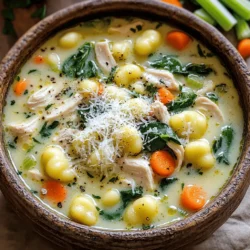 - 1 pound boneless, skinless chicken breasts - 1 tablespoon olive oil - 1 small onion - 3 cloves garlic - 3 medium carrots - 2 celery stalks - 6 cups chicken broth - 1 teaspoon dried thyme - 1 teaspoon dried basil - Salt and pepper - 1 cup heavy cream - 1 pound gnocchi - 2 cups fresh spinach - Grated Parmesan cheese Choosing the right chicken Pick fresh, high-quality chicken breasts. Look for meat that is pink and firm. Frozen chicken works too, but fresh gives the best flavor. Best types of broth for flavor Use low-sodium chicken broth. This choice allows you to control the salt level. Homemade broth adds the best taste, but store-bought works well too. Substitutions for heavy cream If you want a lighter soup, use milk or a mix of milk and Greek yogurt. Coconut milk can add a nice twist if you want a dairy-free option. Cooking the chicken First, heat 1 tablespoon of olive oil in a large pot over medium heat. Add 1 pound of diced chicken breasts. Cook the chicken until it turns brown, about 5 to 7 minutes. Once done, take the chicken out and set it aside. This step builds a great base for your soup. Sautéing vegetables In the same pot, add 1 small diced onion, 3 minced garlic cloves, 3 diced carrots, and 2 diced celery stalks. Sauté these for about 5 minutes. You want the veggies to soften nicely. This adds depth to the flavor of your soup. Adding broth and seasonings Next, pour in 6 cups of chicken broth. Stir well to blend the flavors. Then, add 1 teaspoon of dried thyme and 1 teaspoon of dried basil. Season with salt and pepper to taste. Bring the mixture to a gentle boil. This process infuses the broth with rich flavors. Cooking the gnocchi Once it reaches a boil, add 1 pound of gnocchi to the pot. Cook according to the package directions, usually about 2 to 3 minutes. The gnocchi should float to the top when done. This means they are ready to absorb all the delicious broth. Combining all ingredients Return the cooked chicken to the pot. Lower the heat to keep it warm. Stir in 1 cup of heavy cream and let the soup simmer for 5 more minutes. This gives it that creamy texture we all love. Incorporating spinach Just before serving, stir in 2 cups of fresh spinach. Let it wilt into the soup. This adds a lovely color and freshness to your dish. Adjusting seasonings Taste the soup and adjust the seasonings if needed. This final touch ensures your soup is just right for your palate. Serving suggestions Serve the soup hot in bowls, topped with grated Parmesan cheese. It pairs well with crusty bread or a light salad. Enjoy this cozy comfort food! *Preventing the chicken from drying out:* To keep the chicken juicy, cook it just until it turns brown. Remove it from the pot before adding other ingredients. This helps lock in moisture. The chicken will cook more when you return it to the soup. *Achieving the perfect soup consistency:* For a creamy texture, add the heavy cream after cooking the gnocchi. This keeps the cream from breaking apart. Stir it in gently and allow the soup to simmer a bit. This helps blend the flavors well. *Adding herbs and spices:* Dried thyme and basil work great in this soup. They add a warm, earthy flavor. You can also try adding a pinch of nutmeg or a dash of cayenne for a kick. Fresh herbs like parsley or chives can brighten the dish when served. *Recommended garnishes:* Grated Parmesan cheese is a must. It adds richness and depth. A sprinkle of fresh herbs on top makes it look nice. You could also add a drizzle of olive oil for extra flavor. *Overcooking gnocchi:* Gnocchi cooks fast, usually in just 2-3 minutes. If you leave it in too long, it can become mushy. Keep an eye on it and taste to check doneness. *Ingredient ratios:* Too much broth can make the soup too watery. Stick to the recipe for the best balance. If you want it richer, add more cream but adjust the broth to keep it from being too thin. {{image_2}} If you want to make this soup fit your needs, consider these options: - Gluten-free gnocchi options: Look for gnocchi made with potato or rice flour. Many brands offer gluten-free versions that taste just as good. This way, you can enjoy the soup without worry. - Dairy-free alternatives: Swap heavy cream for coconut milk or a dairy-free cream. This change keeps the soup creamy while making it safe for those avoiding dairy. You can add fun twists to this soup’s flavor: - Adding mushrooms or bell peppers: Sauté sliced mushrooms or diced bell peppers with the onions and garlic. These veggies add depth and a nice texture. - Using different proteins: Feel free to switch the chicken for turkey or even shrimp. Each protein brings its unique taste, keeping the soup exciting. Pairing your soup with the right sides makes it even better: - Pairing with bread or salad: Serve the soup with crusty bread or a fresh salad. This adds a nice crunch and balances the creamy soup. - Storage and reheating options: Store leftover soup in an airtight container in the fridge for up to three days. When reheating, gently warm it on the stove to avoid overcooking the gnocchi. Enjoy the flavors again! You can keep Creamy Chicken Gnocchi Soup in the fridge for up to three days. Store it in an airtight container to keep it fresh. Glass containers or BPA-free plastic ones work best. They seal well and prevent spills. Always let the soup cool down before placing it in the fridge. This helps it stay safe and tasty. To freeze the soup, let it cool completely first. Then, pour it into freezer-safe containers. Leave some space at the top, as the soup will expand when frozen. You can also use freezer bags for easy storage. When you want to enjoy it later, thaw it in the fridge overnight. To reheat, pour the soup into a pot and warm it over low heat. Stir it often to prevent sticking. If it seems thick, add a little water or broth to loosen it up. Enjoy the warmth and comfort of this soup any time! Can I use frozen gnocchi? Yes, you can use frozen gnocchi. Just add it directly to the soup without thawing. It will cook as the soup simmers. How can I make this soup spicy? To spice up the soup, add red pepper flakes while cooking. You can also mix in diced jalapeños for extra heat. What if I don’t have chicken broth on hand? If you lack chicken broth, use vegetable broth instead. It will still give the soup great flavor. How do I make it thicker? To thicken the soup, mix in a cornstarch slurry. Combine equal parts water and cornstarch, then stir it in while simmering. Can I make it a day ahead? Yes, you can make this soup a day ahead. Store it in the fridge, and the flavors will deepen overnight. What’s the best way to reheat leftovers? Reheat leftovers on the stove over low heat. Stir gently and avoid boiling to keep the cream from separating. This blog post outlined a hearty chicken soup recipe. You learned about the main ingredients and preparation steps. I provided tips for cooking, flavor enhancements, and variations. Remember to avoid common mistakes like overcooking gnocchi. Incorporating fresh ingredients and following the steps can yield a comforting dish. Use this guide to experiment and make the soup your own. Enjoy the process and the delicious results!