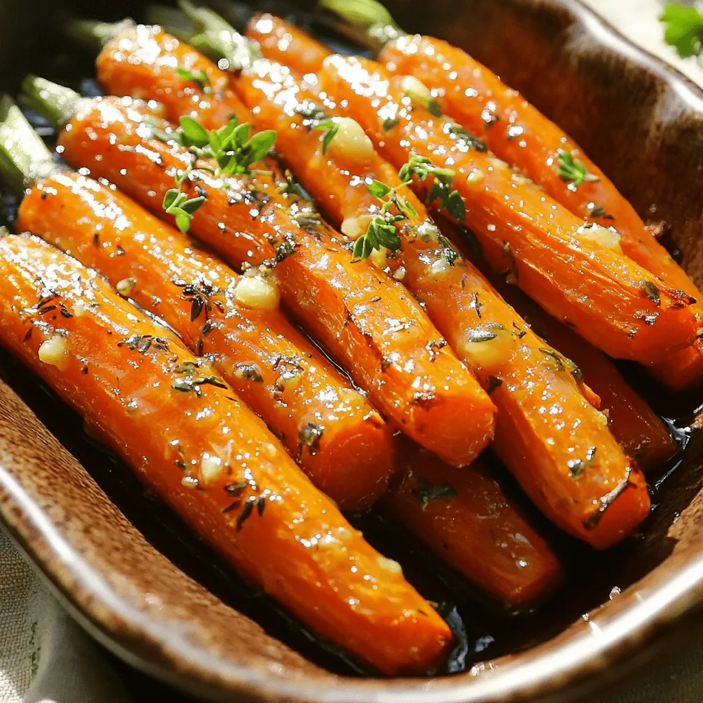 - 1 pound baby carrots, peeled and trimmed - 3 tablespoons unsalted butter, melted - 3 tablespoons honey - 3 cloves garlic, minced - 1 teaspoon fresh thyme leaves (or ½ teaspoon dried thyme) - Salt and pepper to taste - Fresh parsley for garnish (optional) To create the best honey garlic butter roasted carrots, you need fresh baby carrots. They are sweet and tender. The unsalted butter adds richness and depth. Honey brings a lovely sweetness and helps with caramelization. Garlic gives a warm, savory flavor. Thyme adds an earthy touch that blends perfectly. Don’t forget salt and pepper to enhance all these flavors. - Baking sheet - Mixing bowl - Whisk You will need a baking sheet to roast the carrots evenly. A mixing bowl helps you combine all the ingredients. A whisk works well to mix the butter, honey, and spices smoothly. Make sure you have everything ready before you start cooking. This way, you can focus on making your dish perfect! Preheating your oven to 400°F (200°C) is a key step. This warms the oven so your carrots cook evenly. If you skip this, the carrots may not roast correctly. Start with this step to ensure a great outcome. For the sauce, combine these ingredients in a large mixing bowl: - 3 tablespoons unsalted butter, melted - 3 tablespoons honey - 3 cloves garlic, minced - 1 teaspoon fresh thyme leaves (or ½ teaspoon dried thyme) - Salt and pepper to taste Whisk these together until they blend well. This mix gives your carrots a sweet, salty, and fragrant flavor. The butter helps everything stick to the carrots. Next, add 1 pound of peeled and trimmed baby carrots to the bowl. Toss them well in the honey garlic butter mixture. Use your hands or a spoon to make sure each carrot is evenly coated. This step helps the flavors reach every bite. Now, arrange the coated carrots in a single layer on a baking sheet lined with parchment paper. This helps with easy cleanup. Roast them in your preheated oven for 25-30 minutes. Stir halfway through for even cooking. You want them tender and slightly caramelized for the best taste. After roasting, remove the carrots from the oven. Let them cool for a couple of minutes. Transfer them to a serving dish. For a pop of color, garnish with freshly chopped parsley if you like. This adds freshness and makes your dish look great! To get the best texture, timing is key. Roast the carrots for 25 to 30 minutes. This gives them time to become tender and sweet. Halfway through cooking, stir the carrots. This helps them cook evenly and get a nice caramel color. If you leave them alone, they may caramelize better but may not cook as uniformly. Want to boost flavor? Try adding herbs like rosemary or dill. A pinch of cumin or paprika can also work well. If you want a sweeter taste, maple syrup or agave can replace honey. Just adjust the amount to fit your taste. These carrots pair well with many main dishes. Think roasted chicken, grilled fish, or even a veggie burger. For a nice presentation, use a clean white plate. Arrange the carrots in a fan shape, and sprinkle fresh parsley on top. This adds color and makes the dish pop. {{image_2}} You can mix baby carrots with other veggies for a colorful dish. Try adding small potatoes or parsnips. These veggies roast well and soak up the sweet sauce. Just cut them to the same size as the carrots. This way, they cook evenly. The mix of flavors makes each bite exciting. If you like heat, add chili flakes or a splash of sriracha. This brings a nice kick to the sweet honey and garlic. Start with half a teaspoon of chili flakes. You can adjust it to your heat level. The spice pairs well with the buttery carrots. It creates a tasty balance that surprises your taste buds. For a vegan twist, swap butter for vegan butter. Maple syrup can replace honey. This keeps the dish sweet and rich without animal products. Use the same amount of vegan butter and syrup as the recipe calls for. You won’t lose any flavor, and it stays just as delicious! To store leftovers, let the carrots cool first. Place them in an airtight container. They will stay fresh in the fridge for up to five days. Make sure to seal the container tightly. This keeps out moisture and odors. If you want to freeze roasted carrots, start by cooling them completely. Spread them on a baking sheet in a single layer. Freeze them for about two hours. Once they are firm, transfer the carrots to a freezer bag. Try to remove as much air as possible. They can last up to three months in the freezer. To reheat, the oven is the best option. Preheat your oven to 350°F (175°C). Spread the carrots on a baking sheet. Heat for about 10-15 minutes. This keeps them tender and helps them regain that nice texture. You can also use the microwave if you're in a hurry. Just heat them in short bursts, stirring in between. This helps avoid sogginess. Roast carrots for 25 to 30 minutes at 400°F. The time may vary based on size. Stir them halfway through for even cooking. You want them tender and a little caramelized. Yes, you can use regular carrots. Just cut them into smaller pieces. They may need a bit longer to cook. Aim for similar sizes to ensure even roasting. You can use maple syrup or agave nectar as a honey substitute. Both add sweetness. Adjust the amount to taste, as they can vary in sweetness. Yes, they are healthy. Carrots are rich in vitamins A and K. Honey adds natural sweetness, while butter provides healthy fats. Enjoy them as a tasty, nutritious side dish. This recipe for honey garlic butter roasted carrots is simple and tasty. You learned about the key ingredients, the steps to prepare and cook them, and some tips for getting it just right. Remember, little tricks can make a big difference. Whether you want to spice things up or keep it classic, there are many options to try. Keep these storage tips in mind for leftovers, and enjoy these delicious carrots!