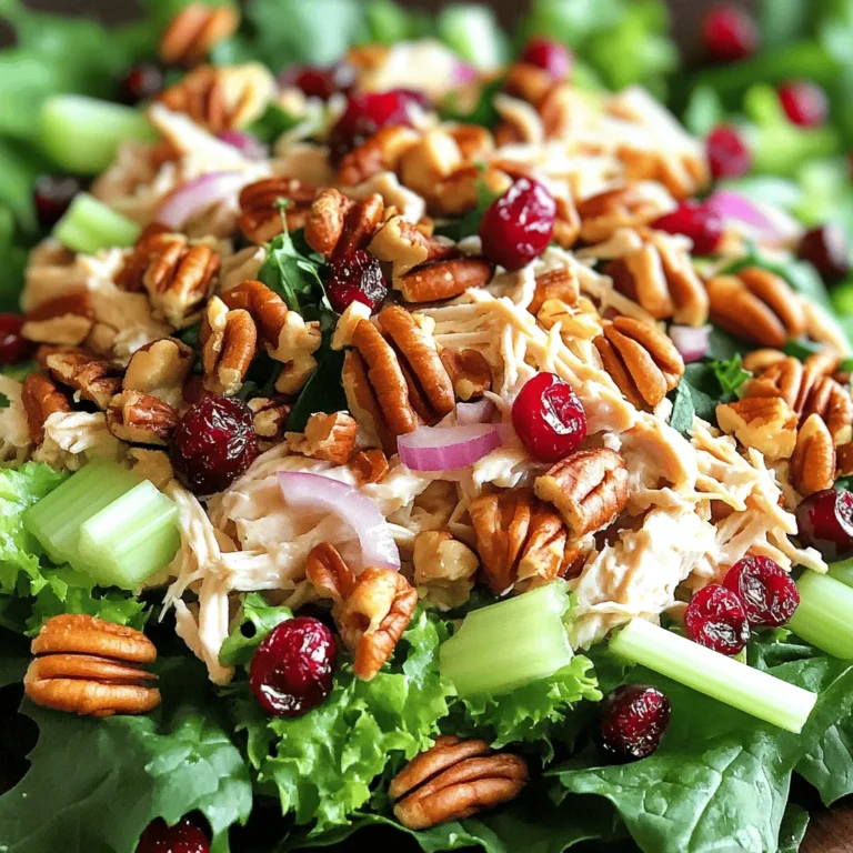 To make a tasty Cranberry Pecan Chicken Salad, you need fresh and simple ingredients. Here’s what you will need: - 2 cups cooked chicken breast, shredded - 1/2 cup dried cranberries - 1/2 cup pecans, roughly chopped - 1/4 cup red onion, finely diced - 1/2 cup celery, finely chopped - 1/2 cup plain Greek yogurt - 1 tablespoon honey - 1 tablespoon Dijon mustard - Salt and pepper to taste - 1 tablespoon fresh lemon juice - Mixed salad greens for serving Each ingredient adds its own flavor. The chicken gives protein, while cranberries add sweetness. Pecans add crunch and healthy fats. Red onion gives a bit of bite, and celery adds freshness. The Greek yogurt acts as a creamy base. Honey and mustard bring in a nice zing. Lemon juice brightens the salad, while salt and pepper enhance all the flavors. You can customize your salad by adding or swapping ingredients. Think about using apples for sweetness. Or, try walnuts instead of pecans. Each choice changes the taste and texture, keeping your salad fun and fresh! To prepare the chicken, start with cooked chicken breast. You can use rotisserie chicken or boil your own. If boiling, cook in water for about 15 minutes. Make sure it’s fully cooked and tender. Let it cool before shredding. For shredding chicken, use two forks. Grab a piece of chicken with one fork and pull apart with the other fork. This way, you get nice, even shreds. Shredding makes the chicken mix well with the other ingredients. Let’s combine the base ingredients. In a large bowl, add your shredded chicken, dried cranberries, chopped pecans, diced red onion, and chopped celery. Stir gently to mix everything well. Each bite should have a bit of everything for the best flavor. Now, whisk the dressing. In a small bowl, mix the Greek yogurt, honey, Dijon mustard, lemon juice, salt, and pepper. Use a fork or whisk to blend until smooth. This dressing will bring all the flavors together. Next, pour the yogurt dressing over the chicken mixture. Stir carefully until all ingredients are coated. Taste it and adjust the flavors. If you want it sweeter, add more honey. If it needs more kick, add salt and pepper. For serving, place a handful of mixed salad greens on each plate. Top with a scoop of your cranberry pecan chicken salad. You can add more pecans or cranberries as a garnish for extra color and crunch. Enjoy your fresh and tasty salad! - Choosing the right chicken: I recommend using cooked chicken breast. It's lean and easy to shred. You can use rotisserie chicken for added flavor and convenience. Just make sure it’s tender and moist for the best taste. - Balancing flavors and textures: For a great salad, mix sweet and savory. The dried cranberries add sweetness, while the pecans bring crunch. Use a light dressing with Greek yogurt for creaminess. This gives you a nice balance that keeps each bite interesting. - Pre-cooking chicken options: If you’re short on time, you can boil or grill chicken ahead of time. Cook a big batch to use in other recipes too. This way, you always have chicken ready for salads or meals. - Prep ahead instructions: You can chop veggies and mix the dressing a day before. Just store them separately in the fridge. This makes assembly quick and easy when you’re ready to eat. - Best sides to pair with the salad: This salad goes well with crusty bread or a light soup. A refreshing fruit salad also makes a great side. These options keep your meal balanced and tasty. - Creative serving ideas: Try serving the chicken salad in lettuce wraps for a fun twist. You can also use it as a filling for sandwiches or on top of whole-grain crackers. These ideas make the dish more versatile and exciting. {{image_2}} You can make this salad even better by swapping some ingredients. If you want to change the nuts, try walnuts or almonds. They add a nice crunch too. For fruits, consider using chopped apples or grapes. Both add sweetness and freshness. For dressings, Greek yogurt is great, but you can use avocado or hummus instead. These options give a creamy texture while keeping it healthy. If you need a gluten-free salad, check your yogurt and mustard. Most brands are safe, but some may have gluten. Always read the labels to be sure. For a dairy-free version, swap the Greek yogurt with a plant-based yogurt. You can also use tahini for a nutty flavor. Both options keep the salad creamy and tasty. In summer, add fresh fruit like berries or peaches. Their juiciness makes this salad refreshing. You can also include cucumbers for extra crunch. For fall, think about adding roasted butternut squash or apples. Their warm flavors pair well with the salad. You can even sprinkle some cinnamon for a cozy touch. To keep your cranberry pecan chicken salad fresh, store it in the fridge. Use an airtight container to prevent moisture loss. This salad tastes best when fresh, but it can last up to three days in the fridge. If you have leftovers, make sure to eat them within this time frame. Can you freeze the salad? It is not recommended to freeze this salad. The texture of the chicken and veggies may change. Freezing can make the salad watery when thawed. If you still wish to freeze it, do so without the dressing. When you thaw it, use it in a cooked dish. This way, you can enjoy the flavors without the texture loss. How long does it last in the fridge? The salad can last for three days in the fridge. After that, it may start to spoil. Signs of spoilage include a sour smell or a change in color. If you see any mold, throw it away. Always trust your senses when it comes to food safety. You can use several non-dairy alternatives for Greek yogurt. Coconut yogurt works well and adds a light coconut taste. Almond yogurt is another option that keeps it creamy. Other creamy options include sour cream or mayo. Each adds a unique flavor, so choose what you like best. Yes, you can make this salad ahead of time. To keep it fresh, store the salad and dressing separately. Mix them just before serving. This keeps the greens crisp and tasty. This salad is quite healthy! It has lean protein from the chicken. The cranberries offer fiber and vitamins. Pecans add healthy fats, which are good for your heart. You will also get nutrients from the veggies. Overall, it makes a balanced meal. This salad pairs well with many side dishes. A light soup, like tomato or vegetable, complements it nicely. You can also serve it with crusty bread or whole grain crackers. A fresh fruit salad adds a sweet touch and balances the meal. For the complete Festive Cranberry Pecan Chicken Salad recipe, click [here](#). This blog post covered how to make a tasty, nutritious Cranberry Pecan Chicken Salad. You learned the ingredients, step-by-step instructions, and storage tips. We explored quick prep methods and fun variations too. Remember, you can mix and match ingredients to fit your taste. Enjoy trying different sides and flavors. This salad is great for any meal. Happy cooking!