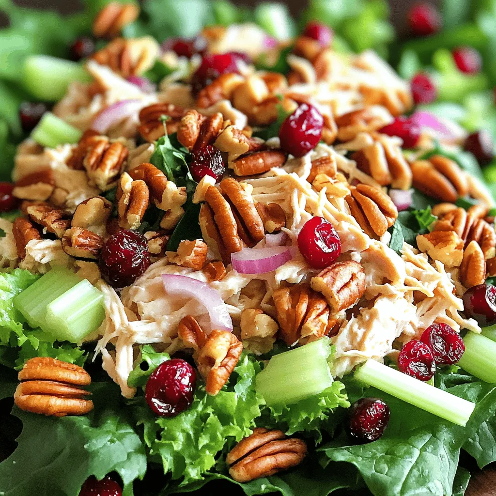 To make a tasty Cranberry Pecan Chicken Salad, you need fresh and simple ingredients. Here’s what you will need: - 2 cups cooked chicken breast, shredded - 1/2 cup dried cranberries - 1/2 cup pecans, roughly chopped - 1/4 cup red onion, finely diced - 1/2 cup celery, finely chopped - 1/2 cup plain Greek yogurt - 1 tablespoon honey - 1 tablespoon Dijon mustard - Salt and pepper to taste - 1 tablespoon fresh lemon juice - Mixed salad greens for serving Each ingredient adds its own flavor. The chicken gives protein, while cranberries add sweetness. Pecans add crunch and healthy fats. Red onion gives a bit of bite, and celery adds freshness. The Greek yogurt acts as a creamy base. Honey and mustard bring in a nice zing. Lemon juice brightens the salad, while salt and pepper enhance all the flavors. You can customize your salad by adding or swapping ingredients. Think about using apples for sweetness. Or, try walnuts instead of pecans. Each choice changes the taste and texture, keeping your salad fun and fresh! To prepare the chicken, start with cooked chicken breast. You can use rotisserie chicken or boil your own. If boiling, cook in water for about 15 minutes. Make sure it’s fully cooked and tender. Let it cool before shredding. For shredding chicken, use two forks. Grab a piece of chicken with one fork and pull apart with the other fork. This way, you get nice, even shreds. Shredding makes the chicken mix well with the other ingredients. Let’s combine the base ingredients. In a large bowl, add your shredded chicken, dried cranberries, chopped pecans, diced red onion, and chopped celery. Stir gently to mix everything well. Each bite should have a bit of everything for the best flavor. Now, whisk the dressing. In a small bowl, mix the Greek yogurt, honey, Dijon mustard, lemon juice, salt, and pepper. Use a fork or whisk to blend until smooth. This dressing will bring all the flavors together. Next, pour the yogurt dressing over the chicken mixture. Stir carefully until all ingredients are coated. Taste it and adjust the flavors. If you want it sweeter, add more honey. If it needs more kick, add salt and pepper. For serving, place a handful of mixed salad greens on each plate. Top with a scoop of your cranberry pecan chicken salad. You can add more pecans or cranberries as a garnish for extra color and crunch. Enjoy your fresh and tasty salad! - Choosing the right chicken: I recommend using cooked chicken breast. It's lean and easy to shred. You can use rotisserie chicken for added flavor and convenience. Just make sure it’s tender and moist for the best taste. - Balancing flavors and textures: For a great salad, mix sweet and savory. The dried cranberries add sweetness, while the pecans bring crunch. Use a light dressing with Greek yogurt for creaminess. This gives you a nice balance that keeps each bite interesting. - Pre-cooking chicken options: If you’re short on time, you can boil or grill chicken ahead of time. Cook a big batch to use in other recipes too. This way, you always have chicken ready for salads or meals. - Prep ahead instructions: You can chop veggies and mix the dressing a day before. Just store them separately in the fridge. This makes assembly quick and easy when you’re ready to eat. - Best sides to pair with the salad: This salad goes well with crusty bread or a light soup. A refreshing fruit salad also makes a great side. These options keep your meal balanced and tasty. - Creative serving ideas: Try serving the chicken salad in lettuce wraps for a fun twist. You can also use it as a filling for sandwiches or on top of whole-grain crackers. These ideas make the dish more versatile and exciting. {{image_2}} You can make this salad even better by swapping some ingredients. If you want to change the nuts, try walnuts or almonds. They add a nice crunch too. For fruits, consider using chopped apples or grapes. Both add sweetness and freshness. For dressings, Greek yogurt is great, but you can use avocado or hummus instead. These options give a creamy texture while keeping it healthy. If you need a gluten-free salad, check your yogurt and mustard. Most brands are safe, but some may have gluten. Always read the labels to be sure. For a dairy-free version, swap the Greek yogurt with a plant-based yogurt. You can also use tahini for a nutty flavor. Both options keep the salad creamy and tasty. In summer, add fresh fruit like berries or peaches. Their juiciness makes this salad refreshing. You can also include cucumbers for extra crunch. For fall, think about adding roasted butternut squash or apples. Their warm flavors pair well with the salad. You can even sprinkle some cinnamon for a cozy touch. To keep your cranberry pecan chicken salad fresh, store it in the fridge. Use an airtight container to prevent moisture loss. This salad tastes best when fresh, but it can last up to three days in the fridge. If you have leftovers, make sure to eat them within this time frame. Can you freeze the salad? It is not recommended to freeze this salad. The texture of the chicken and veggies may change. Freezing can make the salad watery when thawed. If you still wish to freeze it, do so without the dressing. When you thaw it, use it in a cooked dish. This way, you can enjoy the flavors without the texture loss. How long does it last in the fridge? The salad can last for three days in the fridge. After that, it may start to spoil. Signs of spoilage include a sour smell or a change in color. If you see any mold, throw it away. Always trust your senses when it comes to food safety. You can use several non-dairy alternatives for Greek yogurt. Coconut yogurt works well and adds a light coconut taste. Almond yogurt is another option that keeps it creamy. Other creamy options include sour cream or mayo. Each adds a unique flavor, so choose what you like best. Yes, you can make this salad ahead of time. To keep it fresh, store the salad and dressing separately. Mix them just before serving. This keeps the greens crisp and tasty. This salad is quite healthy! It has lean protein from the chicken. The cranberries offer fiber and vitamins. Pecans add healthy fats, which are good for your heart. You will also get nutrients from the veggies. Overall, it makes a balanced meal. This salad pairs well with many side dishes. A light soup, like tomato or vegetable, complements it nicely. You can also serve it with crusty bread or whole grain crackers. A fresh fruit salad adds a sweet touch and balances the meal. For the complete Festive Cranberry Pecan Chicken Salad recipe, click [here](#). This blog post covered how to make a tasty, nutritious Cranberry Pecan Chicken Salad. You learned the ingredients, step-by-step instructions, and storage tips. We explored quick prep methods and fun variations too. Remember, you can mix and match ingredients to fit your taste. Enjoy trying different sides and flavors. This salad is great for any meal. Happy cooking!
