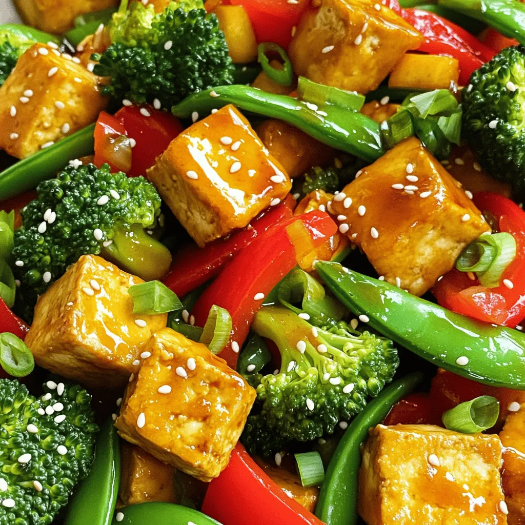 - 14 oz firm tofu, drained and pressed - 1 bell pepper, sliced (red or yellow) - 1 cup broccoli florets - 1 cup snap peas, trimmed - 3 cloves garlic, minced - 1 tablespoon fresh ginger, grated - 2 green onions, sliced - 1/4 cup low-sodium soy sauce - 2 tablespoons maple syrup - 1 tablespoon rice vinegar - 1 teaspoon sesame oil - Sesame seeds for garnish When making teriyaki tofu stir fry, I focus on fresh and vibrant ingredients. Firm tofu gives the dish a great base. I love using colorful bell peppers, broccoli, and snap peas. These vegetables add crunch and nutrition. I always use fresh garlic and ginger for a punch of flavor. For the sauce, I prefer low-sodium soy sauce to keep it healthier. Maple syrup adds a touch of sweetness that balances the salty soy sauce. Rice vinegar brightens the dish, while sesame oil gives a nutty aroma that enhances the stir fry. Finally, a sprinkle of sesame seeds on top makes it look appealing. These ingredients come together to create a dish that is not only tasty but also visually delightful. First, drain and press the 14 oz of firm tofu. This step removes excess moisture. Next, cut the tofu into cubes. Aim for bite-sized pieces for even cooking. Now, toss the cubes in 2 tablespoons of cornstarch. This coating helps the tofu become crispy when fried. Heat 1 tablespoon of vegetable oil in a large skillet or wok over medium-high heat. Once the oil is hot, carefully add the tofu cubes. Fry them for about 5-7 minutes. Turn them occasionally. You want them to be golden and crispy on all sides. Once done, remove the tofu from the skillet and set it aside. In the same skillet, add the remaining tablespoon of vegetable oil. Now, toss in the sliced bell pepper, broccoli florets, and snap peas. Stir-fry the veggies for 3-4 minutes. They should be bright and tender-crisp. Next, add 3 cloves of minced garlic and 1 tablespoon of grated fresh ginger. Cook for another minute until fragrant. In a small bowl, whisk together 1/4 cup of low-sodium soy sauce, 2 tablespoons of maple syrup, 1 tablespoon of rice vinegar, and 1 teaspoon of sesame oil. Pour this sauce over the stir-fried vegetables. Bring the mixture to a gentle simmer. Now, add the cooked tofu back to the skillet. Gently toss everything together. Ensure the tofu is evenly coated with the sauce. Cook for an additional 2 minutes. Remove from heat and stir in 2 sliced green onions. Serve the dish hot, garnished with sesame seeds for a lovely finish. To make crispy tofu, start by pressing it. Pressing removes excess water. This step is key for texture. After pressing, cut the tofu into cubes. Coat each cube with cornstarch. This helps to create a crunchy outside when frying. Use a large skillet or wok for stir-frying. Heat is important here. Start with medium-high heat for best results. Add oil and let it heat up. Once hot, add the tofu and fry until golden. Turn the tofu only a few times. This helps each side get crispy. To boost flavor, try adding spices. A dash of red pepper flakes adds heat. You can also use soy sauce variations. Consider adding fresh herbs like cilantro or basil. These herbs bring brightness to your dish. They make each bite more exciting. {{image_2}} You can mix up the veggies in your stir fry. Try using: - Zucchini - Carrots - Bell peppers (other colors) - Cauliflower - Spinach Using seasonal vegetables adds flavor and nutrition. In spring, use fresh asparagus. In fall, add hearty squash. Seasonal choices keep your dish vibrant and fresh. If you want to switch the protein, tempeh or seitan work well. Both add texture and flavor. You can omit tofu for a vegan option. Use beans like chickpeas or black beans for extra protein. Feel free to adapt the sauce to your taste. You can swap low-sodium soy sauce for coconut aminos. Add hot sauce or crushed red pepper to make it spicy. For a sweeter twist, try hoisin sauce. Mixing sauces makes your dish unique and exciting. To keep your Teriyaki Tofu Stir Fry fresh, store it in airtight containers. Make sure to let it cool down before sealing. This helps prevent moisture buildup. You can keep it in the fridge for up to three days. If you want to enjoy it later, freezing is a great option. When it's time to eat your leftovers, reheat them on the stove. Use a non-stick skillet over medium heat. Stir frequently to warm it evenly. This method helps maintain the texture. Avoid the microwave if you can, as it can make the tofu soggy. To freeze your stir fry, place it in freezer-safe containers. Leave some space at the top for expansion. You can freeze it for up to two months. When you're ready to eat, move it to the fridge overnight to defrost. Reheat it in a skillet for the best results. This keeps the flavors and texture intact. Yes, you can make Teriyaki Tofu Stir Fry in advance. To do this, follow these best practices: - Cook the tofu: Prepare the tofu and vegetables as instructed. - Store separately: Keep the tofu and vegetables in separate containers. This helps keep the tofu crispy. - Sauce on the side: Store the sauce in a small jar. Add it fresh when you're ready to eat. This method allows you to enjoy a quick meal without losing flavor or texture. You can pair Teriyaki Tofu Stir Fry with several delicious side dishes: - Rice: Steamed jasmine or brown rice complements the stir fry well. - Noodles: Try it with soba or rice noodles for a hearty option. - Salad: A simple cucumber or seaweed salad adds a refreshing crunch. - Spring rolls: These can be a fun and tasty addition to your meal. Mix and match these to create a balanced and colorful plate. Yes, this recipe works well for meal prep. Here are some considerations and recommendations for storage: - Refrigeration: Store leftovers in airtight containers. They can last for up to 3 days. - Reheat carefully: To avoid sogginess, reheat in a skillet over medium heat. - Freezing: You can freeze the stir fry, but the texture may change. Store it in freezer-safe containers for up to 2 months. By following these tips, you can enjoy your Teriyaki Tofu Stir Fry throughout the week! This blog post covered how to make a tasty Teriyaki Tofu Stir Fry. We discussed the main ingredients, like firm tofu and fresh veggies. You learned tips for crispy tofu and cooking techniques, plus variations to try. Remember, this dish is fun to customize with your favorite flavors. Whether you keep it simple or try new ingredients, it’s a dish you’ll enjoy making and eating. So grab your tofu and veggies, and get cooking!