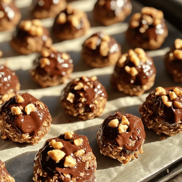 - 1 cup rolled oats - 1/2 cup natural peanut butter - 1/4 cup honey or maple syrup - 1/2 cup chocolate protein powder - 1/4 cup dark chocolate chips - 1/4 cup chopped nuts (e.g., almonds or walnuts) - 1/4 teaspoon sea salt - 1/2 teaspoon vanilla extract To make Peanut Butter Chocolate Protein Bites, you need simple, wholesome ingredients. Each one plays a key role in creating a tasty treat. The rolled oats provide fiber and help bind everything together. Natural peanut butter adds creaminess and protein, making these bites filling. You can choose honey or maple syrup for sweetness, depending on your taste. The chocolate protein powder boosts the protein content, making these bites great for energy. Dark chocolate chips add a rich flavor, while nuts give a nice crunch. A pinch of sea salt enhances the sweetness, and vanilla extract adds warmth. - Calories per Serving: Each bite has about 100 calories. - Protein Content: You get around 5 grams of protein per bite. - Health Benefits of Key Ingredients: - Peanut Butter: Rich in healthy fats and protein. - Oats: Great source of fiber, which helps digestion. - Dark Chocolate: Contains antioxidants and can boost mood. - Nuts: Provide healthy fats and extra protein. These bites are not just tasty; they are also packed with nutrients. They make a perfect snack for a quick energy boost. Mixing Wet Ingredients Start by taking a large mixing bowl. Add 1 cup of rolled oats, 1/2 cup of natural peanut butter, 1/4 cup of honey or maple syrup, and 1/2 teaspoon of vanilla extract. Mix these ingredients well. You want them to combine into a smooth blend. Adding Dry Ingredients Now, it's time to add the dry ingredients. Sprinkle in 1/2 cup of chocolate protein powder and 1/4 teaspoon of sea salt. Next, add 1/4 cup of dark chocolate chips and 1/4 cup of chopped nuts. Stir until you get a sticky, cohesive dough. If it feels too crumbly, add another tablespoon of peanut butter or honey. This will help everything stick together. Forming Protein Bites Once the mixture is ready, take small portions with your hands. Roll them into balls about 1 inch in diameter. Place the protein bites on a parchment-lined baking sheet. This setup helps keep them from sticking. Refrigeration Overview To let the protein bites firm up, refrigerate them for at least 30 minutes. This chilling time allows the flavors to blend and the bites to hold their shape. Expected Consistency After Refrigeration After refrigeration, the bites should feel firmer and more solid. They will be easy to pick up and enjoy. Store them in an airtight container for later snacking. Enjoy these bites as a quick boost of energy! To make your peanut butter chocolate protein bites perfect, focus on texture. You want a sticky dough that holds together. Here are some tips to achieve that: - Combine wet ingredients first: Mix the rolled oats, peanut butter, honey, and vanilla. This step ensures even flavor and moisture. - Add dry ingredients slowly: Gradually mix in the chocolate protein powder and sea salt. This helps avoid clumps. - Adjust for stickiness: If your mix is too crumbly, add more peanut butter or honey. Only add a little at a time. Helpful tools can make prep easier. Use a sturdy mixing bowl and a spoon or spatula for stirring. A cookie scoop can help you form the bites quickly and evenly. These protein bites are great on their own, but you can add more fun. Try pairing them with: - Fruits: Fresh berries or banana slices add a nice contrast. - Yogurt: A dollop of Greek yogurt makes a tasty dip. You can also get creative with your bites. Try rolling them in unsweetened coconut or crushed nuts for extra texture. Another idea is to add a drizzle of melted dark chocolate on top for a sweet touch. Enjoy experimenting! {{image_2}} Nut Butters Alternatives You can swap out peanut butter for other nut butters. Almond butter works great. Cashew butter brings a creamy touch. Sunflower seed butter is a good choice if you need nut-free. Sweetener Options If you prefer less sugar, use agave syrup or stevia. Coconut sugar adds a nice caramel flavor. Maple syrup brings a unique taste while still being sweet. Adding Spices or Extracts You can add spices to make them special. Cinnamon or nutmeg gives warmth. A splash of almond extract or coconut extract adds a different twist. Using Different Types of Chocolate Try using milk chocolate chips instead of dark. White chocolate chips can make it sweeter. You can also mix in cocoa powder for extra chocolate flavor. Store your protein bites in an airtight container. This keeps them fresh. Glass or plastic containers work well. I prefer glass as it does not absorb odors. You can refrigerate or freeze the bites. Refrigerating them keeps them firm and cool. They will last for about one week in the fridge. If you want to keep them longer, freeze them. They can stay good for up to three months in the freezer. How long do they last? In the fridge, peanut butter chocolate protein bites last about one week. If you freeze them, they can last up to three months. What are the signs of spoilage? If you see any mold or an off smell, do not eat them. Also, if they feel dry or crumbly, they may not taste good anymore. Always trust your senses when checking for spoilage. How long can I refrigerate protein bites? You can refrigerate these protein bites for up to one week. They taste even better after a day in the fridge. This time allows all the flavors to blend well. Can I make these gluten-free? Yes, you can make these bites gluten-free. Just use gluten-free rolled oats. Most chocolate protein powders are gluten-free, but always check the label. What can I substitute for honey? You can use maple syrup instead of honey. Agave nectar also works well. Both options keep the bites sweet and sticky. Are these suitable for a vegan diet? Yes, these bites can be vegan. Simply replace honey with maple syrup. Use a plant-based protein powder for a full vegan option. What’s the best time to eat protein bites? The best time to eat protein bites is after a workout. They provide great energy and help with muscle recovery. You can also enjoy them as a snack anytime. In this blog post, I shared how to make tasty peanut butter chocolate protein bites. We covered the simple ingredients, step-by-step instructions, and helpful tips. You learned about storage methods and variations to fit your taste. These bites are fun and packed with protein. Enjoy them solo or with fruits and yogurt. Experiment with flavors and make them your own. Now you have all you need to whip up these healthy snacks anytime!