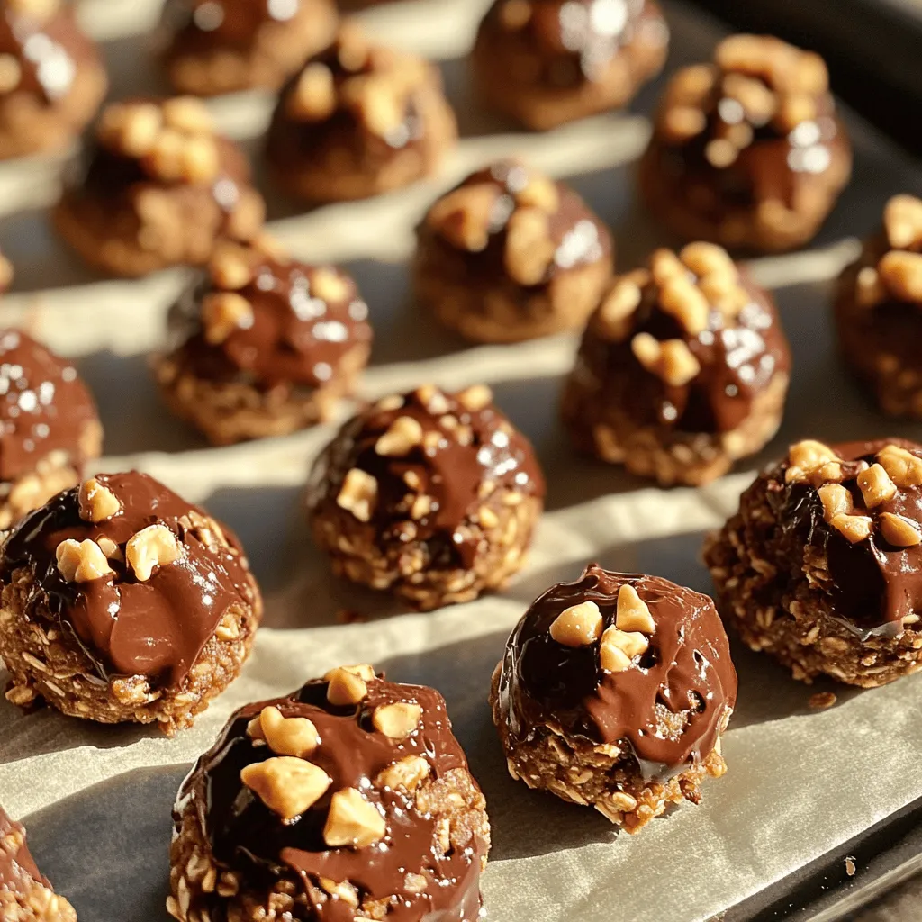 - 1 cup rolled oats - 1/2 cup natural peanut butter - 1/4 cup honey or maple syrup - 1/2 cup chocolate protein powder - 1/4 cup dark chocolate chips - 1/4 cup chopped nuts (e.g., almonds or walnuts) - 1/4 teaspoon sea salt - 1/2 teaspoon vanilla extract To make Peanut Butter Chocolate Protein Bites, you need simple, wholesome ingredients. Each one plays a key role in creating a tasty treat. The rolled oats provide fiber and help bind everything together. Natural peanut butter adds creaminess and protein, making these bites filling. You can choose honey or maple syrup for sweetness, depending on your taste. The chocolate protein powder boosts the protein content, making these bites great for energy. Dark chocolate chips add a rich flavor, while nuts give a nice crunch. A pinch of sea salt enhances the sweetness, and vanilla extract adds warmth. - Calories per Serving: Each bite has about 100 calories. - Protein Content: You get around 5 grams of protein per bite. - Health Benefits of Key Ingredients: - Peanut Butter: Rich in healthy fats and protein. - Oats: Great source of fiber, which helps digestion. - Dark Chocolate: Contains antioxidants and can boost mood. - Nuts: Provide healthy fats and extra protein. These bites are not just tasty; they are also packed with nutrients. They make a perfect snack for a quick energy boost. Mixing Wet Ingredients Start by taking a large mixing bowl. Add 1 cup of rolled oats, 1/2 cup of natural peanut butter, 1/4 cup of honey or maple syrup, and 1/2 teaspoon of vanilla extract. Mix these ingredients well. You want them to combine into a smooth blend. Adding Dry Ingredients Now, it's time to add the dry ingredients. Sprinkle in 1/2 cup of chocolate protein powder and 1/4 teaspoon of sea salt. Next, add 1/4 cup of dark chocolate chips and 1/4 cup of chopped nuts. Stir until you get a sticky, cohesive dough. If it feels too crumbly, add another tablespoon of peanut butter or honey. This will help everything stick together. Forming Protein Bites Once the mixture is ready, take small portions with your hands. Roll them into balls about 1 inch in diameter. Place the protein bites on a parchment-lined baking sheet. This setup helps keep them from sticking. Refrigeration Overview To let the protein bites firm up, refrigerate them for at least 30 minutes. This chilling time allows the flavors to blend and the bites to hold their shape. Expected Consistency After Refrigeration After refrigeration, the bites should feel firmer and more solid. They will be easy to pick up and enjoy. Store them in an airtight container for later snacking. Enjoy these bites as a quick boost of energy! To make your peanut butter chocolate protein bites perfect, focus on texture. You want a sticky dough that holds together. Here are some tips to achieve that: - Combine wet ingredients first: Mix the rolled oats, peanut butter, honey, and vanilla. This step ensures even flavor and moisture. - Add dry ingredients slowly: Gradually mix in the chocolate protein powder and sea salt. This helps avoid clumps. - Adjust for stickiness: If your mix is too crumbly, add more peanut butter or honey. Only add a little at a time. Helpful tools can make prep easier. Use a sturdy mixing bowl and a spoon or spatula for stirring. A cookie scoop can help you form the bites quickly and evenly. These protein bites are great on their own, but you can add more fun. Try pairing them with: - Fruits: Fresh berries or banana slices add a nice contrast. - Yogurt: A dollop of Greek yogurt makes a tasty dip. You can also get creative with your bites. Try rolling them in unsweetened coconut or crushed nuts for extra texture. Another idea is to add a drizzle of melted dark chocolate on top for a sweet touch. Enjoy experimenting! {{image_2}} Nut Butters Alternatives You can swap out peanut butter for other nut butters. Almond butter works great. Cashew butter brings a creamy touch. Sunflower seed butter is a good choice if you need nut-free. Sweetener Options If you prefer less sugar, use agave syrup or stevia. Coconut sugar adds a nice caramel flavor. Maple syrup brings a unique taste while still being sweet. Adding Spices or Extracts You can add spices to make them special. Cinnamon or nutmeg gives warmth. A splash of almond extract or coconut extract adds a different twist. Using Different Types of Chocolate Try using milk chocolate chips instead of dark. White chocolate chips can make it sweeter. You can also mix in cocoa powder for extra chocolate flavor. Store your protein bites in an airtight container. This keeps them fresh. Glass or plastic containers work well. I prefer glass as it does not absorb odors. You can refrigerate or freeze the bites. Refrigerating them keeps them firm and cool. They will last for about one week in the fridge. If you want to keep them longer, freeze them. They can stay good for up to three months in the freezer. How long do they last? In the fridge, peanut butter chocolate protein bites last about one week. If you freeze them, they can last up to three months. What are the signs of spoilage? If you see any mold or an off smell, do not eat them. Also, if they feel dry or crumbly, they may not taste good anymore. Always trust your senses when checking for spoilage. How long can I refrigerate protein bites? You can refrigerate these protein bites for up to one week. They taste even better after a day in the fridge. This time allows all the flavors to blend well. Can I make these gluten-free? Yes, you can make these bites gluten-free. Just use gluten-free rolled oats. Most chocolate protein powders are gluten-free, but always check the label. What can I substitute for honey? You can use maple syrup instead of honey. Agave nectar also works well. Both options keep the bites sweet and sticky. Are these suitable for a vegan diet? Yes, these bites can be vegan. Simply replace honey with maple syrup. Use a plant-based protein powder for a full vegan option. What’s the best time to eat protein bites? The best time to eat protein bites is after a workout. They provide great energy and help with muscle recovery. You can also enjoy them as a snack anytime. In this blog post, I shared how to make tasty peanut butter chocolate protein bites. We covered the simple ingredients, step-by-step instructions, and helpful tips. You learned about storage methods and variations to fit your taste. These bites are fun and packed with protein. Enjoy them solo or with fruits and yogurt. Experiment with flavors and make them your own. Now you have all you need to whip up these healthy snacks anytime!