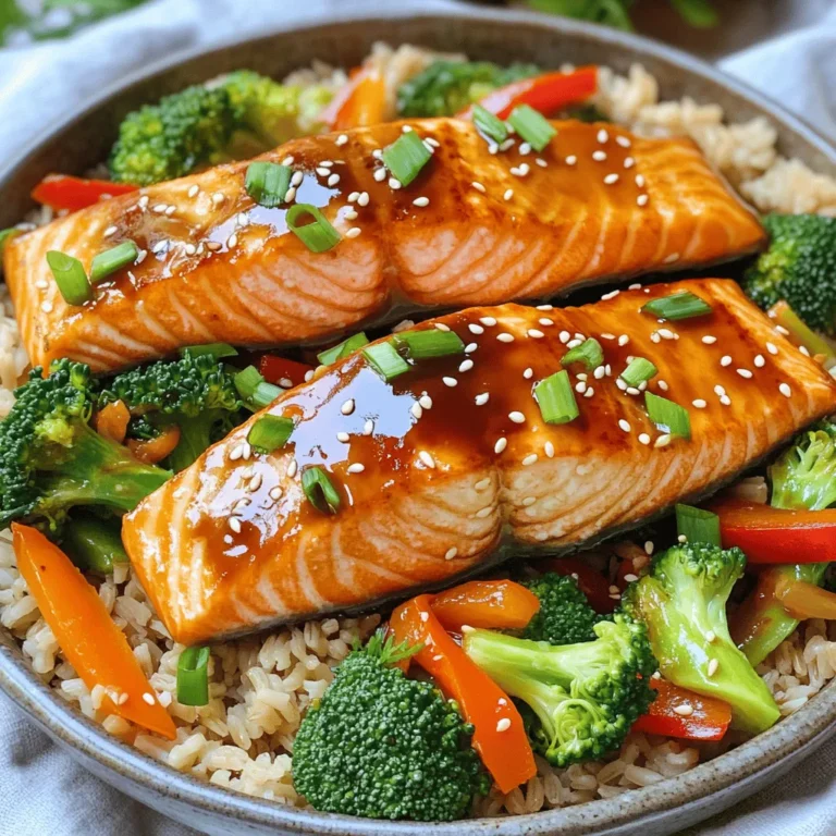 - 2 salmon fillets - 1/4 cup teriyaki sauce - 1 cup brown rice - 2 cups water or vegetable broth - 1 cup broccoli florets - 1 carrot, julienned - 1 red bell pepper, sliced - 1 tablespoon sesame oil - Salt and pepper to taste - 2 green onions, sliced - 1 tablespoon sesame seeds When I make this Baked Teriyaki Salmon Bowl, I focus on fresh and simple ingredients. The salmon is the star here. You can use any good quality salmon fillets you find. I love the flavor of teriyaki sauce. It adds a sweet and tangy kick to the fish. Brown rice serves as a hearty base. It fills you up and pairs well with the salmon and veggies. I prefer using vegetable broth for cooking the rice. It adds more flavor, but water works too. For the veggies, I choose broccoli, red bell pepper, and carrot. They add color and crunch to the dish. You can switch them for what you have. Just keep them fresh and cut them into bite-sized pieces. Sesame oil gives a nutty flavor to the veggies. It’s simple but makes a big difference. You can adjust salt and pepper to your taste. It adds a bit of flavor and balances everything out. Finally, garnishing with green onions and sesame seeds makes the bowl look pretty. It adds a nice crunch and freshness. This meal is healthy, simple, and full of flavor. It’s perfect for any night of the week! - Preheat the oven to 400°F (200°C). - Place the salmon fillets on a lined baking sheet. Brush them with teriyaki sauce. Let them sit for 15 minutes to soak up the flavor. - Rinse the brown rice under cold water. This removes extra starch and helps it cook better. - Combine the rinsed rice with 2 cups of water or vegetable broth in a saucepan. Bring it to a boil. Reduce the heat, cover, and let it simmer for 30-35 minutes. The rice should be fluffy and have absorbed all the liquid. - In a skillet, heat 1 tablespoon of sesame oil over medium heat. - Add the broccoli, carrot, and red bell pepper. Sauté them for about 5-7 minutes. They should be tender but still crisp. - Season the veggies with a pinch of salt and pepper to enhance their taste. - After marinating, place the salmon in the preheated oven. Bake it for 12-15 minutes. - Check if the fish flakes easily with a fork. This means it’s done and ready to enjoy. - Take a scoop of rice and place it at the bottom of your bowl. - Add a layer of the sautéed vegetables on top of the rice. - Place the baked salmon on top of the veggies. - Drizzle any remaining teriyaki sauce over the salmon for a burst of flavor. - Garnish your bowl with sliced green onions and a sprinkle of sesame seeds for a nice crunch. To cook salmon just right, check for doneness. The fish should flake easily with a fork. This means it's done! You can also use a thermometer for accurate cooking. Aim for an internal temperature of 145°F (63°C). This ensures your salmon is safe to eat and still juicy. Want to take your teriyaki salmon to the next level? Experiment with homemade teriyaki sauce. It’s simple and lets you control the flavors. You can also add spices for an extra kick. Try garlic powder, ginger, or even a pinch of red pepper flakes. These will add depth to your dish. Meal prep can make your week easier. Prepare bowls in advance for quick meals. You can store components separately for freshness. Keep the rice, vegetables, and salmon in different containers. Then, just assemble when you are ready to eat. This keeps everything tasting great! {{image_2}} You can switch the salmon with chicken, tofu, or shrimp. Each protein adds a unique taste. Chicken gives a hearty flavor. Tofu brings a light, plant-based option. Shrimp cooks quickly and pairs well with teriyaki sauce. Adjust the cooking time based on the protein you pick. Chicken may take longer, while tofu and shrimp cook faster. If you want a change, use quinoa or jasmine rice instead of brown rice. Quinoa is packed with protein and has a nutty flavor. Jasmine rice offers a fragrant aroma and a soft texture. Both options bring a fresh twist to your bowl. Cook them the same way as brown rice for easy swaps. Feel free to add seasonal veggies or greens like spinach. Fresh produce boosts flavor and nutrition. You can use zucchini, snap peas, or bell peppers. Spinach adds a rich green color and is great for health. Sauté these veggies in sesame oil, just like the others. This keeps them crisp and tasty, enhancing your meal's appeal. To keep your leftovers fresh, store them in airtight containers. This helps maintain flavor and quality. I recommend eating them within 3 days for the best taste. You can freeze unassembled bowls or individual components. This way, you can enjoy them later. When ready to eat, thaw everything in the refrigerator before reheating. For the best reheating results, use a microwave or stovetop. This keeps the salmon moist and the veggies crisp. Just be careful not to overheat! You can serve many sides with this dish. Here are some great options: - Steamed green beans - Cucumber salad - Edamame - Pickled vegetables - Miso soup These sides add color and flavor to your meal. They also bring extra nutrients, making your bowl even healthier. Yes, store-bought teriyaki sauce saves time. Some popular brands include: - Kikkoman - Annie Chun's - Soy Vay Choose a brand with simple ingredients. Look for low-sodium options if you want to cut back on salt. To make this dish gluten-free, use gluten-free teriyaki sauce. Some brands make gluten-free sauces using tamari instead of soy sauce. Check the label to be sure. Also, choose gluten-free brown rice. To lower the calories and fat, try these tips: - Use less teriyaki sauce or a low-calorie version. - Replace salmon with a leaner protein like chicken or shrimp. - Use less sesame oil for cooking. These small changes can make a big difference in your meal. Enjoy a healthy and tasty dish! You’ve learned how to make a tasty baked teriyaki salmon bowl. This dish uses simple ingredients like salmon, brown rice, and fresh vegetables. You can even customize it with different proteins and veggies. Remember to store leftovers properly to keep them fresh. Enjoy experimenting with flavors and making it your own. Cooking should be fun and easy, and this bowl proves that. Dive into your kitchen and create a delicious meal!