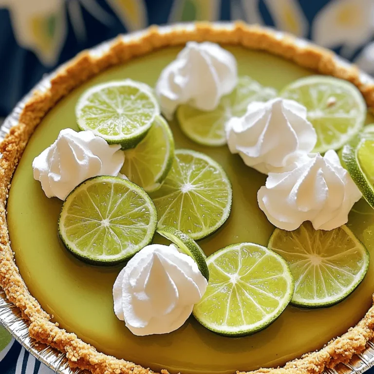 - 1 ½ cups graham cracker crumbs - ½ cup unsalted butter, melted - 2 tablespoons sugar - 2 cups Greek yogurt (plain, full-fat) - 1 cup sweetened condensed milk - ½ cup fresh key lime juice (or regular lime juice) - Zest of 2 key limes - 2 large eggs - 1 teaspoon vanilla extract - Pinch of salt - Extra lime slices and whipped cream for garnish Greek yogurt is a star in this pie. It adds creaminess and a tangy taste. The full-fat version brings richness, making every bite a treat. Sweetened condensed milk sweetens the mix, balancing the tartness of the lime juice. Fresh key lime juice gives the pie its zesty flavor. Key lime zest adds more aroma and taste. The eggs help set the filling, creating a smooth texture. Graham cracker crumbs make the crust crunchy and sweet. Butter helps hold the crust together, while sugar adds a hint of sweetness. The vanilla extract enhances the pie's flavor, tying everything together. You can swap Greek yogurt for low-fat yogurt if you want fewer calories. Use honey or maple syrup instead of sugar for a natural sweetener. If you want a gluten-free crust, try almond flour or gluten-free graham crackers. Instead of sweetened condensed milk, coconut milk can offer a lighter option. Just be sure to adjust the sweetness based on your choice. First, set your oven to 350°F (175°C). This warms up your oven for baking. Next, grab a medium bowl. Mix 1 ½ cups of graham cracker crumbs with ½ cup of melted butter. Add in 2 tablespoons of sugar. Stir until you have a nice, even mixture. Now, take a 9-inch pie dish. Press the graham cracker blend into the bottom and up the sides. This forms your pie crust. Bake this crust for 10 minutes. You want it to be lightly golden. After baking, take it out and let it cool for a bit. In a large bowl, combine 2 cups of plain Greek yogurt with 1 cup of sweetened condensed milk. Add ½ cup of fresh key lime juice and the zest of 2 key limes. Crack in 2 large eggs and pour in 1 teaspoon of vanilla extract. Don't forget a pinch of salt! Whisk these ingredients together until you have a smooth, creamy mix. Pour this yogurt mixture into your cooled crust. Make sure to spread it evenly in the dish. Now, bake this pie for 15 to 20 minutes. You want the filling to be set but still slightly jiggly in the center. Once baked, take the pie out of the oven. Let it cool at room temperature for about 30 minutes. After that, place the pie in the fridge. Chill it for at least 3 hours. This helps it set fully and get even tastier. When you're ready to serve, garnish the pie with lime slices and dollops of whipped cream. This adds a lovely touch and makes it look great! Enjoy your creamy Greek yogurt key lime pie! To make a great crust, use fresh graham cracker crumbs. You can crush the crackers in a zip bag. Mix the crumbs with melted butter and sugar. This blend should feel like wet sand. Press it firmly into the bottom and sides of your pie dish. Bake it until it's lightly golden. This step gives you a crispy base. Let it cool completely before adding the filling. The filling needs to be smooth and creamy. Start with plain, full-fat Greek yogurt for the best taste. Combine it with sweetened condensed milk in a large bowl. Add fresh key lime juice and zest for zesty flavor. Mix in two large eggs and vanilla extract. Whisk until everything is well blended. A pinch of salt can enhance the flavor. The filling should be thick but pourable. Pour it into the cooled crust and spread it evenly. Garnishing adds a fun touch to your pie. Use extra lime slices for a pop of color. Place them on top or around the pie. Add dollops of whipped cream for a creamy finish. A sprinkle of lime zest can add flair too. These simple touches make your pie look more inviting. They also enhance the overall flavor. {{image_2}} You can change the flavor of your Greek yogurt key lime pie. Instead of key lime, try lemon or orange juice. Both will give a nice twist. You can also mix in fresh berries. Blueberries or raspberries work well. Just fold them into the yogurt mixture before baking. This adds color and taste to your pie. If you want a vegan version, swap Greek yogurt for coconut yogurt. Use maple syrup instead of sweetened condensed milk. For the crust, use dairy-free butter or coconut oil. Make sure to use aquafaba instead of eggs. Aquafaba is the liquid from canned chickpeas. It helps bind the pie together. This way, you still get a creamy and tasty pie without dairy. No-bake pies are easy and fun. To make a no-bake version, simply skip the baking steps. Mix the yogurt, lime juice, and other ingredients as usual. Pour the mixture into the prepared crust and chill for at least 4 hours. This helps it set nicely. You can enjoy a cool, refreshing pie without turning on the oven. Don't forget to garnish with lime slices and whipped cream! To keep your Greek yogurt key lime pie fresh, store it in the fridge. Cover it tightly with plastic wrap or use an airtight container. This will help keep the flavors intact. Enjoy leftovers within three days for the best taste. You can freeze this pie too! First, slice it into pieces. Wrap each slice in plastic wrap, then in aluminum foil. This helps prevent freezer burn. You can freeze the pie for up to two months. Thaw it in the fridge overnight before serving. This pie is best enjoyed fresh, but it can last in the fridge for up to five days. Check for any off smells or changes in texture. If you notice any, it’s time to toss it. For the best flavor, serve it within the first few days. Yes, you can use regular yogurt. However, Greek yogurt gives the pie a thick, smooth texture. Regular yogurt may make the filling runnier. If you choose regular yogurt, strain it first. This will help remove excess liquid and improve the texture. You can use fresh lime juice instead of key lime juice. The flavor will be a bit different, but still tasty. Lemon juice is another option. It adds a nice zing to the pie. Just keep in mind, the taste will change slightly with each option. You can bake the pie a day in advance. Just let it cool and then refrigerate it. This helps the flavors blend. The pie will taste even better the next day. Just remember to add the whipped cream and lime slices before serving. This keeps them fresh and pretty. This article covered essential ingredients, step-by-step instructions, and helpful tips for making key lime pie. You learned about ingredient substitutions and different variations to try, including vegan options. Proper storage methods help maintain freshness, while FAQs answered common questions. Making this pie can be fun and rewarding. Enjoy experimenting with flavors and share your delicious results with friends and family. Your key lime pie journey starts now!