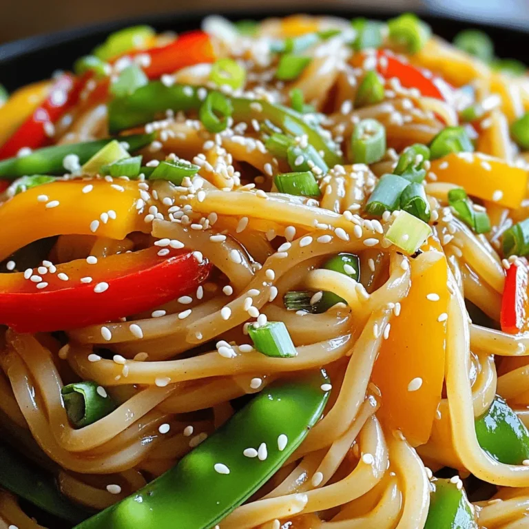 - 200g udon noodles - 1 bell pepper, thinly sliced - 1 cup snap peas - 4 cloves garlic, minced - 1-2 red chilies, sliced Udon noodles are thick and chewy. They soak up flavors well. Bell peppers add sweetness and color. Snap peas provide a nice crunch. Garlic gives a bold taste, while red chilies add heat. You can adjust the chilies for your spice level. - 3 tablespoons soy sauce - 1 tablespoon sesame oil - 1 tablespoon rice vinegar - 1 teaspoon sugar Soy sauce brings umami flavor. Sesame oil adds a nutty aroma. Rice vinegar gives a tangy kick, balancing the dish. Sugar helps to enhance the overall taste. Together, these ingredients create a rich sauce that coats the noodles perfectly. - Chopped green onions - Sesame seeds Green onions add freshness and a mild bite. Sesame seeds provide a nice crunch and nutty flavor. These garnishes elevate the dish's presentation and taste. Sprinkle them on right before serving for the best effect. 1. Cook the udon noodles. Follow the package instructions until they are tender. 2. Drain the noodles and set them aside in a bowl. 1. In a large skillet or wok, heat 2 tablespoons of vegetable oil over medium-high heat. 2. Add 4 cloves of minced garlic and 1-2 sliced red chilies. Stir-fry for about 30 seconds until they smell good. Be careful not to burn the garlic. 1. Add 1 thinly sliced bell pepper and 1 cup of snap peas to the skillet. Stir-fry for 2-3 minutes until they are tender-crisp. 2. In a small bowl, mix 3 tablespoons of soy sauce, 1 tablespoon of sesame oil, 1 tablespoon of rice vinegar, and 1 teaspoon of sugar. 3. Pour the sauce over the veggies in the skillet and stir to mix well. 4. Toss in the cooked udon noodles and stir-fry for 2 more minutes. Make sure everything is well coated and heated through. To avoid sticky noodles, rinse them under cold water after cooking. This helps remove excess starch. Cook the udon noodles just until tender, following the package instructions. This gives them the best texture. For a mild dish, use one red chili or leave it out. If you want more heat, add two or more chilies. You can also try different chili options, like crushed red pepper or chili paste, to find what you like best. To save time, prep all your veggies before you start cooking. Slice the bell pepper and snap peas ahead of time. Use pantry staples like soy sauce and sesame oil to add flavor quickly. This keeps your meal fast and easy. {{image_2}} You can add chicken, shrimp, or tofu to your Chili Garlic Udon Noodles. Each option brings unique flavors. - Chicken: Use thinly sliced chicken breast. Cook it until golden brown before adding other ingredients. - Shrimp: Add peeled shrimp for a quick protein boost. They cook fast and soak up the sauce well. - Tofu: For a vegetarian option, use firm tofu. Cube it and pan-fry until crispy for added texture. Feel free to swap in seasonal or alternative vegetables. This allows you to customize the dish based on what you have. - Broccoli: Add small florets for crunch and nutrients. - Carrots: Thinly slice or julienne them for a sweet touch. - Zucchini: Slice it thin and add it during the last few minutes of cooking. If you're looking for gluten-free options, consider using rice noodles or alternative sauces. - Rice Noodles: These work great as a substitute. Follow package instructions for cooking. - Alternative Sauces: Look for gluten-free soy sauce or tamari. These will keep the flavor without gluten. These variations let you personalize your meal while keeping it simple and delicious! To store your chili garlic udon noodles, cool them first. Place the noodles in an airtight container. Add a little oil to prevent sticking. Seal the container tightly. Your leftovers will stay fresh for 3 to 4 days in the fridge. When ready to eat, check for any signs of spoilage before reheating. Reheat the noodles gently to keep their texture. You can use a microwave or a skillet. If using a microwave, add a splash of water. Heat in 30-second bursts, stirring in between. If using a skillet, add a bit of oil and heat on medium. Stir-fry for a few minutes until warmed through. This method helps the noodles stay nice and chewy. Yes, you can freeze udon noodles! To do this safely, cool the noodles completely first. Place them in a freezer-safe bag. Remove as much air as possible before sealing. Label the bag with the date. You can freeze them for up to 3 months. When ready to use, thaw in the fridge overnight. Reheat as described above for the best results. Udon noodles are thick, chewy noodles made from wheat flour. They are popular in Japanese cooking. Udon has a smooth texture and a neutral flavor. You can enjoy them in hot soups or stir-fries. They cook quickly and absorb flavors well, making them perfect for this dish. Yes, you can easily make this dish vegan. Simply swap out the following ingredients: - Use a plant-based soy sauce or tamari. - Replace the sesame oil with another vegetable oil if needed. - You can omit any animal-based toppings, like egg. These changes maintain flavor while keeping the dish vegan-friendly. To prepare this dish ahead, follow these steps: - Cook the udon noodles and vegetables. - Let them cool completely before storing. - Place them in an airtight container in the fridge. When ready to eat, reheat in a skillet or microwave. Add a splash of soy sauce for extra flavor. This keeps your meal quick and tasty! In this article, we explored how to prepare a delicious udon noodle dish. We covered key ingredients like udon noodles, fresh vegetables, and impactful sauces. The step-by-step instructions help ensure you’ll stir-fry with ease. Tips for perfect texture and spicy options are included for variety. Lastly, we discussed how to store and reheat your leftovers. Cooking udon at home is simple and rewarding. It’s time for you to enjoy this flavorful dish!