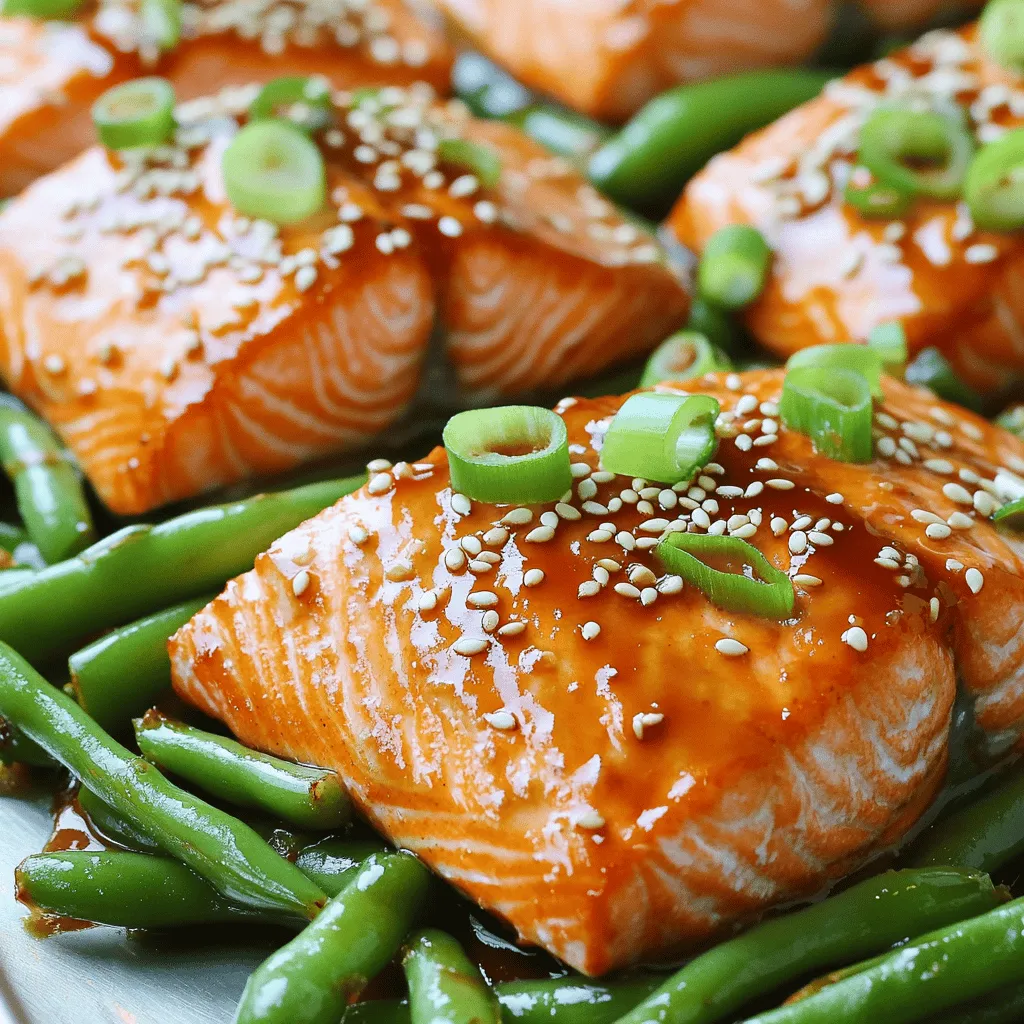 - 4 salmon fillets - 2 cups fresh green beans, trimmed - 1/4 cup teriyaki sauce - 2 tablespoons sesame oil - 1 tablespoon honey - 2 cloves garlic, minced - 1 teaspoon grated ginger - 1 tablespoon sesame seeds - 2 green onions, sliced - Salt and pepper to taste Gather all these ingredients for a tasty teriyaki salmon dish. The salmon fillets should be fresh for the best flavor. The green beans should be crisp and bright green, as they add a nice crunch. The teriyaki sauce will give the dish its sweet and savory kick. Use sesame oil in the marinade to add depth and a nutty flavor. Honey will balance the taste and make the glaze sticky. Fresh garlic and grated ginger will bring warmth and zest. Finally, sesame seeds and green onions will add a nice touch for garnish. Make sure to have salt and pepper on hand to season. These simple ingredients will help create a dish that is not only delicious but also beautiful. Each bite will be a delight! - Preheat your oven to 400°F (200°C). Line a large baking sheet with parchment paper. - In a small bowl, mix together the teriyaki sauce, sesame oil, honey, minced garlic, and grated ginger. This will be your tasty marinade. - Place the salmon fillets on one side of the baking sheet. Season them with salt and pepper. Brush them generously with the teriyaki marinade. - On the other side of the sheet, arrange the trimmed green beans. Drizzle a little sesame oil on them. Sprinkle with salt and pepper, then toss to coat. - Bake the salmon and green beans for 12-15 minutes. The salmon should flake easily with a fork, and the green beans should be tender but still crisp. - Once done, remove the sheet from the oven. Drizzle the remaining teriyaki marinade over the salmon and green beans. Sprinkle sesame seeds on top. - Garnish with sliced green onions before serving for a fresh finish. To cook salmon perfectly, aim for a time of 12 to 15 minutes at 400°F (200°C). This heat helps it cook through without drying out. A good sign that your salmon is ready is when it flakes easily with a fork. If the flesh turns from translucent to opaque, you are on the right track. For green beans, you want them tender yet crisp. This means they need to stay bright green and not mushy. A drizzle of sesame oil and a sprinkle of salt enhances their natural flavor. You can also try adding lemon juice or red pepper flakes for a different twist. To store leftovers, let the dish cool first. Then, place it in an airtight container. It will last in the fridge for up to three days. When reheating, use the oven at a low temperature to keep the salmon moist and the green beans crisp. Enjoy your meal again without losing flavor! {{image_2}} If you want to switch things up, you can use chicken instead of salmon. Just make sure to adjust the cooking time. Chicken should cook until it reaches 165°F (74°C). Tofu is also a great choice for a plant-based option. Use firm tofu and press it to remove extra moisture. As for vegetables, you can try bell peppers, broccoli, or snap peas. These will add different textures and flavors to your dish. To make this dish even tastier, think about adding spices or herbs. A pinch of red pepper flakes can give it a nice kick. Fresh herbs like cilantro or basil can add a burst of freshness. You can also tweak the teriyaki sauce. If you want it sweeter, add more honey. For a tangy twist, squeeze in some lime juice. Adjusting these flavors can make each meal unique. You can grill the salmon and green beans for a smoky flavor. Just use a grill pan or an outdoor grill. The cooking time will be similar, around 12-15 minutes. If you prefer a slow cooker, it works too! Just layer the salmon and green beans, and pour the marinade over. Cook on low for 4-6 hours for a tender meal. Each method changes the taste and keeps it exciting. To keep your teriyaki salmon and green beans fresh, store them in an airtight container. Make sure to cool them down before sealing to avoid moisture build-up. Place the container in the fridge for up to three days. Always check for any odd smells or changes in texture before eating. If you want to save some for later, freezing is a great option! First, let the dish cool completely. Then, portion the salmon and green beans into freezer-safe bags or containers. Remove as much air as possible to prevent freezer burn. You can freeze it for up to three months. When you're ready to eat, thaw it overnight in the fridge. Reheat in the oven or microwave until hot. This dish is perfect for meal prep! You can make it on a Sunday and enjoy it all week. Portion the salmon and green beans into individual containers for easy grab-and-go meals. You can even pair them with rice or quinoa for a complete meal. This way, you save time on busy weeknights and always have a tasty dish ready to enjoy! I bake salmon at 400°F for 12 to 15 minutes. This time gives the salmon a nice, flaky texture. You want it to be cooked all the way through but still moist. Check it with a fork. If it flakes easily, it's done! Yes, you can use frozen salmon! Just remember to thaw it first. Place the salmon in the fridge overnight or use cold water to speed it up. After thawing, follow the same steps in the recipe. The cooking time might be a bit longer, so keep an eye on it. To season green beans, I use salt, pepper, and a drizzle of sesame oil. This adds a nice flavor. You can also toss in some minced garlic for a punch. For a twist, add lemon juice or sprinkle red pepper flakes for heat. This makes the green beans taste fresh and vibrant! In this blog post, we explored a delicious salmon and green bean recipe. We covered ingredients, step-by-step instructions, and useful tips. You learned how to achieve perfect salmon and flavor-packed green beans. I also shared storage tips and cooking variations. I hope you feel inspired to try this recipe. Enjoy cooking and sharing it with others!