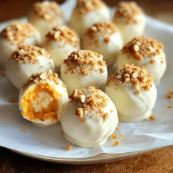 - 8 oz cream cheese, softened - 1 cup pumpkin puree - 1 cup powdered sugar - 1 teaspoon vanilla extract - 1 teaspoon pumpkin spice blend - 1 cup graham cracker crumbs - 1 cup white chocolate chips, melted - Optional toppings: crushed walnuts or pecans These ingredients create a rich and creamy treat. The cream cheese gives a smooth base. Pumpkin puree adds a warm flavor, making it perfect for fall. The powdered sugar sweetens the mix well. Vanilla extract enhances the taste with a lovely aroma. The pumpkin spice blend brings a mix of cinnamon, nutmeg, and ginger. These spices make each bite cozy and festive. The graham cracker crumbs provide a crunchy texture. They also help bind everything together. Finally, the melted white chocolate coats the truffles. This adds sweetness and a nice finish. You can also roll the truffles in crushed nuts for extra crunch. With these ingredients, you create a delightful treat that everyone will love. Start with 8 oz of cream cheese. Use a mixer to beat it until smooth. Cream cheese should be soft and fluffy. Next, add 1 cup of pumpkin puree, 1 cup of powdered sugar, 1 teaspoon of vanilla extract, and 1 teaspoon of pumpkin spice blend. Mix all of this well until it’s creamy and combined. You want a light and airy texture. Now, stir in half of the 1 cup of graham cracker crumbs. This adds crunch and flavor. Cover the bowl and chill the mixture for about 1 hour. This makes it easier to handle. Once chilled, scoop out about 1 tablespoon of the mixture. Roll it into a small ball, about 1 inch in size. Place each ball on a parchment-lined baking sheet. Chill them again for 30 minutes to set. While the truffles chill, melt 1 cup of white chocolate chips. Heat them in a microwave-safe bowl in 30-second bursts. Stir in between until smooth. Dip each chilled truffle ball into the melted chocolate. Make sure to coat it fully. Use a fork to lift it out and let excess chocolate drip off. Place it back on the parchment. Before the chocolate hardens, roll the truffles in the remaining graham cracker crumbs or sprinkle with crushed walnuts or pecans. Let the truffles cool at room temperature. Store them in an airtight container in the fridge until serving. To make great truffles, you need a few tools. A large mixing bowl, an electric mixer, and a baking sheet lined with parchment paper work best. Keep your ingredients cold. This helps the truffles hold their shape. When mixing, beat the cream cheese until smooth. This step is key for creamy truffles. To get the right consistency, chill the mixture for at least one hour. This makes it easier to roll into balls. If it’s too soft, add more graham cracker crumbs. This helps firm it up. You can add more flavors to your truffles. Try a pinch of nutmeg or a dash of ginger. These spices boost the pumpkin taste. You can also use vanilla bean for a richer flavor. When dipping in chocolate, make sure it’s fully melted. Stir it well to avoid lumps. Use a fork to dip the truffles. This keeps your hands clean. Let excess chocolate drip off before placing them on parchment paper. For a fun finish, roll them in graham cracker crumbs or sprinkle with crushed nuts. This adds texture and flavor. {{image_2}} You can change the flavor of these truffles easily. One option is to use dark chocolate instead of white chocolate. Dark chocolate adds a rich taste and makes the truffles a bit more adult-friendly. You simply melt dark chocolate and dip your truffles in it. This swap gives a nice contrast with the sweet cheesecake filling. You can also swap out the pumpkin spice with other flavors. Try adding a bit of peppermint extract for a winter twist. You might want to use orange zest to give it a fresh, citrusy note. Each flavor brings a new life to these truffles. Experimenting is part of the fun! If you want to make these truffles gluten-free, simply use gluten-free graham cracker crumbs. Many brands now offer these, and they work just as well. This way, everyone can enjoy the treat without worry. For vegan adaptations, use a dairy-free cream cheese. There are many brands that offer tasty vegan options. Replace the white chocolate with dairy-free chocolate chips. This keeps the truffles creamy and delicious while being plant-based. You’ll have a delightful treat for all diets! To keep your pumpkin spice cheesecake truffles fresh, store them in an airtight container. Glass or plastic containers work well. These containers will help keep the moisture in and prevent the truffles from drying out. Place parchment paper between layers of truffles to avoid sticking. Refrigerate the container right after making the truffles. They will stay fresh and tasty when stored in the fridge. Pumpkin spice cheesecake truffles last about one week in the fridge. If you want to keep them longer, freezing is a great option. To freeze, place the truffles on a baking sheet lined with parchment paper. Make sure they are not touching. Freeze them for about one hour. Once frozen, transfer the truffles to an airtight container or freezer bag. Label the bag with the date. When you want to enjoy them again, take out as many truffles as you need. Thaw them in the fridge overnight. This keeps them creamy and tasty. Yes, you can make these truffles in advance. They hold up well in the fridge. Make them a day or two ahead of time. This way, you save time when guests arrive. Just store them in an airtight container. They stay fresh and flavorful. If you want a cream cheese substitute, use mascarpone cheese. Ricotta cheese can also work. Both will give you a rich and creamy texture. You can also try a dairy-free cream cheese if needed. Just ensure it fits your taste. You can tell the truffles are set when they feel firm to the touch. After chilling, they should hold their shape well. If they are still soft, give them more time in the fridge. The chocolate coating should also feel hard. Absolutely! Homemade pumpkin puree can add a fresh taste. Just ensure it is smooth and thick. Drain any excess water for the best results. This will help your truffles stay firm and delicious. Yes! If you want a nut-free option, skip the nuts entirely. Instead, roll the truffles in more graham cracker crumbs. You can also use shredded coconut or sprinkles for a fun touch. These alternatives will keep your truffles tasty and safe for all. You learned how to make delicious pumpkin spice cheesecake truffles. We covered the key ingredients, step-by-step instructions, and helpful tips. You can also explore tasty variations and learn best storage practices. These truffles are easy to make and fun to customize. Try them for your next gathering or treat yourself. Enjoy the festive flavors and impress your friends! Happy cooking!