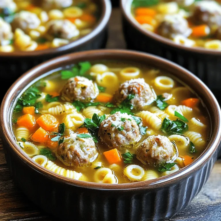 - 1 pound ground turkey or chicken - 6 cups low-sodium chicken broth - 1 cup small pasta (such as acini di pepe or orzo) The base of Italian wedding soup is simple yet rich. Ground turkey or chicken gives it a lean protein source. I love using low-sodium chicken broth for a clean taste. Small pasta like acini di pepe or orzo adds a delightful texture. You can also choose gluten-free pasta if you prefer. - 1 medium onion, finely chopped - 2 cloves garlic, minced - 1 large carrot, diced - 1 large stalk celery, diced - 1 cup fresh spinach, chopped Next, we have the vegetables. Onions and garlic bring depth and warmth. Carrots and celery add crunch and sweetness. Fresh spinach adds a vibrant color and nutrients. I chop it finely so it wilts nicely in the soup. - 1 teaspoon dried oregano - 1 teaspoon dried thyme - 1 cup grated Parmesan cheese - Fresh parsley, chopped (for garnish) Seasoning is key to great flavor. Dried oregano and thyme complement the broth and meatballs. Grated Parmesan adds creaminess and richness. Finally, fresh parsley brightens up the dish with its fresh taste. I sprinkle it on top right before serving. First, grab a large bowl. Add 1 pound of ground turkey or chicken. Next, pour in 1/4 cup of breadcrumbs. Crack in 1 large egg, and sprinkle in some salt and black pepper. Mix the ingredients well with your hands. Form the mixture into small meatballs, about 1 inch in size. Once you shape them, set them aside on a plate. Now, take a large pot and heat 1 tablespoon of olive oil over medium heat. Add 1 medium chopped onion, 2 minced garlic cloves, 1 large diced carrot, and 1 large diced stalk of celery. Sauté these veggies for about 5 minutes. You want them to soften but not brown. This step builds a great base for the soup. Next, pour 6 cups of low-sodium chicken broth into the pot. Bring the broth to a gentle boil. Add in 1 teaspoon of dried oregano and 1 teaspoon of dried thyme. Carefully drop your meatballs into the boiling broth. Lower the heat and let it simmer for about 10 minutes. This cooks the meatballs through. After that, stir in 1 cup of small pasta, like acini di pepe or orzo. Simmer according to the package instructions for about 7 to 10 minutes. In the last minute of cooking, toss in 1 cup of chopped fresh spinach. Stir until it wilts. Finally, remove the pot from heat. Mix in 1 cup of grated Parmesan cheese until it melts. Taste and adjust seasoning with salt and pepper to your liking. To boost flavor, adjust your seasonings. Add more oregano or thyme if you prefer. Fresh herbs can also brighten the soup. They have a stronger taste than dried ones. Use fresh parsley for garnish to add a pop of color. To keep meatballs tender, do not overmix the meat. Just combine the ingredients gently. Shape them into small balls, about an inch wide. This size helps them cook evenly. For perfect pasta, add it at the right time. Follow the package's cooking time for best results. Remember, overcooked pasta can become mushy. Serve the soup in deep bowls for a cozy feel. Garnish with fresh parsley and a sprinkle of Parmesan. This adds flavor and looks nice. Pair your soup with crusty bread for a hearty meal. A side salad can also work well. {{image_2}} You can easily make a vegetarian version of Italian wedding soup. Start by swapping chicken broth for vegetable broth. This swap keeps the soup rich and flavorful. For the meatballs, use plant-based meat alternatives like lentils, chickpeas, or tofu. These options provide protein and texture. Add a variety of vegetables to enhance your dish. Try zucchini, bell peppers, or peas. Each vegetable brings its own unique taste. Fresh herbs like basil or parsley can also add a burst of flavor. For those needing gluten-free meals, choose gluten-free pasta. Brands now offer options like rice or chickpea pasta. These types blend well with the soup. Adjust the breadcrumbs in your meatballs. Use gluten-free breadcrumbs or ground nuts for binding. This ensures your meatballs hold together without gluten. Italian wedding soup has many regional twists across Italy. In some areas, they add different meats like sausage or beef. Others may include unique vegetables that grow abundantly in their region. Explore local flavors by using specific herbs or spices. For example, adding saffron can give a distinct taste. Each region's special touch makes the soup even more inviting. Store your Italian Wedding Soup in the fridge for up to three days. Use airtight containers to keep it fresh. Let the soup cool before sealing it. This helps prevent condensation inside the container. When you’re ready to eat, simply reheat it on the stove or in the microwave. Stir it well to ensure even heating. You can freeze Italian Wedding Soup for up to three months. To freeze, let the soup cool completely. Then, pour it into freezer-safe containers or bags. Leave some space at the top for expansion. When you want to enjoy it again, move the soup to the fridge overnight to thaw. Avoid microwaving it directly from frozen, as this can change the texture. When reheating, do it slowly on the stove. Stir occasionally to keep the soup smooth. Add a splash of broth or water if it seems thick. This will help keep the flavors bright and tasty. Enjoy the comfort of your soup, even after some time in the freezer! Italian Wedding Soup has roots in Italy. It is not a wedding dish, but a symbol of unity. The name comes from the Italian phrase "minestra maritata," meaning "married soup." This refers to the tasty mix of greens and meat. Traditional ingredients include small pasta, meatballs, and greens. You often find spinach or escarole in the mix. These fresh veggies add color and nutrients to the soup. The combination creates a comforting dish that many families enjoy. Yes, you can make Italian Wedding Soup ahead of time. Meal prep saves time on busy nights. Cook the soup and store it in the fridge for up to three days. However, the pasta may soak up broth and become soft. To keep the soup fresh, cook the pasta separately and add it when serving. This keeps the texture just right, so you enjoy every bite. If you want a meat-free option, you have choices! You can use lentils, beans, or tofu. These alternatives cater to different diets and still taste great. Substituting meat may change the flavor and texture a bit. Lentils add earthiness, while beans give a creamy feel. No matter what you choose, the soup remains hearty and satisfying. Italian Wedding Soup is a delicious blend of flavors and textures. We explored its main ingredients, from ground turkey to vibrant veggies. I shared step-by-step instructions to help you create this dish at home. Remember to enhance flavors with herbs and customize it to fit your diet. Whether you choose to make it vegetarian, gluten-free, or stick to tradition, this soup warms the heart. Store leftovers properly, and don't worry about making it ahead of time. Enjoy the process of cooking and sharing this comforting meal with others.