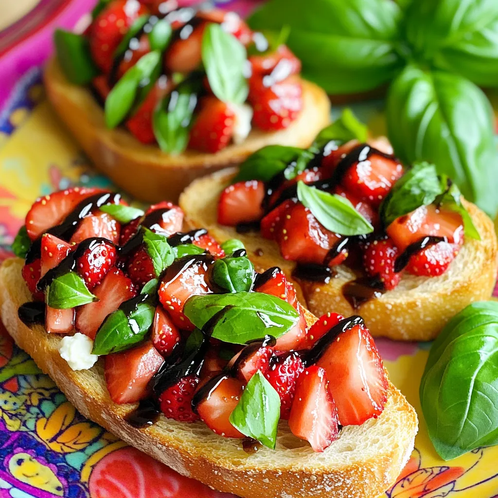 To make strawberry basil bruschetta, you need these key ingredients: - 1 French baguette, sliced into 1/2-inch pieces - 1 cup fresh strawberries, hulled and diced - 1/4 cup fresh basil leaves, chopped - 2 tablespoons balsamic glaze - 1 tablespoon honey - 1 teaspoon lemon zest - Salt and pepper to taste - Olive oil for brushing These ingredients create a fresh and vibrant flavor. The strawberries bring sweetness, while the basil adds a nice herbal touch. You can add some extra flair with these optional ingredients: - 2 ounces goat cheese or cream cheese Cream cheese gives a rich texture. Goat cheese adds a tangy taste. Choose based on your preference. Don’t worry if you lack an ingredient; there are easy swaps! - Use sourdough bread instead of a French baguette for a different taste. - Swap honey for maple syrup if you want a vegan option. - If you don’t have balsamic glaze, try a splash of lemon juice mixed with a bit of sugar. These substitutions keep the flavor intact while making it your own. To start, preheat your oven to 400°F (200°C). This heat will help crisp the bread. Next, take your French baguette and slice it into 1/2-inch pieces. Lay the slices on a baking sheet. Brush each slice lightly with olive oil. This adds flavor and helps with browning. Bake the slices for 5-7 minutes. Keep an eye on them; you want them golden and crisp. Once done, remove them from the oven and let them cool slightly. In a medium bowl, combine 1 cup of diced strawberries and 1/4 cup of chopped basil leaves. These two ingredients bring freshness and flavor. Then, add 2 tablespoons of balsamic glaze and 1 tablespoon of honey. The glaze adds a tangy kick, while honey adds sweetness. Grate in 1 teaspoon of lemon zest for a bright touch. Finally, sprinkle in a pinch of salt and pepper. Gently toss everything together until well mixed. Now, it’s time to assemble your bruschetta. If you want a creamy layer, spread goat cheese or cream cheese on each toasted baguette slice. This is optional but adds a nice richness. Now, top each slice with a generous spoonful of your strawberry basil mixture. For a finishing touch, drizzle a little extra balsamic glaze on top. Serve these treats immediately while the bread is warm or at room temperature. Arrange them on a colorful platter and add whole basil leaves for a beautiful look. Enjoy this fresh and flavorful treat! Toasting the baguette right makes a big difference. Start by preheating your oven to 400°F (200°C). Slice the baguette into 1/2-inch pieces. Lay them on a baking sheet. Brush each slice lightly with olive oil. This adds flavor and helps them crisp up. Toast the bread for about 5-7 minutes. Watch closely for a golden color. Once toasted, let them cool slightly. This step makes the bruschetta crunchy and perfect for topping. Balsamic glaze adds sweetness and tang. Use about 2 tablespoons for this recipe. Mix it with strawberries and basil for a great balance. If you want more tang, add a little lemon juice. For extra sweetness, you can add a drizzle of honey. Taste as you mix, and adjust to your liking. This helps create a flavor that pops in your mouth. Strawberry basil bruschetta is great for many events. For casual gatherings, serve it on a colorful platter. Add whole basil leaves for a nice touch. At a fancy dinner, use small plates for each guest. Pair it with wine for an elegant feel. You can also serve it as an appetizer or a light snack. This dish works well for picnics too. Just pack it in a container and enjoy outdoors. {{image_2}} You can change the fruit in this bruschetta. Try peaches or mangoes for a twist. They add sweetness and a nice texture. You can also mix berries like blueberries or raspberries. A mix of fruits gives a colorful look and fresh taste. Always chop the fruit into small pieces for easy eating. If you want a vegan option, skip the cheese. Use avocado spread on the bread instead. This adds creaminess without dairy. You can also add a sprinkle of nutritional yeast for a cheesy flavor. Use maple syrup in place of honey for sweetness. These swaps keep the bruschetta tasty and friendly for all diets. For a filling meal, think about adding protein. Grilled chicken or shrimp pairs well with the strawberries. You can also use chickpeas mixed in the topping. This adds texture and makes your bruschetta more filling. Just be sure to season the protein well. It enhances the overall flavor of your dish. If you have leftover bruschetta, store it in a covered container. Keep it in the fridge. The bread may get soggy, but the topping stays fresh. Enjoy it within one day for the best taste. To keep the ingredients fresh, store them in separate containers. Place the diced strawberries in one container. Put the chopped basil in another. If you have extra balsamic glaze, keep that sealed too. This method helps maintain each flavor. You can freeze the baguette slices before baking. Lay them flat in a single layer. Wrap them tightly in plastic wrap or foil. When ready to use, just bake them from frozen. Add a few extra minutes to the baking time. This keeps your bruschetta fresh and ready to enjoy! You can use cream cheese if you want a smoother taste. Ricotta cheese works well too. For a dairy-free option, try cashew cheese. Each choice adds a different flavor. Feel free to be creative with your toppings. Yes, you can prep the strawberry basil mix in advance. Just store it in the fridge. The bread is best when toasted fresh. Toast it just before serving for the best crunch. Bruschetta is best enjoyed fresh. If you have leftovers, store them in an airtight container. They will last for about a day in the fridge. The bread may become soft over time, but the flavor stays good. Reheat the bread slightly in the oven. This brings back some crispness. You can also serve it cold, but fresh is always better. Drizzle some balsamic glaze before serving for extra flavor. This blog covered all you need to know about making delicious bruschetta. You learned about key ingredients and fun options to boost flavor. I shared easy step-by-step instructions for prep and assembly. Tips helped you toast bread perfectly and balance flavors well. You also explored variations for fun twists and how to store leftovers. Now, you can create tasty bruschetta at home for any occasion! Enjoy your new skills and impress your friends with your tasty creations.